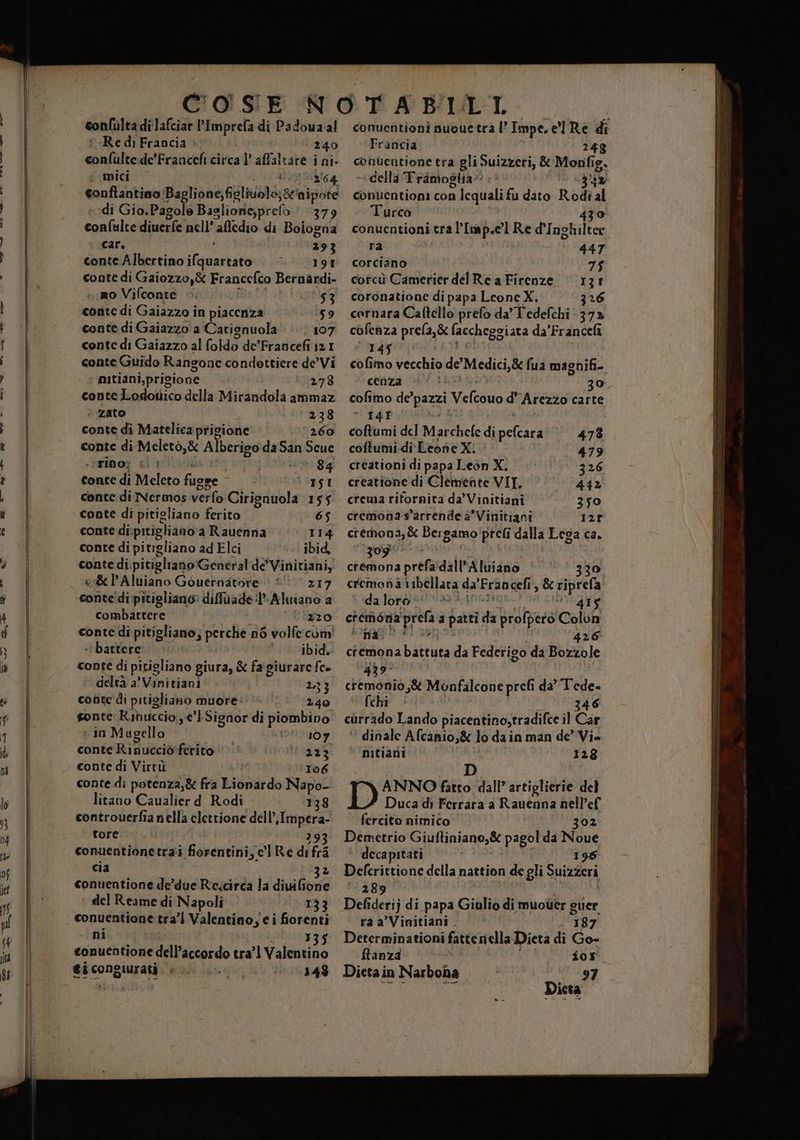 confulta di lafciar l’Imprefa di Padouaal Re di Francia i 240 nlulie de’Francefi circa ]’ aftaltite i ni- conftantino: Baglione,figlivolo; di ‘nipote car. 293 conte Albertino ilquartato |. > 191 conte di Gaiozzo,&amp; Franccfco Bernardi- «mo Vifconte ©. 1a0dlsa conte di Gaiazzo in piacenza 59 conte di Gaiazzo'a Catignuola 107 conte di Gaiazzo al foldo de’Francefi iI conte Guido Rangone condoettiere de’ Vi pitiani,prigione 273 conte Lodotiico della Mirandola ammaz i zato 238 conte di Matelica prigione 260 conte di Meleto,&amp; Alberigo da San Scue iribo; £:1 ‘03 8g conte di Meleto fuope 151 conte di Nermos verle Cirignuola 1155 conte di pitigliano ferito 65 conte di.pitigliano a Rauenna | (114 conte di pitrgliano ad Elci ibid, conte di pitigliano' General'de Vinitiani, &amp;&amp; | Aluiano Gouernatore © 217 conteldi pitigliano» difluade il Aluiano a combattere i azo conte di Pugno perche n6 volfe coni «battere»: ibid. conte di pitig gliano giura, &amp; fa giurarcfe. deltà a'Vinitiani : 233 conte di pitigliano muore: 240 sonte Rihuccio ye Signor di piombino : in Mugello (107 conte Rinucciò ferito !* Li: t44 conte di Virtù ‘ 106 conte.dì potenza,&amp; fra Lionardo Napo- litano Caualier d Rodi 138 controuerfia nella clettione dell’ pio tore 293 conuentione trai fiorentini, 1 Re di frî cia conuentione de’due Reicirca la divifione | del Reame di Napoli 133 conuentione: tra’! Valentino, ei fiorenti ni 135 conuentione dell'accordo tra’ Valentino gocongizzati CRISTINA IE IO 1 0) Francia 248 conuentione tra gli Suizzeri, &amp; Monfig. 34 conuentioni con n lequali fu dato Dig ‘al Turco zo conucntioni tra PInap.el Red laohilfcc ra 447 corciano “Dil cofcù Camerier delRe a Firenze 131 coronatione di papa Leone X. 726 «cornara Caftello prefo da’ Tedefchi 37» cofeaza prela,&amp; laccheggiata da'Francefi 145 pe: imo Vecchie de Medici, &amp; fua magnifi- cofimo de’ Da Vefcono d’ Arezzo carte -\14É coftumi del Marchele di Ria 478 coftumidi Leone X: 479 creationi di papa Leon X, | 326 creatione di Clemente VII. 442 crema rifornita da’Vinitiani “——350 cremona s'arrende a’Vinitiani 12r cremona, &amp; Bergamo preti dalla Lega ca. vigdita cremona prefa'dall’Aluiano ‘ 330 cremona ribellata da(Frsa cefi', &amp; ‘riprefa da loro!» pedate” 14 ciemona a prefa a patri MO profpero Colon na: 426 cremona battuta da Federigo da Bozzole 439- cremonio,&amp; Munfalcone prefi i da” Tede- fchi 346 currado Lando piacentino;tradifce il Car ‘* dinale Afcanio,&amp; lo da in man de’ Vi. nitiani: 128 D ANNO fatto ‘dall’ artiglierie del Duca di Ferrara a Rauenna nell’ef fercito nimico 302 Demetrio Giuftiniano,&amp; pagol da Noue decapitati i 198 Defcrittio ne della nattion de gli Suizzeri 289 ra a’Vinitiani . 3 87 Determinationi fattenella Dieta di Go- ftanza i0y Dieta in Narbona , LISRE Dieta _—_—rae—eo=_e— = “REZZA