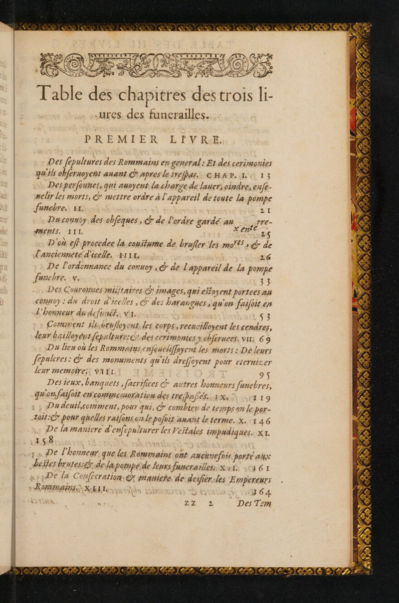 VE 7 F ST ST Eu (| ea: ti = V GE Ÿ gë LT DE NE ET, UT 27 Ro PNR Table dés chapitres des trois li- ures des funerailles. PREMIER LTY Ra. Des fepultures des Rommains er. general: Et des cerimories qu'ils obféruoyeñt auant C* apres le trefpas.. cHAR. 1 13 Des perfounes, qui auoyent la charge de lauer; oindre, enfe- #elir les morts, € mettre ordre à l ‘appareil detcute La pompe funebre, xx. si + Ch Ducounsy des obfèques , &amp; de l'ordre gardé au. Ter #BERIS. III | NEA D'ou eff proccdee la coutume de brufler Les mo't5 s € de l'ancienneté d'icelle. 4111, 26 De l'ordonnance du conuoy , &amp; de appareil de la pompe Junebre. v. 3 3 . Des Couronses militaires eg IMAGES, qui efloyent portees A4 comoy : du droit d'icelles , &amp;° des harangues ; qu'on fajoit en L'honneur du defence VA | LS 3 Cornsent 1schrufloyent. des corps, vecwetUoyent les cendres, leur bailloyent fepulture:des CCYIMDRLES ohferwees. vir: 69 Dh lieu on les Rommains enjeucliffoyent les morts : De leurs leur inemoire: Ya: 1 | Æ Des 1eux, banquets ’ facrifices C aitres honneurs funebres, 2 p . s Le ER lors pas 2. Vs : : quon faifoit CP CORAIICIHOTAÉIOR dés tre paies. EX, 119 1 . ‘ } ‘ ] . Du denilicomment, por qui, © combier de tempson le por- De la maniere d'enfepulturer les Vestales tippudiques. X\. &gt; : L . J 1] 64. sg NE à Des Term