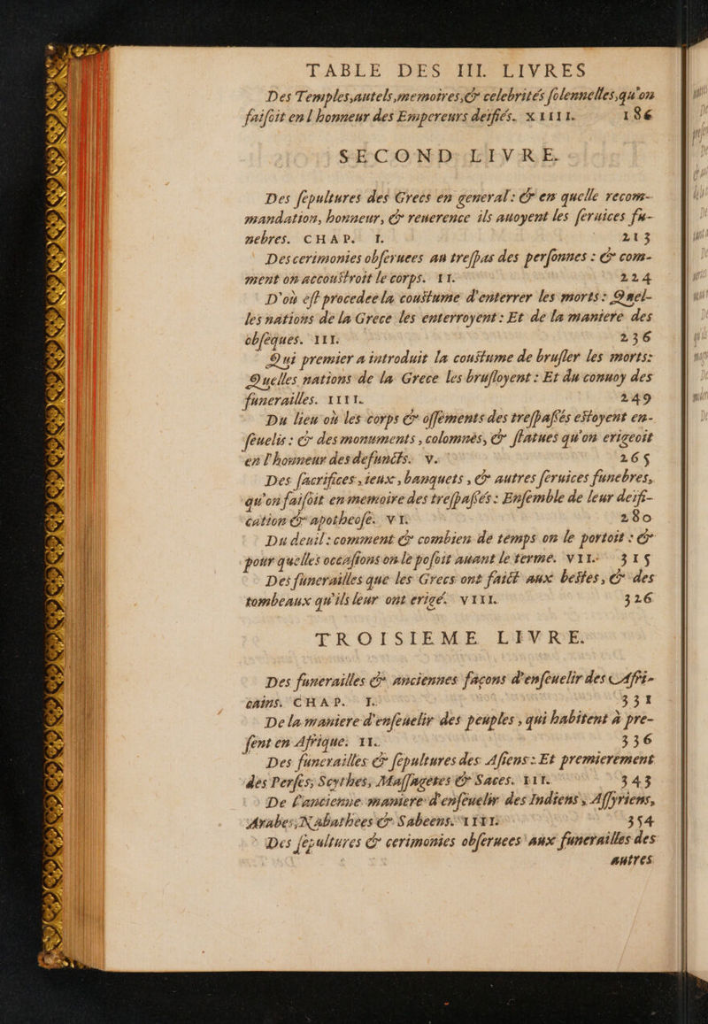 TABEE DES PEN PIVRES Des Temples,autels,memotres, € celebrités folennclles, qu'on faifcit en l'honneur des Empcereurs defiés. X 1111. 186 SECOND LIVRE. Des fepultures des Grecs en general: d'en quelle recom- mandation, honneur, &amp; renerence ils auoyent les [eruices fn- mebres. CHAP. TI. dt:3 Des cerimonies obfèruees as trefhas des perfonnes : C° com- ment on accouStroit le corps. 11. À2 4 D'où eff procedeela costume d'enterrer les morts: Quel- les nations de la Grece les enterroyent: Et de la maniere des obfèques. VI 236 3 Qui premier 4 introduit la cousfume de brufler les morts: Quelles nations de la Grece les brufloyent : Et du conuoy des funerailles. 1111. 249 Du lien’ où les corps € offéments des trefaffés eïtoyent en- buelis: &amp;* desmonwments , colomnés, @ ffatues qu'on erigeoit en l'honneur des defunits. v. 26$ Des facrifices,teux, banquets , G* autres [éruices funebres, qu'on faifoit en memoire des trefpafsés : Enfemble de leur deif- cation apotheofé. VI. 280 Du deuil:comment &amp; combien de temps on le portoit : € pour quelles occnfionson le pofoit auant leterme. V11+7 315 Des funerailles que les Grecs ont fait aux bestes, C* des tombeaux qu'ils leur ont erigé. V1xx. 326 TROISIEME LEVRK'E. Des funerailles &amp;* anciennes facons d'enfeuelir des CAÿ:- eAins. CHAP. I. 331 De la maniere d'enfenelir des peuples ; qui habitent à pre- ent en Afrique: 11. 336 Des funerailles &amp; fepultures des Afiens: Et premierement des Perfés; Seythes, Maffagétes © Sares. 11. 343 De l'ancienne maniere d'enfeuelir des Indiens, Affyrienss, Arabes; Xabathees C Sabeens Ait 354 Des jésultures &amp; cerimonies obfernces' aux funerailles des antres