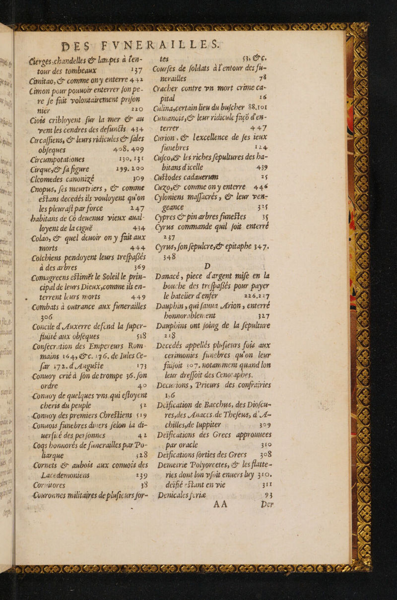 _— “e 3 Var ! Say NT a \ | « *  VS ET | hate. Vars \ dé Æ À Cierges chandelles @ larpes à l'en- tour des tombeaux 137 Cimitao, CT comme on EnÉErrE 4 +2 Cimon pour pouuoir enterrer fon pe - re Je fai volontairement prijon nier 220 Ciots cribloyent fur la mer € au vent les cendres des defun£is. 434 Crrcaffiens, &amp; leurs ridicules @r fales obfeques 408, 499 Circumpotationes 130, 130 Cirque, fa figure 199. 200 Cleomedes canonizé 309 Cropus, fes meurtriers , * comme eStans decedés ils vouloyent qu'on les pleuraft par force 247 habitans de Co deuenus vieux aual- loyent de la ciguë 434 Colao, &amp; quel deuoir on y fait aux morts 444 Coichiens pendoyent leurs trefbafsés a des arbres 369 Cormagreens eStimbt le Soleil le prin- cipal de leurs Dieux,comme ils en- terrent leurs morts 449 Combats à outrance aux funerailles 306 Concile d'Auxerre defend la fuper- fiuité aux cbfèques 518 Confecration des Empereurs Rom mains 164, °c. 176. de Iles Ce- far 172. d,Auguñte 173 Conuoy crié à fon detrompe 36. fon ordre 40 Conuoy de quelques vns.qui effoyent cherts du peuple 52 Conuoy des premiers Chreëliens s19 Conuots funebres diners felon la dt- uerfsié des per jonnes 42 Cogs bonnorés de faneralles par Po- harque 28 Cornets &amp; aubois aux conuoïs des Lactdemontens 239 Corritores 33 Conronnes militaires de plaficurs jor- = tes sn ce, Courfes de foldats à l'entour des fu- ncrailles 7à Cracher contre on mort crime ca- pital 16 Culina,certain lieu du bufcher 88.101 Cumancis, © leur ridicule faco d'en- terrer 447 Curion, &amp;° lexcellence de fes ieux funebres 124 Cufcof les riches fepultures des ha- bitans d'icelle 439 Cu$todes cadanerum 2$ Cuzo, ST comme on enterré 446 Cyloniens maffacrés , © leur ven- geance 321$ Cypres Spin arbres funestes 35 Cyrus commande quil foi enterré 237 Cyrus, fon fépulcre, epitaphe 347. 348 D Danacé, piece d'argent mife en la bouche des trefpaf$és pour payer le bateber d'enfer 226,217 Dauphin ; qui fauma ,Arion ; enterré bonnorablen:ent 327 Dauphins ont foing de la fépulture 218 Decedès appellés plufieurs fois aux cerimomies funebres qu'on leur faifoit 207, notamment quand lon leur dreffoit des Cenoraphes. Decurions, Prieurs des confrairies 1,6 Dcification de Bacchus, des Diofcu- res,des ,Anaces,de Thefeus, d'.4- chilles,de Tuppiter 309 Deéifications des Grecs approuuees par oracle 310 Deifications forties des Grecs 398 Demeirie Poiyorcetes, 7° les flaite- ries dont lon pfoit enners luy 310. deifié <ftant en vie 311 Denicales jeriæ 93 A À Der PTS À LP À AVES RASE KV PAL, à PA PPS À 6 K® (63,26 } Le À NE à 10 )( 6 +) (Ce 2 } Ce’. pe