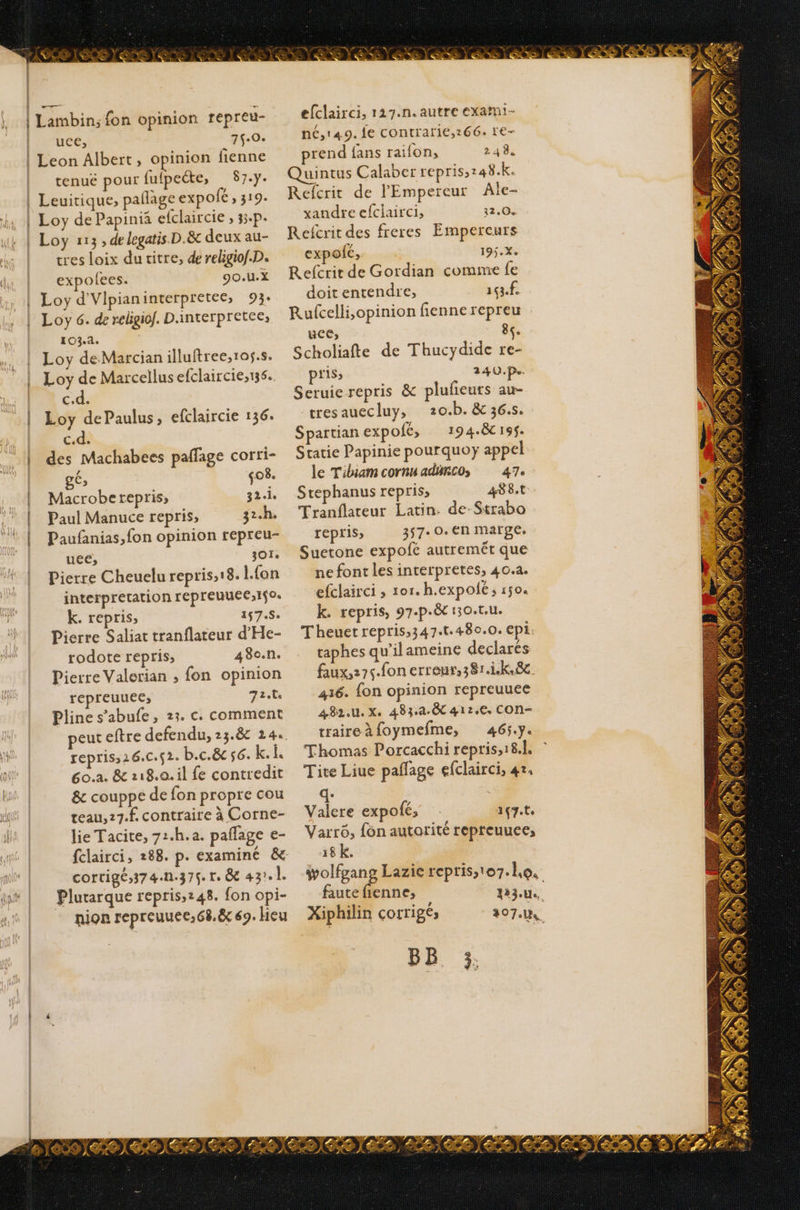 | | | | : Lambin; fon opinion repreu- uce, 75.0. Leon Albert, opinion fienne tenué pour fufpeéte, 87.y. Leuitique, pañlage expolé, 319. tres loix du titre, de religiof.D. expolees. 90.U.X Loy 6. de religiof. D.interpretce, 103.4. Loy deMarcian illuftree,ros.s. Loy de Marcellus efclaircie,136.. c.d. Loy dePaulus, efclaircie 136. c.d. des Machabees paffage corti- GC ç08. Macroberepris, 32.i. Paul Manuce repris, 32.h. Paufanias, fon opinion repreu- uee, OI. Pierre Cheuelu repris,18. {on interpretation repreuuee;190 k. repris, 157.5. Pierre Saliat tranflateur d'He- rodote repris; 480.n. Pierre Valerian ; fon opinion repreuuec; 72.t. Pline s’abufe, 23. c. comment repris,26.c.52. b.c.&amp; 56. k. Î. 6o.a. &amp; 218.0. il fe contredit &amp; couppe de fon propre cou teau, 27.f. contraire à Corne- lie Tacite, 7:.h.2. pañlage e- fclairci, 288. p. examiné &amp;c cortigé,374.n-376. r. &amp; 431. Plutarque repris,248. fon opi- nion repreuuee,68.&amp; 69. Heu efclairci, 127.n. autre exami- né, 14.9. le contrarie,:66. r€- prend {ans raifon, 248. Quintus Calaber repris;248.k. Refcrit de l'Empereur Ale- xandre efclairci, 32.04 Refcrit des freres Empercurs expolé, 195.X. Refcrit de Gordian comme fe doit entendre, 163.f. Rufcelli,opinion fienne repreu ce; 86: Scholiafte de Thucydide re- pris, 240.p- Seruie repris &amp; plufieurs au- tresauecluy, 20.b. &amp; 36.5. Spartian expofé, 194.8 195. Statie Papinie pourquoy appel le Tibiam cornu aduncos 47. Stephanus repris; 488.t Tranflateur Latin. de-Strabo repris» 357 0. En Marge. Suetone expofé autremêét que ne font les interpretes, 40.4. efclairci ; or. h.expolé; 150. k. repris, 97.p.8&amp;c 130.t.u. Theuet repris,347.t.480.0. epi. taphes qu'ilameine declarés faux,27ç.fon erreur,381.ik.8c 416. {on opinion repreuuee 482.u. x. 483.40 412.0. CON- traireàfoymefme, 465.7. Thomas Porcacchi repris,18.l. Tite Liue paflage efclairci, 42. Valere expofé, 147.t. Varrô, fon autorité repreuuee, 18 K. ivolfgang Lazie repris;to7.ho. faute fienne, Lu Xiphilin corrigés CP AT BB. 3.