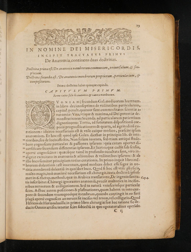 ————— — 3 aime, S FUA Am IN 4 Do£trina prima efl De an atomiA membrorum communium ,uniuerf alium, c frm- hcium. «Dotlvina fecunda eft , «De anatomia membrorum propriorum , particularium , Cr compofitorum. Prima doctrina habet quinque capitula. C ur PUT PEE M PRIM F M. Sermo niue falis de anatomia (e vatura membrorum. Z EM IOÓSNOE UE M ( fecundum Gal. medicorum lucernam, (PRTOx S SIL COUP. : : 2 P 1  (9/7 S8 OWN. in libro decimofeptimo de vtilitatibus particularum, / capitul.penult.quatuor funt commoditates fcientix a« » natomiz: Vna,vtique &amp; maxima,ad Dei potentie de- H UN monftrationem:Secunda, ad particularum patientium 3 Uo NNIGar 7) dignotiopem: Tertia, ad futurarum difpofitionü COL | eem dd poris prognofticationem:&amp; quarta, ad xgritudinü cu- tationem : idcirco neceffarium eft &amp; vtile cuique medico , przfcire ipfam anatomiam. Et hoc eft quod ipfe Galen. dicebat in principio lib. de intc- rioribus,feu de locisaffe&amp;tis, Non folüm iuuenes, fed ctiam antiqui ftude- bant cognofcere particulas &amp; paffiones ipfarum : quia curam oportet di- uerfificare fecundum differentias ipfarum.Ect licet ea qua cadtüit fub fenfus, aperté cognofcátur: quacüque tamé in profundo occultata funt, viro in- digent excrcitato in anatomia &amp; actionibus &amp; vtilitatibus ipfarum: &amp; ab illo loco fumitur principium totius curationis, In primo inquit libro mé- met in G.therap.methodi, quz in Arabica tranflatione,De ingenio fanita- Caja tis infcribitur. Chirurgi ignorantes anatomiá,peccát multoties in incifio- nibusneruorum &amp; colligationum. Sed tu naturá vniufcuiufque particula fcies. Adhuc autem pofitiones &amp; plafmationes,quam habent in toto«or- pore:&amp; fecundum ynumquodque membrum,;quando contingit in eo fieri plagá aperté cognofces an neruus fit incifüs vel tenon,vel colligatio.Quod Héricus de Hermodauilla in primo libro chirurgiz fuz hac ratione fic de- ducit:Omnis artifex tenetur fcire fubie&amp;ü in quo opcratur:aliter operádo A zs
