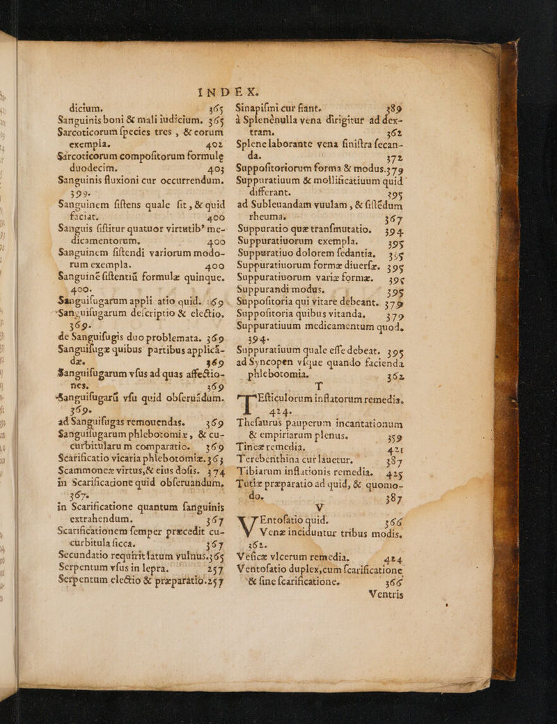 Sancuinis boni € mali iudicium. 365 Sarcoticorum Ípecies tres , &amp; eorum exempla. 491 Sárcoticorum compofitorum formule duodecim. 403 Sanguinis fluxioni cur occurrendum. 399. Sanguinem fiftens quale fit , &amp; quid faciat. 400 Sanguis fiflitur quatuor virtutib? me- dicamentorum., 400 Sanguinem fiftendi variorum modo- rum exempla. 400 Sanguine fiftentii formule quinque. 400. | 'Sanzuifugarum deicriptio &amp; ele&amp;io. 69. de Sanguifu gis duo problemata. 369 Sanguifugz quibus partibus applicá- dz. 369 Sanguifugarum vfus ad quas affe&amp;io- nes, 169 Sanpguifugarü vfu qvid obferuidum. 369. adSanguifugas remouendas. — 369 Sangutíugarum phlebotomie, &amp; cu- curbitularu m comparatio. — 36:9 Scarificatio vicaria phlebotomiz. 6; Scammoncez virtus,&amp; eius dofts. 37 in 3cariticagone quid obferuandum, 367. : in Scarificatione quantum fariguinis extrahendum. 367 Searificationem femper przcedit cu- curbitula ficca. 3167 Secundatio requíritlatum vulnus.;65 Serpentum vfus in lepra. 257 Serpentum cle&amp;io &amp; preparatio.257 à Splenénulla vena dirigitur ad dex- tram. 362 Splenelaborante vena finiftra fecan- da. 37 Suppofitoriorum forma &amp; modus.?79 Suppuratiuum &amp; molliáicatiuum quid differant. 195 ad Subleuandam vuulam , &amp; (il&amp;dum rheuma. 367 Suppuratio quz tranfmutatio., 394. Suppuratiuorum exempla. 395 Suppuratiuo dolorem fedantia, — s; Suppuratiuorum formz diuerfx. 395 Suppuratiuorum varieformz. —;9« Suppurandi modus. 19$ Suppofitoria qui vitare debeant. 379 Suppofitoria quibus vitanda, — 379 Suppuratiuum medicamentum quod, 39 4- mss Suppuratiuum quale effe debeat. 95 ad Syncopen víque quando faciendà phlebotomia. 362 T Efticulorum inflatorum remedia, 424- Thefaurus pauperum incantationum &amp; empiriatum pienus, 359 Tines remedia, 421 Terebenthina cur lauetur, 387 Tibiarum inflationis remedia, 42$ Tutix przparatio ad quid, &amp; quomio- do. 387 V Entofatio quid. 166 M vio inciduntur tribus modis, 362. Ve(ice vlcerum remedia. 424 Ventofatio duplex,cum fcarificatione &amp; fine fcarificatione, 366 Ventris