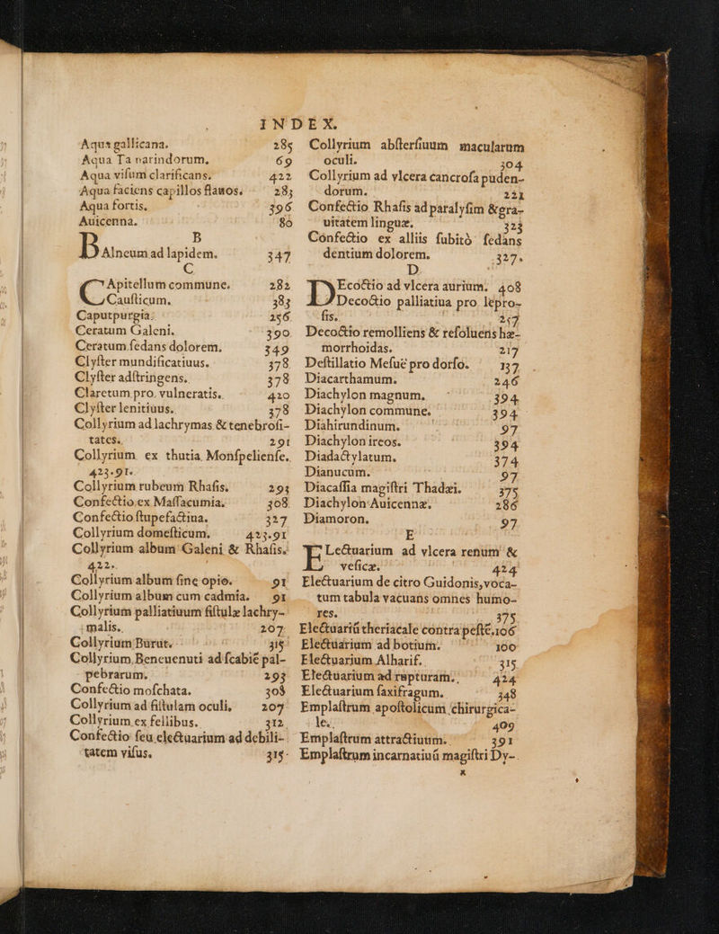 Aqu gallicana. 285 Aqua Ta varindorum. 69 Aqua a vifum clarificans. 422 Aqua faciens capillos flawos. 285 Aqua fortis, 396. Auicenna. 90 B Danza lapidem. 347 C 7 Apitellum commune. 282 Caufticum. 383 Caputpurgia. 256 Ceratum Galeni. 390. Ceratum fedans dolorem. 349 Clyfter mundificatiuus. 378 Clyfter adítringens.. 378 Claretum pro. vulneratis. 420 Cl yfter lenitiuus. 378 Collyrium ad lachrymas & tenebrofi- tates. 291 423-91. Collyrium rubeum Rhafis, 291 Confé&io.ex Maffacumia, 308 Confectio ftupefa&tiua. 7 Collyrium domefticum. 423.91 Collyrium album Galeni & Rhafis. 12. A orm album fine opio. Collyrium album cum cadmia. — 91 Collyrium palliatiuum fiftulz lachry- malis. 207 Collyrium Bürut. 31$ Collyrium,Beneuenuti ad fcabie pal- pebrarum. 293 Confe&io mofchata. 303 Collyrium ad fiftulam oculi, 207 Collyrium ex fellibus. 312. Confe&io feu ele&üarium ad dcbili- tatem vifus. 315: Collyrium abfílerfiumm macularum oculi. 304. Collyrium ad vlcera cancrofa puden- dorum. 221 Confectio Rhafis ad paralyfim &gra- uitatem linguz. 323 Confe&io ex alliis fubitó (:dins dentium e 327. ij. ad atra aurium. 408 DecoGio palliatiua pro abr fis. 217 Deco&to remolliens & refoluens hz- morrhoidas. 217 Deftillatio Mefuéprodorfo. ^ 157 Diacarthamum. 246 Diachylon magnum. 394. Diachylon commune. 394 Diahirundinum. 97 Diachylon ireos. 394 Diadactylatum. 374 Dianucum. 97 Diacaffia magiftri Thadzi. 375 Diachylon Auicennz. 286 Diamoron. 97 E Le&uarium. ad vlcera renum & veficz. 424 Electuarium de citro Guidonis,voca- tum tabula vacuans omnes huio- res. 375 Ele&uartü theriacale contra pefte.106 Electüarium ad botium. 100 Fle&uarium Alharif. 315 Electuarium ad rspturar. | 414 Ele&uarium faxifragum. 348 Emplafttum apoftolicum chirurzica- le., 409 Emplaftrum attra&iutim. 391 Emplaftrum incarnatiuü magiftri Dy- . x