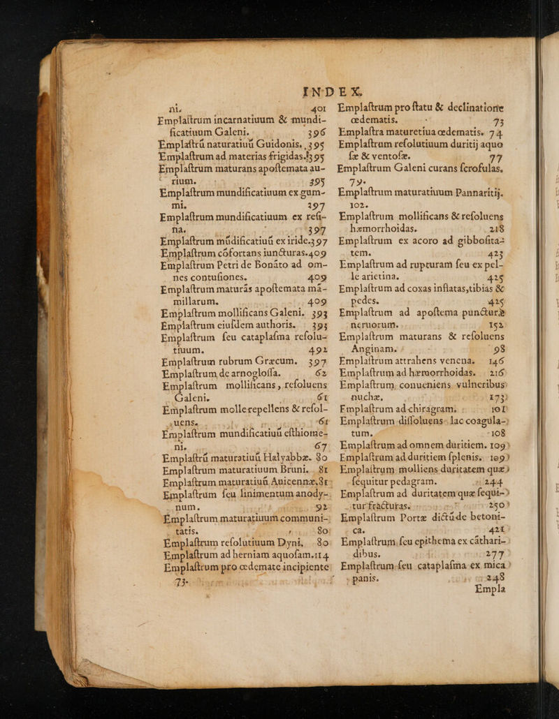 ni. ' /.40I Emplaítrum incarnattuum & mundi- ficatiuum Galeni. | 196 Emplafttü naturatiut Guidonis, , 2 95 Emplaftrum ad materias frigidas.' 9$ Emplaftrum maturans apoftemata au- rum. c 395 Emplaftrum mundificatiuum ex gum- mi. | 197 Emplaftrum mundificatiuum ex refi- Dae (18 99 Emplaftrum müdificatiuü ex iride.3 97 Emplaftrum cófortans iun&uras.409 Emplaftrum Petri de Bonáto ad. om- nes contufiones. 409 Emplaftrum maturás apollemata mà- millarum, 409 Emplaftrum mollificans Galeni. 393 Emplaftrum eiufdem authoris. | 395 Emplaftrum feu cataplafma refolu- tiuum. 492 Emplaftrum rubrum Grzcum. 397 Emplaftrum de arnogloffa. 62 Emplaftrum | mollificans , refoluens Galeni. : G1 Emplaftrum mollerepellens & refol- .4U€nSe. . Ej 61 Emplaftrum mundificatiuà efthioime- ni. 67 Emplaftrü maturatiuü Halyabbz. 3o Emplaftrum maturatiuum Bruni. . 8r ..7TRum. T 92 EÉmplaítrum maturatiuum communi- tatis. . fe Emplaftrum refolutiuum Dyni .8o Emplaflrum ad herniam aquofam.tt4 Emplaftrum pro ccdemate incipiente 75 Emplaftrum pro ftatu & declinatiorte cedematis. . 73 Emplaftra maturetiua cedematis. 7 4 Emplaftrum refolutiuum duritij aquo fx & ventofz. Emplaftrum Galeni curans fcrofulas, 79- Emplaftrum maturatiuum Pannarítij. 102. Emplaftrum mollificans & refoluens hzmorrhoidas. 218 Emplaftrum ex acoro ad gibbofita- tem. 423 Emplaftrum ad rupturam feu ex pel- le arietina. 423 Emplaftrum ad coxas inflatas,tibias & pedes. 415 Emplaftrum ad apoftema puncdur? neruorum. 152 Emplaftrum maturans & refoluens Anginam. .98 Emplaftrum attrahens venena. — 146 Emplaftrum ad heroorrhoidas. | 2:16 Emplaftrum, conueniens. vulneribus: nuchz, 17j) Fmplaítrum ad chiragram. IoI Emplaftrum diffoluens- lac coagula-; tum. 108 Emplaftrum ad omnem duritiem. 109 Emplaftrum ad duritiem [plenis.. 169) Emplaítrum molliens duritatem quz) fequitur pedagram. 244. Emplaftrum ad duritatemque fequi-^ .tur fracturas. E niunt Emplaftrum Porte dictade betoni- ca. 421 Emplaftrum fcu epithema ex cáthari- dibus. | 273 Emplaftrum.feu cataplafma ex mica / . panis. 2448 Empla