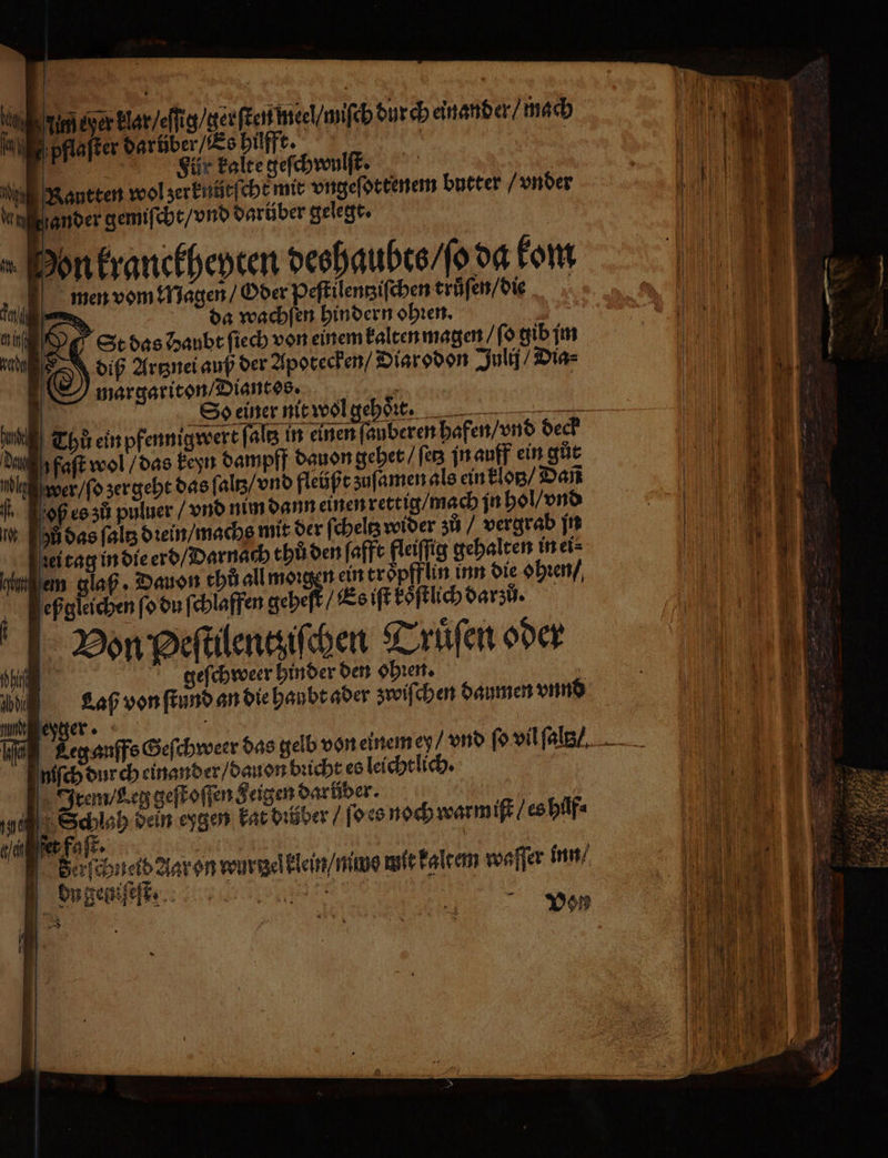 | Kay inn ter klar / eſſig / ger ſten mel / miſch dur ch einander / mach fall pflaſter darüber / Es hilft. u Fa | 7 855 Für kalte geſchwulſt. u Rautten wol zerknütſcht mit vngeſottenem butter / vnder Yen i ander gemiſcht / vnd darüber gelegt. > 5 ir Hon kranckheyten deshaubts / ſo da kom 0 men vom Magen / Oder Peſtilentziſchen trůſen / die Hi N da wachfen hindern ohꝛen. I Sg St das Haubt ſiech von einem kalten magen / ſo gib im a @) diß Artznei auß der Apotecken / Diarodon Julij / Dia⸗ | margariton / Diantos. | | N Ss einer nit wol gehoͤrr.. — — hun | Thů ein pfennigwert (als in einen ſanberen hafen / vnd deck dau faſt wol / das keyn dampff dauon gehet / fer in auff ein gůt lag wer / ſo zer geht das ſaltz / vnd fleüßt zuſamen als ein klotz / Dan fh oß es zů puluer / vnd nim dann einen rettig / mach jn hol / vnd hz das ſaltz dꝛein / machs mit der ſcheltz wider zů / vergrab jn ei tag in die erd / Darnach thů den ſafft fleiſſig gehalten in ei⸗ ln em glaß. Dauon thů all moꝛgen ein tröpfflin inn die ohꝛen / eßgleichen ſo du ſchlaffen geheſt / Es iſt koͤſtlich darzů. i x . g . Von peſtilentziſchen Truͤſen oder Fh geſchweer hinder den ohꝛen. ei Laß von ſtund an die haubt ader zwiſchen daumen vnnd Hand Kalt WE ! U Hg auff Gefihwerr das gelb von einem ey / vnd ſo vil ſaltz / niſch dur ch einander / dau on bꝛicht es leichtlich. 1 200 Item / Leg geſtoſſen eigen darbber. N A Schlah dein eygen kat dibzber / ſo es noch warmiſt / es huͤf⸗ N! er faſt. 1 N s N A ' erſchneld Aar on wurgelklein/nine mit kaltem waſſer inn / 108 ee eee Von „> |