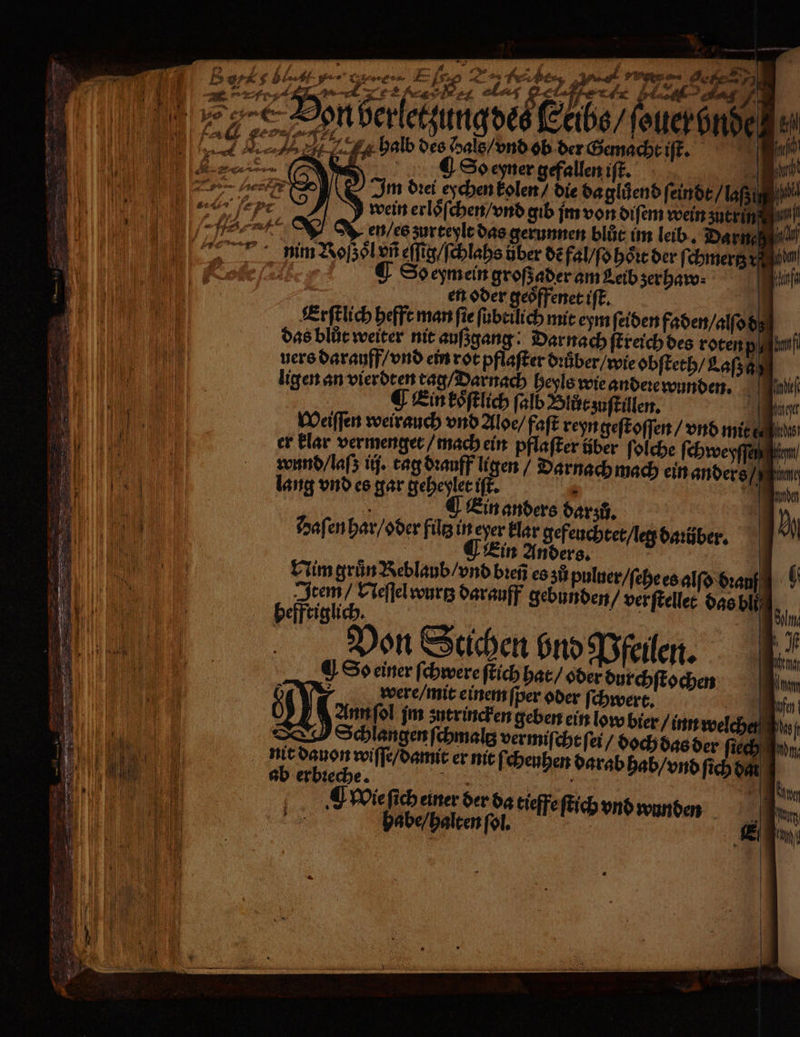 4 Nate. See ul e, e — b f . erh INES, F u * A iM) 1 bil MIN | I ſchlahs über de m | 1 vers darauff / vnd ein rot pflaſter dꝛuͤber / wie obſteth / Laß; ligen an vierdten tag / Darnach heyls wie e | — nim Noßol vß eſſig/ 5 er — m 2 Er = Es — — ar EI win — : — 2 — er - — — En Fr: 18/2 hes 5 Ernx koͤſtlich ſalb Hlůt zuſtillen. och Weiſſen weirauch vnd Aloe / faſt reyn geſtoſſen / vnd mit ar er ae 1 7 über ſolche ſchwey A, 1 wund / laſz ij. tag dꝛauff ligen / Darn n anders e 115 / 75 ach mach ein anders / um OT — — — — en — — Er 1 ’ | pn 1 Haſen har / oder filtz in eyer klar gefeuchtet / leg daꝛüber. AN 1 Ein Anders. | I Nim gruͤn Reblaub / vnd bꝛeñ es zů puluer / ſehe es alſe 10 | | d dꝛauf 0 ett # Bl wurg darauff gebunden / ver ſtellet das bl 9 . | . | Von Scichen bnd Pfeilen. So einer ſchwere ſtich hat / oder durchſtochen n 0 ere mit einem ſper oder chert. Ji Ann ſol jm zutrincken geben ein low bier / inn welchen Im 11 n eme ver miſcht ſei / doch das der ſiech n ab erbꝛeche. eb mie ſcheuhen darab hab / vnd ſich dan * 1 wie ſich einer der da tieffe ' 9 N iR habe / halten ſol. ffeſtich vnd unden Fl *