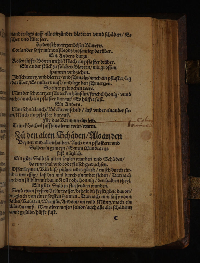ander / legs auff alle ent zündte blateren vnnd ſchaͤben / Es ſcher vnd kuͤlet ſeer. Zu den ſchwartzen boͤſen Blatern. Couander ſafft mit weiß bꝛodt bꝛoſam leg darüber. Ein Anders dar zu Boſen ſafft / onen mehl / Nach ein pflaſter dꝛüber. Ein ander ſtück zu ſolchen Blatern / mit groſſem ſpannen vnd ziehen. N Ibiſch wurtz vnd blerter / vnd ſchmaltz / mach ein pflaſter / leg darüber / Es miltert vaſt / vnd legt den ſchmertzen. | So einer gebrochen were. Nm der ſchwartzen ſchnecken haͤußlin / fenchel / honig / vnnd achs / mach ein pflaſter darauf /Es hilffet faſt. I | Ein Anders. Nim ſchnitlauch / Soͤckin vnſchilt / laß vnder einander fie- eigen / Nach ein pflaſter darauf. 80 BR: Für das Krimmen im leib I. hie Tr inck docheil ſafft in altem wein / warm. * an 9 4 1 Zu den alten Schaͤden / Als an den Beynen vnd allenthalben / Auch von pflaſtern vnd | Salben in gemeyn / Eynem Wundtartzt b. faſt nützlich. Ein gute Salb zů alten faulen wunden vnd Schaͤden / be darinn faul vnd todt fleiſch gewachſen. fran Offen leymen / Kür biß / püluer iedes gleich / miſch durch ein nder mit eſſig / laß drei mal durch einander ſieden / Darnach ach ein ſaͤlblin mit baumoͤl vñ rohe honnig / den halben theyl. AN Ein gůte Salb zu flieſſenden wunden. 18 Send einen feyſten Ael in waſſer / behalt die feyſtigkeit dauon / Ves gleich von einer feyſten dennen. Darnach nim ſafft vonn Palbei / Kautten / Wermöt / Andoꝛn / vñ wild Müntz / mach ein zblin darauß. Was alter maſen ſeindt / auch alle alte ſchuͤdenn amit geſalbt / hüfft faſt. 5 | u: