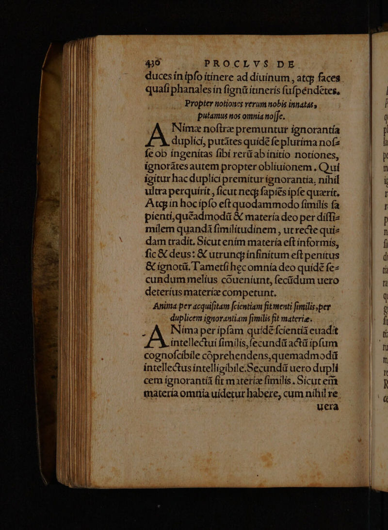 quafi phanalesin fignà itinerís fafpéndetes, Propter notiones verum nobis innata putamus nos omnia tto[Je. A Nimz noftra premuntur ignorantía duplíci, putátes quide fe pluríma nof: fe ob ingenitas fibí reritabínitio notíones, ignorátes autem propter oblíuíonem . Q uí igitur hac duplicipremítur ignorantia, níhil ultra perquirít , ficut necp fapies ipfe quaerit, Atc in hocípío eft quodammodo fimilis fa pienti,queadmodü & matería deo per difTiz milem quandà fimilitudinem , utrecte quiz dam tradit. Sícut ením matería eft ínformis, fic & deus: X utrung; infinitum eft penitus & ignotü. l'ametííhec omnía deo quide fe cundum melíus coueníunt, feciidum uero deteríus matería competunt, Tee Anima per acquifitam fcientiam fit menti fimilisper - duplicem ignorantiam fimilis ft materie: —..—. INíma per ipfam quide fcientia euadit intellectui fimilis, fecundit actü ipfum cognofcibile cóprehendens,quemadmodü intellectus íntellígibile.Secundü uero dupli cem ignoranti fir materiz fimilis. Sicut em