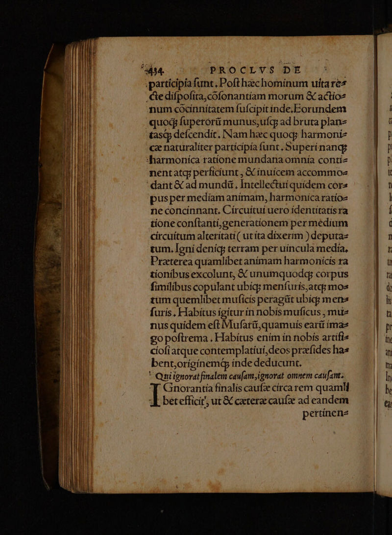 num cocíinnítatem fuícipit inde,Eorundem quod fuperorü munus;ufg; ad bruta planz cz naturaliter partícipía funt, Superi nangg nentatg; perficiunt , & ínuícem accommoe pusper medíam animam, harmonica ratíos ne concínnant. Círcuítui uero ídentítatis ra tione conftanti,generationem per médium circuitum alterítati( utíta dixerim ) deputa- tum. leni deníc; terram per uíncula media, Praterea quamlíbet anímam harmonícis ra tionibus excolunt, & unumquodq; corpus fimilibus copulant ubíq; meníuris;ateqs mos tum quemlibet muficís peragüt ubíq;y mena nus quidem eft Mufarü,quamuís eari ímae 20 poftrema . Habítus ením ín nobís artífis ciofi atque contemplatíuí,deos przefides has bent,origínemáp índe deducunt. * Qni ignorat finalem cau[am,ignorat omnem caufant. T Gnorantía finalis caufz círcarem quamll d betefficit; ut & caeterae cau ad eandem pertínene - ———