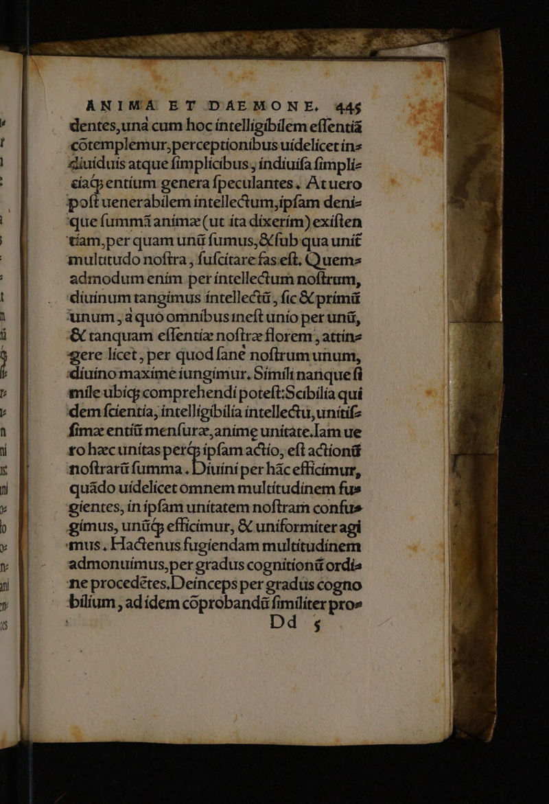 . dentes,una cum hoc intelligibilem effentià «cotemplemur,perceptionibus uídelícecínz &iuiduis atque fimplicibus. índiuifa fimpliz &actpentíum genera fpeculantes. Atuero poítuenerabilem intellectum;ipfam deni- que íummianímze(ut ita díxerím) exiften tíam,per quam unü fumus,&fub qua unit mulatudo noftra, fufcitarefas:eft, Q uems admodumenim per íntellectum noftrum, diuinum tangímus íntellect, fic & prímü unum ,aquoomníbusineft unio per unii, & tanquam effentíz nofira florem ;, attíne gere lícet, per quod fane nofirumunum, :díuíno maxíme iungimur. Símíli nanque fi imíle ubicg comprehendi poteft:Scibilia quí demfícientía, intellígibilía intellectu, unitifz fimz entí&i menfurz,anime unitate.Iam ue to hacunítasperg ipfamactío, efl actioni noftrarü fumma .Diuini per hác efficimur, quado uidelicet omnem multítudinem fus gientes, ín ipfam unítatem noftram confu» gímus, unüG efficimur, & uniformíter agi mus, Hactenus fugiendam multitudinem admonuímus,per gradus cognition&t ordia ne procedetes.Deínceps per gradus cogno bilium, adídem coprobandà fimiliter pro» ! $ nct - Le ———
