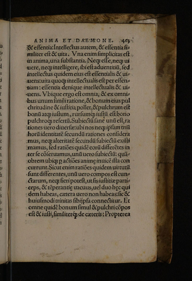 ANIMA ET:/DKAE'MONE. :/46y- 3& eíTentia:Intellectus autem; & effentía fi- militer eft & uíta. V naenim fimplícitas eft . inanima;una fubftantía. Neq effTe;neg; ui. xiete, necp intelligere; ibíeftaduentitiit, fed .. intellectus quidem eíus eft effentíalis & ui- . 'arens:uíta quod íntellectualis eft per effen tíam: eflentia denique intellectualis & uie zuens, Vbique ergo eftomnía, & ex omniz busunum ífimíliratíone,& bonum eíuspul chritudíne & iuftítía pollet;&pulchrum eft bonüatcpiuftum, rurfumáífuftá eft bono pulchrog referti.Subíectü fane unit eft,ra tiones uero díiuerfz:ubi nos neq; ipfam trí horüídentítate fecundü ratíones confidera imus, neq alterítate fecundü fubíectá exifti mmamus, fed ratíoes quide eorü differetes in teríe coferuamus,uniü uero fubíectir: quae obrem übíq p actíoes anime ínuíce ifta con :currunt.Sícut enim ratióes quídem uirtuti. -funtdifferentes,unit uero compos eft cunz arum, neq fierípoteft,ut fisíuftitize partie - ceps, & teperantíe uacuus,uel duo hec qui : dem habeas, cetera uero non habeas:fic c huiufmoditrinitas fibgpfa connectitur, Et omne quídebonum fimul &pulchrícopos -eft &iuflifimilitera de ceteris: Propterea av at à EE Ex: