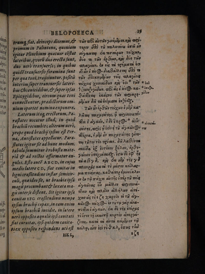 trumo, fiat, deinceps dicemus, rimum in Palintono, quoniam igitur Plinthinm quatuor coflat Vateribus,qvorit duo erecta funt, duo uerb tranſuerſa; in quibus guide tranſuerſis foramina fant per quatoni,trayciuntur. pofitis interim faper transuer[is lateri- bus Choenicidibus, &amp; fuper ipfas Epizygidibus, circum quas toni gonneciuutur, pradicioram om- gium oportet nomina exponere, Laternm itag, erectorum, Pa- raſtates uocatur illud, in quod brachii recumbit s alterum tero, prope quod brachy ipfius efl Per- na, Antiflates appellatur. Para- flates igitur fit ad bunc modam. tabula ſummitur ò robuſta mate- rid &amp; ad rectos efformatur an- gulos. Eflo aut? ABCD, in cujus medio latere c D, fiat cauitas in ligni craffitudine inflar ſemicir- | | | gls interfe diſtent. Sit igitur ipfa cauitas EEG crafitudini nempe ipfius brachy capax, in eam enim ipfam brachik incidit, in latere werd oppoſito equalis ipfi cauitati fiat curuitas, ipfi quidem cauita- gicx oppo[ito rejpondens uti eff | E, / тду a dirs 2e no) e- reger dai 78 an irá 5 UY KATY CH тоноу TOY duo т. rar ep di, xg duo Tay аламан, &amp; ois ma телрали 153 A nd dm т тду Jime то тдағ06 miyos отд шу қай ta” , 9amery ena (сау de та ech, execs тау 80209-00 re û Кр ка” NATY queue nie, &amp; beg bi- , ? HITS Cha / a Vy T 7 , руа, û (66 Зу auegie ras jive- ^ 2 , ^ / my 18700 тӛу-тедту. да Ni съда “2 &amp;UTOYOU Zub, 292- Иа» ( 4 y б nr 4 ушту EMEP IL oN. ESO esD ns ті à, қ) cn e tis y? mal yd, xd) En Bp tis y TAUPAE xai TO ute xalrag~ um zr Oud cts KATATE Spe ey E TÄ TAXA «йт ump TS nu d te paño ereid- Hey «gj mado аЖяХау A ve di ros бл o; бу т T8 ау- x» Gx aux, © &amp; TESTO g en- rima буки». Cx de тй dn тӛйтоу TÄ Uo) XUpTOY ATERIA- M NUR * 7 > (iv, жала тї AUTA xu oy TA 5 т ANN 9 % HILAW, 050) ESITO Y HA, 07 06 тд 16