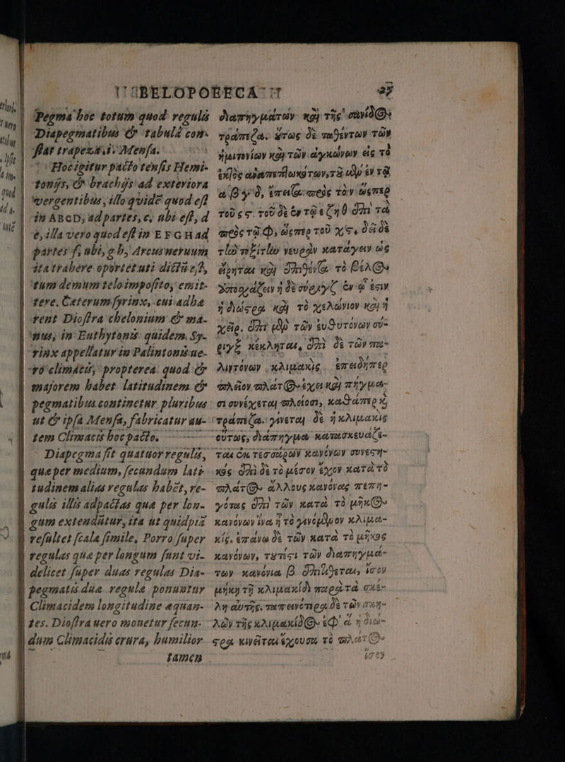 Pegma boc totum quod regulis Diapegmatibus © tabula con. | flat trapexs. i. Menſa. Huoscigitur pacto теміз Hemi- tonis, &amp; brachgs ad exteriora wergentibus, ¿llo qvide quod ef in ABGD; ad partes, c. nbi eff, d ê, illa vero quod efl in E H oH partes f, abi, g h, Arcus neruum i4 trahere oportet uti dicta e$, tum demum telo impoſito, emit- tere. Ceterum fyrinx, cui adhæ rent Dioftra chelonium &amp; ma. nus, in Euthytonis quidem Sy- vinx appellatur in Palintonis ue- | ro climate, propterea quod &amp; | majorem babet latitudinem. &amp; | pegmatibus continetur pluribus | ut &amp; ipſa Menfa, fabricatur au- | zem Climates hoc pacto. | | | que per medium, fecundum lati | zudinem alias regalas babet, re- | gules illis adpactas que per lon- 8 re/altet [cala fimile, Porro Super | regulas que per longum funt vt- | delicet füper duas regulas Dia- | pegmatis.due regule ponuntur Climacidem longitudine eguan- | tes. Dioflra uero monetur fecun- dum С таса crura, humilior p  tamen harry parar AOS ата: ¿rios д mara TOY ui,? Hoy Ty dur eis тд exlos H, r Y ы va a B49, rei ceꝙ TOY дато TOU g rou de E rd 856 dàn тей mess тё Фф, бет TOU x. 0308 rho eite ТАЛ dv катау» 96 бш кой 332920 тё AOS заада! de e ° “. te 5 j dus ea «gl тд y N Koi 9 хдр. don we ray suDvrovav ov- 67 KEKANT Oh, dai de ray me ATOY , хАціах)с тайт e oy aer e. кд) ллур4- л тубт] йот, xaO dm p x, % ТА rau CH A zayi sen. X96: d 0à rà meray Nr xarà r 2А№ои; xayoveg METY- vores dn тду хата тд He v iva т9 улуду х24м4- xic dd di TOV KATO тд MIIS abe, түтісі Ty Mary vo» хамла B Oh,, іс2у ртн т) ui meg та G An AUTIS: e 0% тён THI