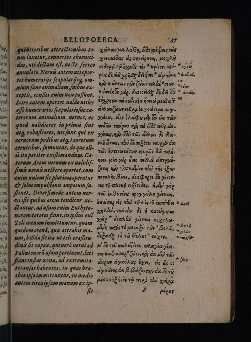 %| ‚quentioribus attractionibus to- % mua laxetur, conuertes choenici- it «das, uti dictum e, uecte ferreo fin | annulato. Neruis autem uti opor- п) tet bumerargs [capularysg, om- oabi | gium Jane animalium ſuibus ex- n cepti, confici enim non poffunt. , quid | Scire autem oportet ualde utiles ¿Ca | efe bumerarios ſcapularioſue ce- its | gerorum animalium neruos, eo lim | quod ualidiores inprimis fint por | atg, robujtiores, uti fant qui ex fue | seruorum pedibus atg, taurorum hu ceruicibus, ſumuntur, de que ali- fi | tite pariter exiſtimandum. Ce- Ші) erum Arcus neruum ex ualidif- лы) fimus nerum nectere oportet. cum ат! enim unicus fet plurimaoperatur wht | &amp; ſolus impulfionis impetum fa- nti f fines, Dinerfimode autem ner- * 1 | vi ifli quibus arcus tenditur ne- | eiuutur.adufum enim Euthyto- 14-7 worum teretes fiunt.in ipfius ent j pe 1 Telicrenam inmittuntur, quam ht, Y | | quidem crenã, qua attrahit ma- m nut, bifida fit ita ut teli craſſitu i A dini fit capax, qui uerò nerui ad L4 | Paliatonorü ufam pertinent, lati ҒА | fiunt inflar zone, ad extremita- dif] zes anſas habentes, in quas bra. , ebiaipfaimmittuntar, in medio „ml autem circa ipſam manam ex ip- (n4 | fis xa^acua Aaby, дл ун me omádos we TELA TA, Lox? | dem 7Q 6001 ту” ov. veu- #х ор 62% 9% del кеў дат ei wey ots ЫРА қй лаута тау Cove . з , u as diayeéidy 0да và * 4 ad 602-0452 TA TYPE wic ui 7“ ar YE eg: UVTI тиу. жахи, вісу Хафа Wer Си rar зоду Tw pou құ) vi JH тдс d- Vivre, N. Ty «Жоу de des- yog A ros. v Eri ve тау EUTYATATOY vu Del - HEY. palco q Sore mie amspja- Corey xy Gree v) vis %а- mAs Biar, Aa ogos de avoy- qu TH BACK т тд» э Op 240 TOD б990 тун epoyyvA- yery, mamo ns 200 TÉ * isod tumia &amp; ano v. mori de y кат!уктщ v Arli reny HEXNALCO- (бл ache re нети ray” (OA dy yx 1 741 xAMy dia тд T8 Вели; * шос, Y auia Qe H de ToU mA orou aa ТЕ 2 ra gang Bonny ё ex ae 1 agen AyrA ELA eig ecc aute Cx Saen t cx de e pero iz VET meek n viden F