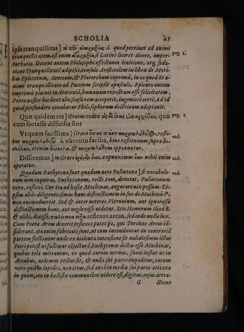 SCHOLIA >» ipfa tranquillitas] v ab, ёте, о i. quod pertinet ad animi tranquillitatem.e]] enim ae fi Latine liceret. dicere, imper- turbatio, Docent autem Philofophi affeciuum lenitione; atg, feda- tione Tranquillitatẽ adipiſci, confule Ariſtotelem in libris de Moric bus Epictetum, Senecam, &amp; Plutarchum inprimis, in eo quod de a- nimi tranqu illitate ad Paccium feripfit opuſculo. Epicuro autem imprimis placuit in Ataraxid, humanam repojit am ejfe felicitatem . Porro uoffer bic licet alio ſeuſi rem acceperit, ingeniose certé, ad id quod perfuadere couabat ur Fhiloſophorum doctrinam adaptanit. LITT | б, Hero. 2 т | dd. А cum fortaffe difficilia fint ШІ Vequam facillima ) Graca taras aan e rei. uf. | fue aues) aln i. alsecutu facilia, hinc reſtituimus ſapra du- Mag, to | aki, etenim д0схола, C swego n eê opponuntur. T | Differemus I in Graco sed 0p oun, expunximus био nibil enim ead. ҮЛ operatur. * a rum uim inquiras, Enthytonuna, recti toni, denotat, Palintonum u vere, reflexi, Cur ita ad ba[ce Machinas, augurari uix poſſum. Li. hun рш alias diligentisſimus hanc diſtinctionem in fuo de Machines lo. * n non animaduertit. Sed &amp; inter ueteres, Vitruuium, aut ignorajfe ain. diſtinctionem bane, aut ueglexiffe uidetur. Scio Homerum Iliad b. п &amp; alibi, dixiffeyraMymva nga reflexos arcus, fed inde nulla lux. u Cum Poeta Arcus dixerit reflexos patet ys, qui Turcicos Arcus cõ- if 4 fiderant, ita enim fabricati ſunt, ut cum intenduntur in contrariä (bi | partem flectantur unde ex uiolenta intenfione fit ualidisfimus ictus i Fieri potefl ni fallimur coject urd Eurhytonas dictas effe Machinas, à quibus tela mittuntur, eo quod earum neruus, funu inflar ut in J| Arcubus, uidemus rectus fit; &amp; nulla ſui parte impeditus, earum em | vero quibus lapides, non item, fed ausd in media fut parte attexta | in quam,cen in Ба в communibus uidere eff digitus eujus attra G ¿tone