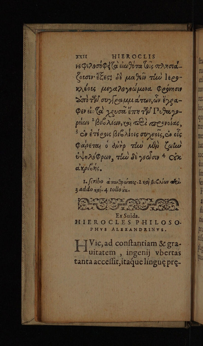 xxit HIEROCLIS ye Quero Qd (a. εἰωθοτα (gis aria - ζοισιν ἔζες} δὲ μα δεῖν πίω l6eg- κλέοις μεγαλογγώμονα Φρόνήσιν own TW cvy|est e a TOV ὧν ἔγρα- ἐν a: Ca. Jur ET ἔχῃ D'vjags- pun 'Be «λέων» X93 «e aye svolas, c ἑτέοφις βιξ λίοις συχνοῖς, ὦν οἷς Φαμεται  duvp τίω Ap ζρίω ὑμρλόφρων, τίω δὲ ογῶσιν ^ Cx expone, ENSE χὰ (( Ex Suida. HIEROCLES PHILOSOG- PHYS ALEXANDRINVYS. uitatem , ingenij vbertas tanta accellit,itaque lingue pre- A n ^ : ( ed nuu ef EC