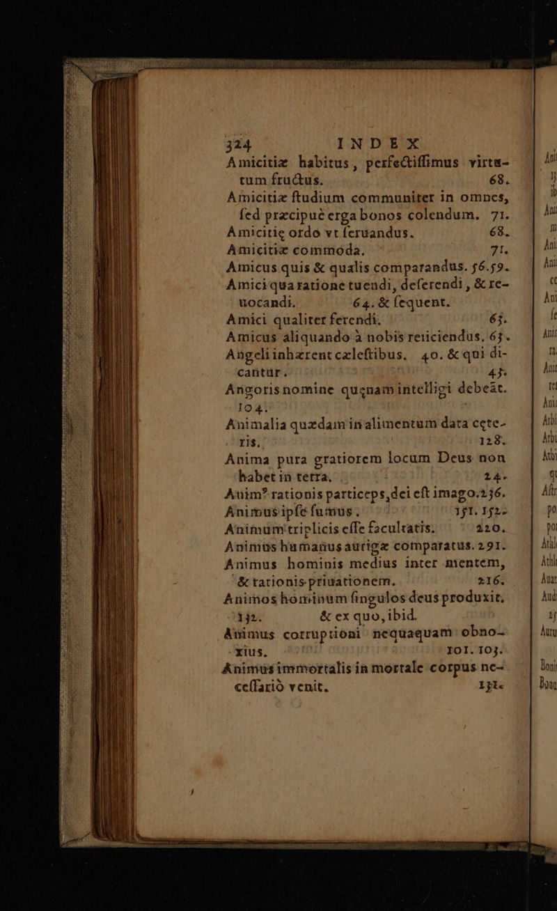 Amicitiz habitus, perfeGiffimus virta- tum fru&amp;us. 68. Amicitiz ftudium communiter in omncs, fed precipue ergabonos colendum. 71. A micitic ordo vt feruandus. 68. Amicitiz commoda. 71. Amicus quis &amp; qualis comparandus. £6.59. Amici qua ratione tueudi, deferendi , &amp; re- iocandi. 64.. &amp; fequent. Amici qualiter ferendi. 63. Amicus aliquando à nobis rericiendus. 65. Angcliinhzrentczleftibus. 40. &amp; qui di- cantur. 4}. Anzorisnomine quanam intelligi debeát. 104. Animalia quzdam in alimentum data cete- ris. 128. Anima pura gratiorem locum Deus non habet in tetra. £4 Auim* rationis particeps,dei eft imago.2 6. Animus ipfe fumus. 1j1. 152. Animum triplicis effe facultatis. 220. Animüs humanus aürigz comparatus. 291. Animus hominis medius inter mentem, ᾿δί tationis priuationem. 216. Animos hominum fingulos deus produxit. 132. &amp; ex quo, ibid. Animus corruptioni nequaquam obno- Cxius. 0 IOI. 10j. Animus immortalis in mortale corpus nc- ccíTarió venit. 1jl« ——— ÓÉÁÉÓIÉNT CERE bàn