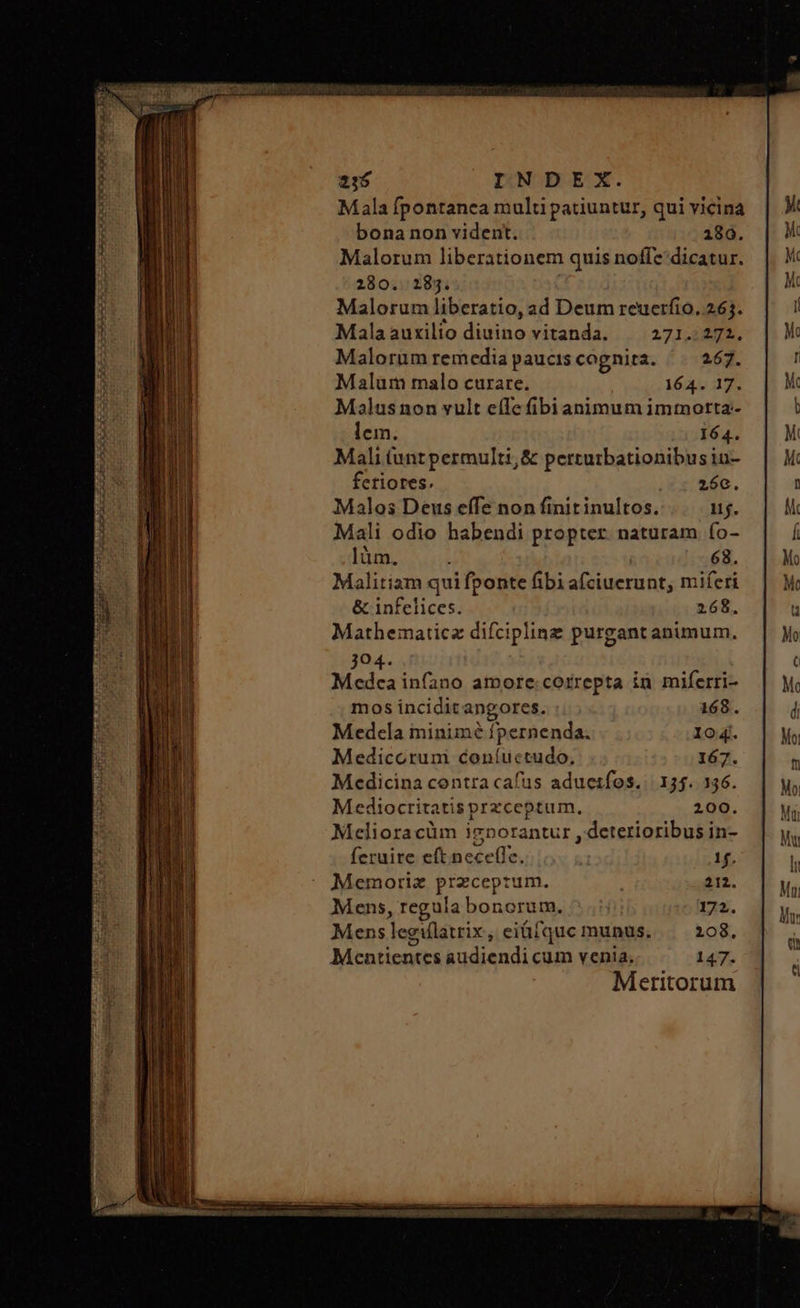 M. ROGO Ros E Rus je DIUI GARE ERE πεν. CIGUOEYSUORGUN UACRTUETUNSUCI IN 215 INDEX. Mala fpontanea mult patiuntur, qui vicina bona non vident. 180. Malorum liberationem quis noffz dicatur. 280. 2183. Malorum liberatio, ad Deum reucrfio, 263. Mala auxilio diuino vitanda. 271.1275. Malorumremediapauciscognita. ^. 267. Malum malo curare. 164. 17. Malus non vult cffe fibianimum immorta- lem. 164. Mali tunt permulti,&amp; perturbationibus iu- fetiores. 260. Malos Deus effe non finit inultos. lij. Mali odio habendi propter. naturam (o- làm, I ! 68. Malitizm qui fponte fibi afciuerunt, miferi &amp; infelices. 268. Mathematicz difciplinz purgant animum. 304. Medca infano amore: correpta in miferri- mos inciditangores. 168. Medela minimé fpernenda. 104. Medicorum coníuctudo, 167. Medicina contra cafus aduetfos. 137. 156. M cdiocritatis praceptum., 200. Melioracüm ignorantur, deterioribus in- feruire eft. nece(Te. 1. Memoriz pu 212. Mens, regula bonorum. 172. Mens legilatrix , eiüfquc munus. | 208. Mentientes iubendi cum venia. 147. Meritorum ————ÓÁ——Á ÁO rm