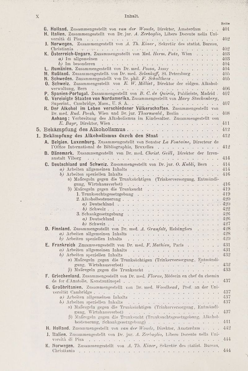 PT osz2zr = Inhalt. Holland. Zusammengestellt von van der Wonude, Direktor, Amsterdam versita dı Pisa Christiania 5 Österreich- -Ungarn. a nmenkesiälle. von Med Herm. Putz, Wien a) Im allgemeinen BED: BROS WER b) Im besonderen Rumänien. Zusammengestellt. von I neh Possa, Jassy Schweden. Zusammengestellt von Dr. phil. F. Schulthess . verwaltung, Bern .. Spanien-Portugal. Zusammengestellt von a C. de Ouirös, Publieiste, Madrid . Superint., Cambridge, Mass., U. S. A. Dr. med. Rud. Poech, Wien und Dr. jur. Thurnwald, Berlin : Anhang: Verbreitung des Alkoholismus im Kindesalter. Zusammengestellt \ von E. Bayr, Direktor, Wien . Beigien. Luxemburg. Zusammengestellt von Senator La ER en 2 l’Office International de Bibliographie, Bruxelles i Dänemark. Zusammengestellt von Dr. med. Christ. Direktor af Irren- anstalt Viborg a) Arbeiten allgemeinen Inhalts b) Arbeiten speziellen Inhalts ET I TE FE ERTITEN «) Maßregeln gegen die Trunksüchtigen (Trinkerversorgung, Entmündi- sung, Wirtshausverbot) Fer 8) Maßregeln gegen die Trunksucht . 1. Trunksuchtsgesetzgebung 2. Alkoholbesteuerung . a) Deutschland 6b) Schweiz . 3. Schankgesetzgebung a) Deutschland b) Schweiz . @) Arbeiten ee Inhalts 5) Arbeiten speziellen Inhalts Frankreich Zusammengestellt von Dr. med. F u Paris a) Arbeiten allgemeinen Inhalts b) Arbeiten speziellen Inhalts ER «) Mahregeln gegen die Trunksüchtigen (Teinkerversor gung, Entmündi- gung, Wirtshausverbot) ; NE ° 8) Maßregeln gegen die Trunksucht de fer d’Anatolie, Konstantinopel . versität Cambridge . a) Arbeiten allgemeinen mie ılts b) Arbeiten speziellen Inhalts une. ee &) Maßregeln gegen -die Teunksiiehligen (Trinkerversorgung, Entmündi- gung, Wirtshausverbot) \ I B) Maßr egeln gegen die Trunksucht (Tr ie suchtsgesetzgebang; Alkchol- besteuerung, Schankgesetzgebung) versita dı Pisa Christiania