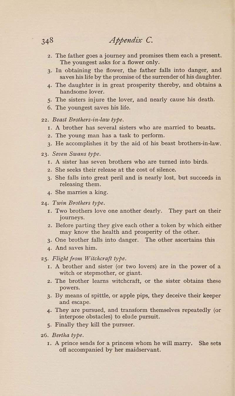 2. The father goes a journey and promises them each a present. The youngest asks for a flower only. 3. In obtaining the flower, the father falls into danger, and saves his life by the promise of the surrender of his daughter. 4. The daughter is in great prosperity thereby, and obtains a handsome lover. 5. The sisters injure the lover, and nearly cause his death. 6. The youngest saves his life. 22. Beast Brothers-in-law type. 1. A brother has several sisters who are married to beasts. 2. The young man has a task to perform. 3. He accomplishes it by the aid of his beast brothers-in-law. 23. Seven Swans type. 1. A sister has seven brothers who are turned into birds. 2. She seeks their release at the cost of silence. 3. She falls into great peril and is nearly lost, but succeeds in releasing them. 4. She marries a king. 24. Twin Brothers type. 1. Two brothers love one another dearly. They part on their journeys. 2. Before parting they give each other a token by which either may know the health and prosperity of the other. 3. One brother falls into danger. The other ascertains this 4. And saves him. 25. Flight from Witchcraft type. 1. A brother and sister (or two lovers) are in the power of a witch or stepmother, or giant. 2. The brother learns witchcraft, or the sister obtains these powers. 3. By means of spittle, or apple pips, they deceive their keeper and escape. 4. They are pursued, and transform themselves repeatedly (or interpose obstacles) to elude pursuit. 5. Finally they kill the pursuer. 26. Bertha type. 1. A prince sends for a princess whom he will marry. She sets off accompanied by her maidservant.