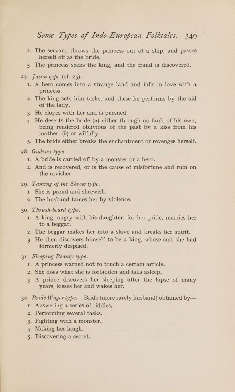 2. The servant throws the princess out of a ship, and passes herself off as the bride. 3. The princess seeks the king, and the fraud is discovered. 27. Jason type (cf. 25). 1. A hero comes into a strange land and falls in love with a princess. 2. The king sets him tasks, and these he performs by the aid of the lady. | 3. He elopes with her and is pursued. 4. He deserts the bride (a) either through no fault of his own, being rendered oblivious of the past by a kiss from his mother, (b) or wilfully. 5. The bride either breaks the enchantment or revenges herself. 28. Gudrun type. 1. A bride is carried off by a monster or a hero. 2. And is recovered, or is the cause of misfortune and ruin on the ravisher. 29. Taming of the Shrew type. 1. She is proud and shrewish. 2. The husband tames her by violence. 30. Thrush-beard type. 1. A king, angry with his daughter, for her pride, marries her to a beggar. 2. The beggar makes her into a slave and breaks her spirit. 3. He then discovers himself to be a king, whose suit she had formerly despised. 31. Sleeping Beauty type. 1. A princess warned not to touch a certain article. 2. She does what she is forbidden and falls asleep. 3. A prince discovers her sleeping after the lapse of many years, kisses her and wakes her. 32. Bride Wager type. Bride (more rarely husband) obtained by— 1. Answering a series of riddles. 2. Performing several tasks. 3. Fighting with a monster. 4. Making her laugh. 5. Discovering a secret.