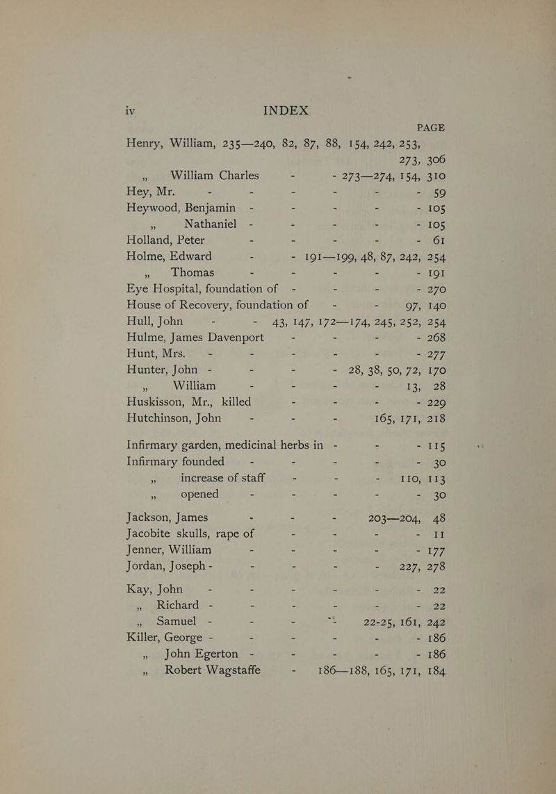 PAGE Henry, William, 235—240, 82, 87, 88, 154, 242, 253, 273, 306  William Charles - - 273—274, 154, 310 Hey, Mr. - - - - - - 59 Heywood, Benjamin - - - - - 105 ey Nathaniel - - - - - 105 Holland, Peter - - - - - OI Holme, Edward - - I9I—199, 48, 87, 242, 254 3 Thomas - - - - - I9I Eye Hospital, foundation of - - - - 270 House of Recovery, foundation of - - 97, 140 Hull, John - - 43, 147, 172—174, 245, 252, 254 Hulme, James Davenport - - - - 268 Hunt, Mrs. - - - - - - 277 Hunter, John - - - - 28, 38,50, 724 170 £ William - - - - 3 iee Huskisson, Mr., killed - - - - 229 Hutchinson, John : - - 165; 1712138 Infirmary garden, medicinal herbs in - - - 115 Infirmary founded - - - - - 30 * increase of staff . - + = TIOsaEZ af opened - - ‘ : =) 686 Jackson, James - . - 203—204, 48 Jacobite skulls, rape of - - - - II Jenner, William - - . - - 177 Jordan, Joseph - - . - “1M BSF rare Kay, John - - - - - =, 122 » Richard - - - - - — <2 » samuel - : . ~- 22-25, 161, 242 Killer, George - - - ~ - - 186 » John Egerton - - - - - 186 » Robert Wagstaffe - 186—188, 165, 171, 184