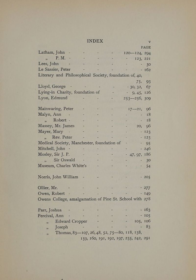 Latham, John - * P.M. - Lees, John - Le Sassier, Peter Lloyd, George - Lyon, Edmund Mainwaring, Peter Malyn, Ann~ - aopert.- Massey, Mr. James Mayer, Mary pe weivev. Letter INDEX Mitchell, John - Mosley, Sir J. P. » Sir Oswald Norris, John William Ollier, Mr. . Owen, Robert - Parr, Joshua - Percival, Ann - »” ” Joseph ” Vv 120—124, ¥ 123, 204 221 30 75; - 30, 32, - Q, 45; 17—2T, 20, 93 67 126 309 96 18 18 96 i. 47, 97, = 105, 95 246 186 30 54 277 149 278 163 105 106 83 291