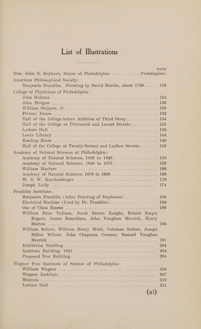 List of Illustrations PAGE Hon. John E. Reyburn, Mayor of Philadelphia.............. Frontispiece. American Philosophical Society: Benjamin Franklin. Painting by David Martin, about 1766...... 106 College of Physicians of Philadelphia: : CUTER RE MEINREL IU ress. eee er tact aps, aheo age saya pa are wane ly Ste aa AS aha eau aan 124 Se eB NU he a is tec ei ck a nw BU gla ead laced) Bas Kee ge scene am aos 126 Sr RED PERU VONI, c) To. 8c 08 (in nosh ages Seo Bedi, meee cas et ena 128 ER NMS FE aed pita alg eh Aan (aco NC aC aS wr et ep en 132 Hall of the College before Addition of Third Story.............. 134 Hall of the College at Thirteenth and Locust Streets............ 135 17) 2 DI 8 2 5 | Sc We Ba ROR Poh Pe MN Me AIRS ey Oe 136 BrP get see oad Lie ws chide ids aegaay Rewee east abate ae Gees aie aay es oe ei 144 Ticats BOW s cek «63k ody BA aro ae bo SO See oe eee, eee 148 Hall of the College at Twenty-Second and Ludlow Streets........ 150 Academy of Natural Sciences of Philadelphia: Academy of Natural Sciences, 1826 to 1840................5.%. 158 Academy of Natural Seiences, 1840 to 1876. 2.5... eee ne 159 WV iiamn MSeWITe: 3.5066 iss 6 3 ate sid Aree debe Ae 8G Misi Rene ee 160 Academy of Natural Sciences, 1876 to 1909............. UNA 168 W. ©. We Busehembercer 20.) ).5el esd eh ekeds 2h eee ree 170 Osetia LO 555s. sicag so) bration a sie Lal dei EA eee ee 174 Franklin Institute: Benjamin Franklin (After Painting of Duplessis)............... 188 Electrical. Machine (Used by Dr. Wranklitt) .. 2.002.000... eae 188 One oF (Clases eene is s55. «hha Blu sok SOLE ee see 188 William Penn Tatham, Jacob Brown Knight, Robert Empie Rogers, James Ronaldson, John Vaughan Merrick, Henry Pe I = 5 chap R28 nc cece hans SEs ots Ee) oh natn, dae eee 196 William Sellers, William Henry Wahl, Coleman Sellers, Joseph Miller Wilson, John Chapman Cresson, Samuel Vaughan DT 8 icin ali eh tn Sai so Wik ale a RE ae sin Sedat ee 197 SETURL RV CIIME 5 od shige Sishsia Ay gia op pees emlOh NW 4.8 4cne Oke er 204 DSU AUGD SOM NO, oes. Kale &amp; prs © wt so ke gae tee avd Fe a ogee 204 Re ESEIMRET DVGIW SEPERLUC LONER an cise nals wing maweee eee Rec tae: MAEON ot Grin caeenaaee 204 Wagner Free Institute of Science of Philadelphia: REN VN EE Cir Sin ch og eae Blok a sins Fie eee ene 206 Pee MRR T, BURUNDI ate ES fa a: as dyin in ace pion Sp doe dd a hid eo yy ete aaa 207 MMMM cccdatis eg en wn Soa 3G Xe ¥ x wis Ae vm ld ap aia ee aa ee i 210 MD ccs Pe a Ok oaks ok ww wi be wets aNd pei A le es 211