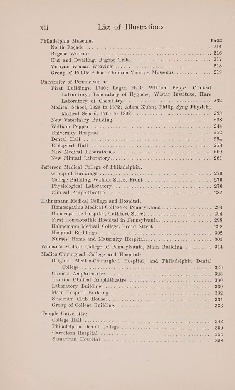 Philadelphia Museums: PAGE WOrthy Wa Cae: ce occ ten eo Sees se dao ey apa) veel es be wae See ee ge re 214 Bagobo pWarriors Sarre scat con trae eet ee udene ee eee 216 Hut and Dwelling, Bagobo. Tribe ’.2} 2. .y.0- 0). 7-555 2 eee 217 Visayan Woman WEAVING eee. cng nf eyeliner eee ee 218 Group of Public School Children Visiting Museums.............. 219 University of Pennsyivania: First Buildings, 1740; Logan Hall; William Pepper Clinical Laboratory; Laboratory of Hygiene; Wistar Institute; Hare Laboratory, of (Chemistry: so sim ceruts >see ae ee 232 Medical School, 1829 to 1872; Adam Kuhn; Philip Syng Physick; Medital School, 1765 to 18020. a> 5. ee ee eee 233 New aVeterinary, Building? 2350 aie sie onc dees Gee ee 238 William Pepper rcs oir ee wus shee 08 6 Mails © cetuent > eee, oa ee 244 University Hospital 9.5.0 2 nan ni na Walatnes 5 3,00 se eee 252 Dental Hall. es ctea ss een bess 2s eteees St og! Re saa 254 Biglogica] sal so 6 eof capsule tus ees See gos ee 258 New Medical Laboratories. c.g. ic 0% ob seule: eel eee eee 260 New Clinical sLaboratoryy ss 6 22. eas oa on ee aoe ee 261 Jefferson Medical College of Philadelphia: Group: of SBuildings >. .5 aie coi ee ve cue: aoe oe ee 270 College Building, Walnut Street Front). ; a.2..:0. sere ee eee 276 Physiological Vuaboratorye uj. sees ac eke ote ee eee 276 Wlinical sAmphithentre enc. Pein. 2scc.oc0 oe eee oe ee en 282 Hahnemann Medical College and Hospital: Homeopathic Medical College of Pennsylvania................... 294 Homosopathic- Hospital, Cuthbert Street. 2229 32a. ae oe ee 294 First Homeopathic Hospital in Pennsylvania................%... 298 Hahnemann Medical College, Broad Street........<ausaus- eee 298 Hospital Buildings «cack ha cterteriac’ oat ede > ee ene eee ee 302 Nurses’ Home and) Maternity» Hospital 22. )) cate eee 303 Woman’s Medical College of Pennsylvania, Main Building .......... 314 Medico-Chirurgical College and Hospital: Original Medico-Chirurgical Hospital, and Philadelphia Dental Oller Gre pirat hte GOs os wie Fant BE Ee er ee 326 ChinicalbrAm phithentre: <8 sea. avi. . saci a eted y os eee ene 328 Interior Climeal) Amphitheatre 20. . .. 5 0. st ae 330 Daboratory (Building | Caves «cp. cso as pee ee 330 Main’ Hospital Building’. ) 5. a3). <4... 508,. eee EN S52 piudents’? Clob House? <4 cc-¢) Sino fie ee Ok ee eee ee 334 Group ol College Buildings~/o.; hy O21. ee 336 Temple University: College Hall skit ki 20 2s eee es bee ee ee 342 Philadelphia Dental: College 7.) ss.) Ay. 2.) 4 eee 350 Garretson Hospital’ ovis 304 aka westane ou bee Cle ee 354 pamaritan® Hospital 22.67.5115.) (a0. aees. eee 358