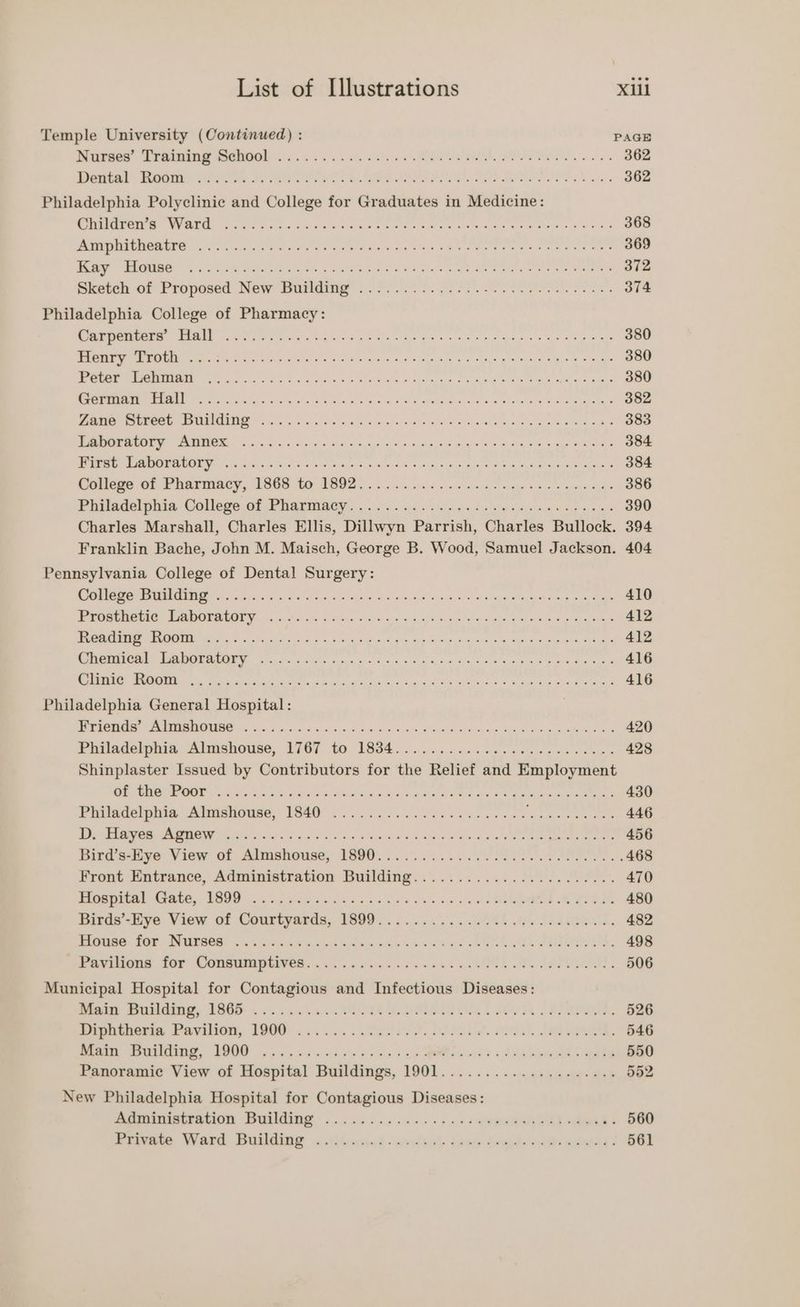 Temple University (Continued) : PAGE ees Vrrmatig ene. 6.65 Ge ea RE es a 362 inte TGA OP Fe PS eR BS TOP BONIS os 362 Philadelphia Polyclinic and College for Graduates in Medicine: PT PATI. atts caw fee eee eee wa yare ar MOOR gg oye 368 PREM Sle ee mae Ae oe Regia s <a SRO RMR ee a oe eT 369 mee SET we!” ie Tse ree nae, Ge. Ghia th 24S hew/ en ae eae ete ee 372 Skoten of Proposed New Burling’. 92000 G12 3. ee oes 374 Philadelphia College of Pharmacy: Pe EN ee te ok re eg eck hd pan pes cee ares ud ale at ake 380 8 ee ale vintners Gal wucaty Sacer pe eee eee Sean 380 Ce A ies ese wecicls ok shelace tial aus oe teh wie ae, lhe oa ees 380 eee CRUEL ta ate gop in in al eer el cen sw a RLS ACG whe eketahare Ma Beaters 382 Pe I i aco acl ahs, na lcoherw ates eed esse ad Walaletay oe aware am 383 Pet MINN ros sce Sal i eigilg os on ee pug Oe pa eo eS 384 TAY, WR COE a cise sic grt wos, Se ecaln wiae ip a ane: gy Gr eh bap Uasiarre) oh oleae 384 Comes Gr Pharmacy, TAGS 10) 2B OZ. ici. ye ee we nacarare wiete 0 sun 8 degen See 386 Phitadelpiia College of Pharmacy oso. apse Swede aol rea a onl 390 Charles Marshall, Charles Ellis, Dillwyn Parrish, Charles Bullock. 394 Franklin Bache, John M. Maisch, George B. Wood, Samuel Jackson. 404 Pennsylvania College of Dental Surgery: Eee MEMN Rg aah los as 2 aah ed See aid A ahievay we ol ins, wh bce 410 PPORUHEELS (LAD OEREOD YE oo ieitis cadens v sprchivsia pends mine iemecipea wounie bo akg 412 BOONE ont sho ao nh >, oe, CRAG as af ae wh Cas sane eeter SI Sin he oni oh NeadE 412 RCI DAE REGED Pec csns cis sapse ova 6 8 see N oss yas d & Rea ae Law aVR mie aE 416 RMA SAME is iene ne hea eee ae ntl AE: HS ggg, ON SAIS 86 Rie wed Ore 416 Philadelphia General Hospital: . PEE IIS FERS 5 i ord i. 6 05 gos diem cl kane eA Oki RS ee 420 Pirlagetpnie: Almshouse, 1767 10 ISS4.. 2602. o0 oan ete ew as ioe: 428 Shinplaster Issued by Contributors for the Relief and Employment Ee PP ODE i ole once & he ol oo ede wails, oe wae araaen Sal Baio pee detec 430 Philadelphia, Aliisliouse, 1840 20... s4-2. ce ioc eos Bee hte 446 DER AN we eit ae oo eth Sins aise oe oes ow UE a eee ee 456 Bird wtive- View at Almebouse; L690... 0... 32 2. POA OS 468 Front Entrance, Administration: Butlding.:% 1.2. 2.2.00). JORIS, 470 TOR A) AAREO, DOO 65 G5, pratete MS oa ais aw G4 oon gist AEM Oe OO 480 Birds yo. View of Courtyards, 1809... o...< >... 008! ye Li ea. 482 Pree: Si DOES os oad vee SA pws > een ee ure ie oR PARE, 498 Pavitiong for Conmimptives.. v5 ssa. css eae. SNL RY de tend. 506 Municipal Hospital for Contagious and Infectious Diseases: Pines Pordang, LSE « «oo <a - AUOTE GLO ALO Sev s4 JRE, 526 Perunena Pavilion, 1900)... 23. ise. Bo aie. TU) eee, 546 rma ere, VOIOO oss oie te op ae Oe) Je a 550 Panoramic View of Hospital Buildings, 1901.................... 552 New Philadelphia Hospital for Contagious Diseases: Beeniseraiion Byilding. .... 23... .s-5 «+ «94 ewes odd! 560 Prove, Ward Building: o.titsnad -avctielk jeer toad. ooddapeel: 561