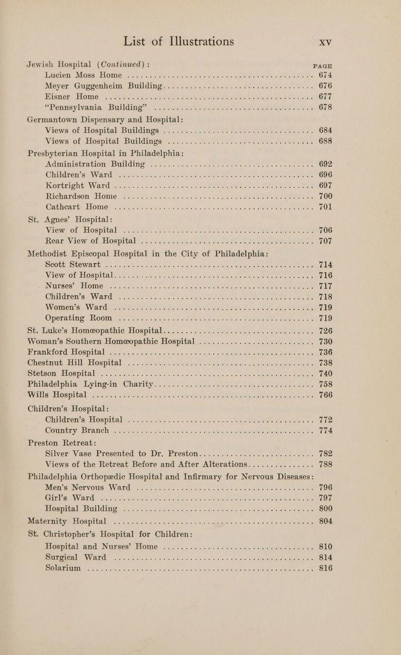 Jewish Hospital (Continued) : PAGE Tiapenem, Dies: TRO s. 5 vo7,5 6 62 5)28 280 80s Oe ee REINO LM 4 28), 674 Mover. Guggenheim Building. isi eau.es i hana) ce POI I, 676 Bisuer’ Tome: '. «imide he dekh Hoe Geka ere eal caida 677 *Penusyivania. Posing”: 3. ab eee eed ti 678 Germantown Dispensary and Hospital: Views: of Hospital Buildings). i 5.00%. 220 ON AAG LO, 684 Views of Hospital Balldings> «i222 IN SONI a I ES, 688 Presbyterian Hospital in Philadelphia: RABE BAUCISS oo ee Re eee So Ae ne os eee ee 692 CPE SLAUY BREE Oa tidee kilts, hoes ob FAB Zee Wee wees scene es ee 696 POT OOE VU RE vices as Fie cid has PRON NS TR eas 697 Micnarson. Monie is nthe ohn ea eels ee & RE 700 Rerponre Pome 2) siete sera ys pb ete Peete tse See ee ee 701 St. Agnes’ Hospital: sew of Slospital) .So0SS). oF Soe A Le ee, ee 706 eee View Of Aes Oitals 35 Sees ig oS Sul COE eae. 707 Methodist Episcopal Hospital in the City of Philadelphia: I CONE ais actos acahg od secs See nvors (A neko Br ah ane ay eae ner ete ee Rae 714 RN OIE CTE ioe. 0 h.0'ss hace teh. eB lps tape In WINS VRE ace nate) CO eae atte 716 POW OR EDGAR 8 cua od) oes ex's 40g, 5 9-45 «ate OM deren are at etE ANAL ONES Lys Ohobivers Wards) iis sa ore ck ae Pe GAS oe olde ee 718 Miners. Wands ert Loita tb ued aniline Pace ds galada ae 719 Ceracine Feedis iis 5 las aie a Sah Cw Ses 6S eR, ee 719 Pt, Sake’ stiomeopatiio Hospitals coc: s.. sg so. Alor Sola ck eles Vee 726 Woman’s Southern Homeopathic Hospital .............60.00.eeeeaes 730 Bre Re STOR ho dis ade Cogs als opti BR LR Paths as 736 ProuuG 100. Hospital). ... 04 Me.) petreied sot slice smesed setae k= 738 RONM SEOMDEE OR, Sao cl pas ncn varalde Le eee ces eh Eee EEE Deere 740 Perecepaia Lying Charity. 6... es dea EG s ig Ba te 758 Pe rei ekeet o PESOS fee ee ee a ee ie ae ee 766 Children’s Hospital: SE AEE PORTS ek ots trance Laks sek sauce Sas tie Vere 772 PAIS 8 oan 3h 2 acai AB obs os dds Spo EMI a taints By 174 Preston Retreat: miiver Vase Presented to Dr. Prestom, i. 252.000 i A eee 782 Views of the Retreat Before and After Alterations............... 788 Philadelphia Orthopedic Hospital and Infirmary for Nervous Diseases: ee OES WV Res orn, gehen ad aes k ae rea a heehee wee 796 AOE Wy NERO NRRL Oran eys RUPE CRS dey dk GON, eee AGE ng ue eo See 797 Nr RUMI oF ni5 oe i + Reade keep og Siw Ao aa. oP n: tains Ae ae oe 800 PRIETO 558 2 Siu ie aig le hk 5% We peg ep osee oo wm 0 ree 804 St. Christopher’s Hospital for Children: Ree A UNUM TIONS 6a. ig 3,59 4s Seaside ks 810 INN in iti) sn dS egal oe hd pint @ a. Se EE 814 I Ne Re Pe aie Sl eo ae rr ae 816