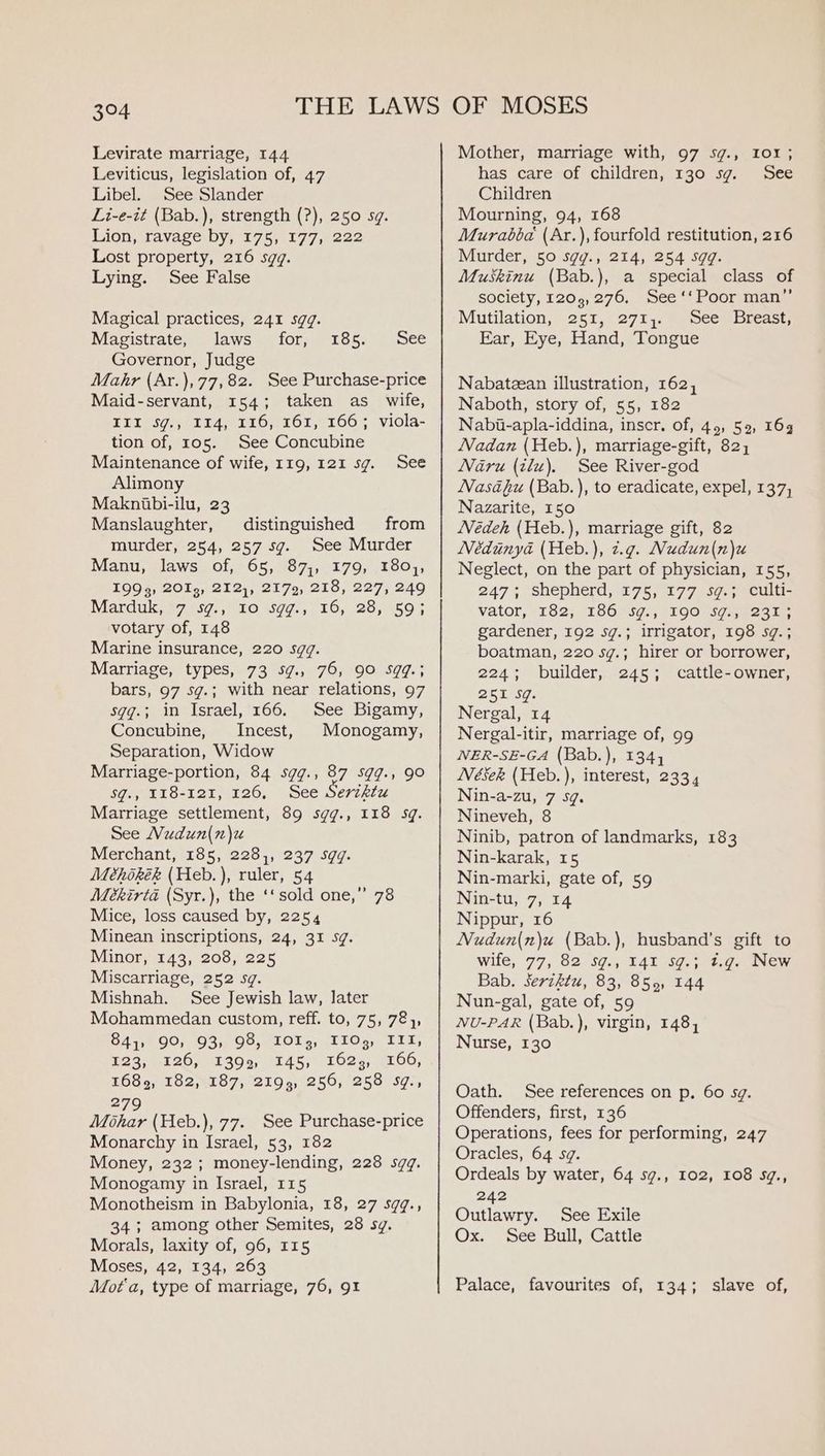 Levirate marriage, 144 Leviticus, legislation of, 47 Libel. See Slander Li-e-it (Bab.), strength (?), 250 sg. Lion, ravage by, 175, 177, 222 Lost property, 216 sqq. Lying. See False Magical practices, 241 sqq. Magistrate, laws for, 185. See Governor, Judge Mahr (Ar.), 77,82. See Purchase-price Maid-servant, 154; taken as _ wife, III sg., 114, 116, 161, 166; viola- tion of, r05. See Concubine Maintenance of wife, 119, 121 sg. See Alimony Maknitbi-ilu, 23 Manslaughter, distinguished from murder, 254, 257 sg. See Murder Manu, laws of, 65, 87), 179, 180,, 199g, 201g, 212), 2172, 218, 227, 249 Marduk,.97 #s7. ,? 10 S9¢.,110, 28,°59; votary of, 148 Marine insurance, 220 sqq. Marriage, types, 73 5g., 76, 90 Sgq.; bars, 97 sg.; with near relations, 97 sgqg.; in Israel, 166. See Bigamy, Concubine, Incest, Monogamy, Separation, Widow Marriage-portion, 84 sgq., 87 sgg., 90 SUL 102125.) 26, Loe Seriktu Marriage settlement, 89 sgg., 118 sg. See Mudun(n)z Merchant, 185, 228), 237 5gg. Mehokék (Heb.), ruler, 54 Meékirta (Syr.), the ‘‘sold one,” 78 Mice, loss caused by, 2254 Minean inscriptions, 24, 31 Sg. Minor, 143, 208, 225 Miscarriage, 252 sq. Mishnah. See Jewish law, later Mohammedan custom, reff. to, 75, 781, 841, 90, 93, 98, IOI3, I103, III, 123; (126, £300, 145; 1625; (166, 1689, 182, 187, 2193, 256, 258 5g., 279 Mohar (Heb.), 77. See Purchase-price Monarchy in Israel, 53, 182 Money, 232; money-lending, 228 sgq. Monogamy in Israel, 115 Monotheism in Babylonia, 18, 27 sqq., 34 ; among other Semites, 28 sg. Morals, laxity of, 96, 115 Moses, 42, 134, 263 Mota, type of marriage, 76, 91 Mother, marriage with, 97 sg., 10x ; has care of children, 130 sg. See Children Mourning, 94, 168 Murabba (Ar.), fourfold restitution, 216 Murder, 50 sgy., 214, 254 5gq. Muskinu (Bab.), a special class of society, 1205,276, See ‘‘Poor man” Mutilation, 251, 271,. See Breast, Ear, Eye, Hand, Tongue Nabatzean illustration, 162, Naboth, story of, 55, 182 Nabi-apla-iddina, inscr. of, 45, 52, 164 Nadan (Heb.), marriage-gift, 82, Naru (ilu). See River-god Nasafu (Bab.), to eradicate, expel, 137; Nazarite, 150 Nedeh (Heb.), marriage gift, 82 Nédunya (Heb.), 2.g. Mudun(m)u Neglect, on the part of physician, 155, 247; shepherd, 175, 177 sg.; culti- vator, 182; 186° S92, 1900 37,823), gardener, 192 sg.; irrigator, 198 sg. ; boatman, 220 sg.; hirer or borrower, 224; builder, 245; cattle-owner, 251 Sg. Nergal, 14 Nergal-itir, marriage of, 99 NER-SE-GA (Bab.), 134, Nések (Heb.), interest, 2334 Nin-a-zu, 7 59. Nineveh, 8 Ninib, patron of landmarks, 183 Nin-karak, 15 Nin-marki, gate of, 59 Nin-tu, 7, 14 Nippur, 16 Nudun(n)u (Bab.), husband’s gift to wife, 77, 82 5g., I41 37.* 4.96 NEW Bab. Serzktu, 83, 855, 144 Nun-gal, gate of, 59 NU-PAR (Bab.), virgin, 148, Nurse, 130 Oath. See references on p. 60 sg. Offenders, first, 136 Operations, fees for performing, 247 Oracles, 64 sg. Ordeals by water, 64 sg., I02, 108 sg., 242 Outlawry. See Exile Ox. See Bull, Cattle Palace, favourites of, 134; slave of,
