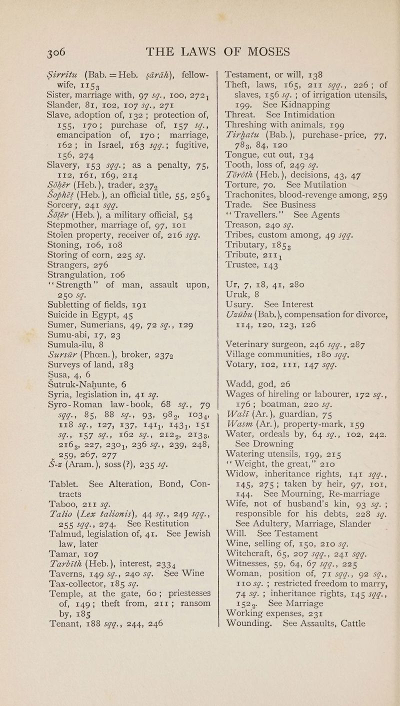Sirritu (Bab. =Heb. sarah), fellow- wife, II5. Sister, marriage with, 97 sg., 100, 272, Slander, 81, 102, 107 sg., 271 Slave, adoption of, 132; protection of, Pes, -170,5 purchase (of, 157 37.; emancipation of, 170; marriage, 162; in Israel, 163 sgg.; fugitive, 156, 274 Slavery, 153 sgg.; as a penalty, 75, £%2,) 161, 160,214 Sohér (Heb.), trader, 237, Sophét (Heb. ), an official title, 55, 2565 Sorcery, 241 59g. Sotér (Heb. ), a military official, 54 Stepmother, marriage of, 97, 101 Stolen property, receiver of, 216 sqq. Stoning, 106, 108 Storing of corn, 225 sg. Strangers, 276 Strangulation, 106 “Strength” of man, assault upon, 250 Sq. Subletting of fields, 191 Suicide in Egypt, 45 Sumer, Sumerians, 49, 72 sg., 129 Sumu-abi, 17, 23 Sumula-ilu, 8 Sursur (Phoen.), broker, 2372 Surveys of land, 183 Susa, 4, 6 Sutruk-Nahunte, 6 Syria, legislation in, 41 sg. Syro-Roman law-book, 68 sg., 79 SYP = 85). OO4 Sa; 3) OSa, - 103), ESOS: 2827, 137, 2417, T4851 52 SG.5=- FS 7-87e; | 162957. 2125, 213s; 2163, 227, 2304, 236 sg., 239, 248, , 259, 267, 277 S-z (Aram.), soss(?), 235 sg. Tablet. tracts Taboo, 211 sg. Talio (Lex talionis), 44 sg., 249 sqq., See Alteration, Bond, Con- 255 syg., 274. See Restitution Talmud, legislation of, 41. See Jewish law, later Tamar, 107 Tarbith (Heb.), interest, 2334 Taverns, 149 sg., 240 sg. See Wine Tax-collector, 185 sg. Temple, at the gate, 60; priestesses of, 149; theft from, 211; ransom by, 185 Tenant, 188 sgg., 244, 246 Testament, or will, 138 Theft, laws, 165, 211 sgg., 226; of slaves, 156 sg. ; of irrigation utensils, 199. See Kidnapping Threat. See Intimidation Threshing with animals, 199 Tirfatu (Bab.), purchase-price, 77, 783, 84, 120 Tongue, cut out, 134 Tooth, loss of, 249 sg. Toroth (Heb.), decisions, 43, 47 Torture, 70. See Mutilation Trachonites, blood-revenge among, 259 Trade. See Business ‘«Travellers.”” See Agents Treason, 240 sg. Tribes, custom among, 49 sqq. Tributary, 1855 Tribute, 211, Trustee, 143 Ur, +7; 13,-41; 250 Uruk, 8 Usury. See Interest Uzubu (Bab.), compensation for divorce, 104, 126, 129;/126 Veterinary surgeon, 246 sgg., 287 Village communities, 180 sgg. Votary, 102, III, 147 sqq. Wadd, god, 26 Wages of hireling or labourer, 172 sq., 176; boatman, 220 sg. Wait (Ar.), guardian, 75 Wasm (Ar.), property-mark, 159 Water, ordeals by, 64 sg., 102, 242. See Drowning Watering utensils, 199, 215 ‘‘ Weight, the great,” 210 Widow, inheritance rights, 141 sgg¢., 145, 275; taken by heir,-97, #on, 144. See Mourning, Re-marriage Wife, not of husband’s kin, 93 sg. ; responsible for his debts, 228 sg. See Adultery, Marriage, Slander Will. See Testament Wine, selling of, 150, 210 sg. Witchcraft, 65, 207 sgg., 241 sgq. Witnesses, 59, 64, 67 sgq., 225 Woman, position of, 71 sgg., 92 5g., IIo sg. ; restricted freedom to marry, 74 sqg.; inheritance rights, 145 sgq., 1525. See Marriage Working expenses, 231 Wounding. See Assaults, Cattle