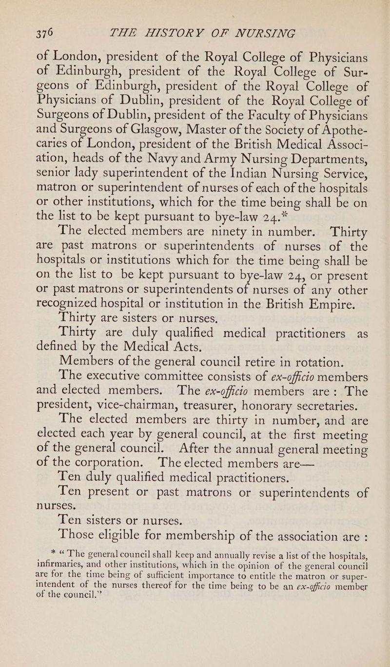of London, president of the Royal College of Physicians of Edinburgh, president of the Royal College of Sur- geons of Edinburgh, president of the Royal College of Physicians of Dublin, president of the Royal College of Surgeons of Dublin, president of the Faculty of Physicians and Surgeons of Glasgow, Master of the Society of Apothe- caries of London, president of the British Medical Associ- ation, heads of the Navy and Army Nursing Departments, senior lady superintendent of the Indian Nursing Service, matron or superintendent of nurses of each of the hospitals or other institutions, which for the time being shall be on the list to be kept pursuant to bye-law 24.* The elected members are ninety in number. Thirty are past matrons or superintendents of nurses of the hospitals or institutions which for the time being shall be on the list to be kept pursuant to bye-law 24, or present or past matrons or superintendents of nurses of any other recognized hospital or institution in the British Empire. Thirty are sisters or nurses, Thirty are duly qualified medical practitioners as defined by the Medical Acts. Members of the general council retire in rotation. The executive committee consists of ex-officio members and elected members. The ex-officio members are: The president, vice-chairman, treasurer, honorary secretaries. The elected members are thirty in number, and are elected each year by general council, at the first meeting of the general council. After the annual general meeting of the corporation. The elected members are— Ten duly qualified medical practitioners. Ten present or past matrons or superintendents of nurses. Ten sisters or nurses. Those eligible for membership of the association are : * «The general council shall keep and annually revise a list of the hospitals, infirmaries, and other institutions, which in the opinion of the general council are for the time being of sufficient importance to entitle the matron or super- intendent of the nurses thereof for the time being to be an ex-officio member of the council.”