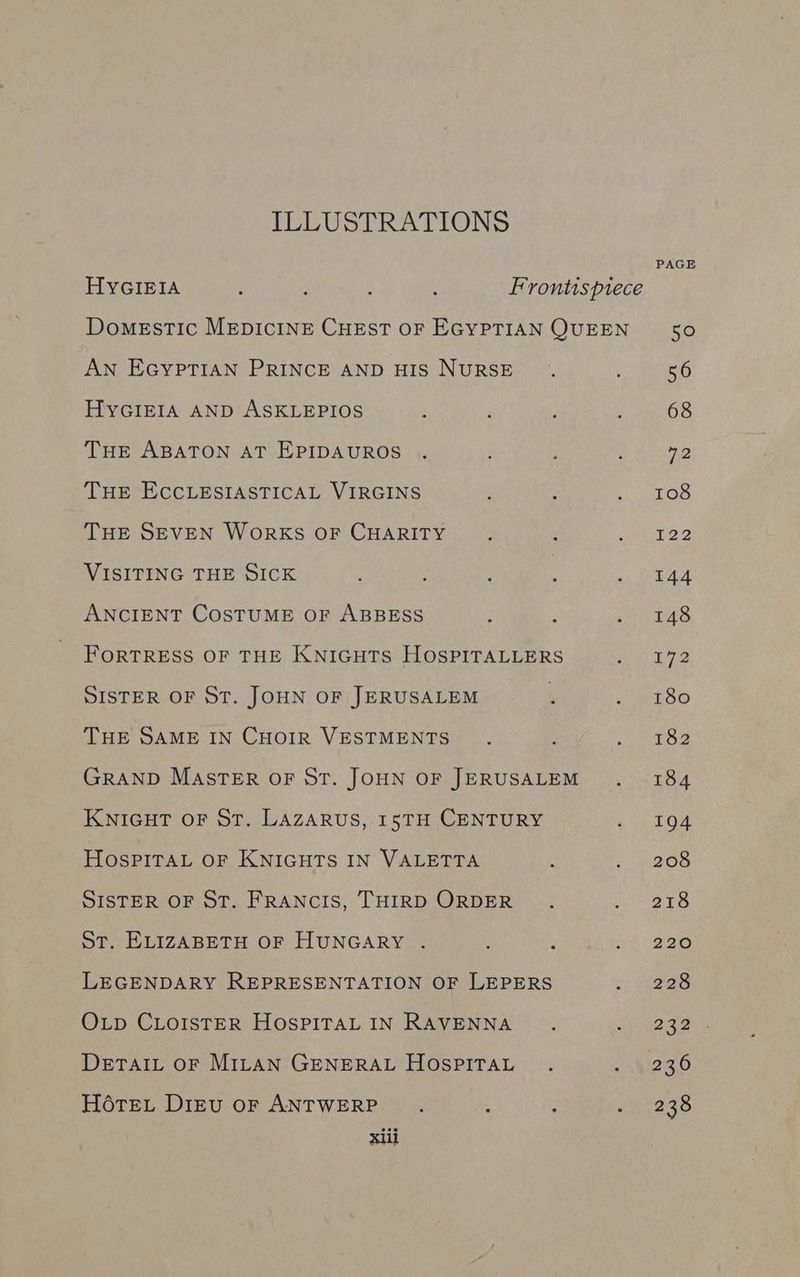 ILLUSTRATIONS AN EGYPTIAN PRINCE AND HIS NURSE HYGIEIA AND ASKLEPIOS THE ABATON AT EPIDAUROS THE ECCLESIASTICAL VIRGINS THE SEVEN WoRKS OF CHARITY VISITING THE SICK ANCIENT COSTUME OF ABBESS e ; FORTRESS OF THE KNIGHTS HOSPITALLERS SISTER OF ST. JOHN OF JERUSALEM . THE SAME IN CHOIR VESTMENTS GRAND MASTER OF ST. JOHN OF JERUSALEM KNIGHT OF ST. LAZARUS, I5TH CENTURY HOSPITAL OF KNIGHTS IN VALETTA SISTER OF ST. FRANCIS, THIRD ORDER ST. ELIZABETH OF HUNGARY . : ‘ LEGENDARY REPRESENTATION OF LEPERS OLp CLOISTER HOSPITAL IN RAVENNA DetaiL oF MILAN GENERAL HOSPITAL HOTEL DiEv or ANTWERP F : : xiii PAGE 50° 56 68 72 108 bog 144 148 172 180 182 184 194 208 218 220 228 222 236 238