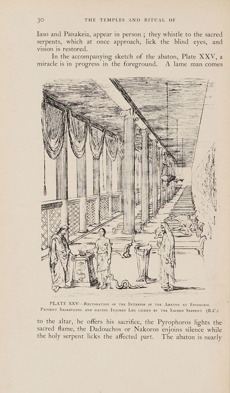 Iaso and Panakeia, appear in person ; they whistle to the sacred serpents, which at once approach, lick the blind eyes, and vision 1s restored. In the accompanying sketch of the abaton, Plate XXV, a miracle 1s in progress in the foreground. A lame man comes Py7 XY y S, la bs Z SAK PLATE XXV—ResroraTION oF THE INTERIOR OF THE ABATON AT EPIDAUROS PATIENT SACRIFICING AND HAVING INyuRED LEG LICKED BY THE SACRED SERPENT (RC) to the altar, he offers his sacrifice, the Pyrophoros lights the sacred flame, the Dadouchos or Nakoros enjoins silence while the holy serpent licks the affected part. The abaton is nearly