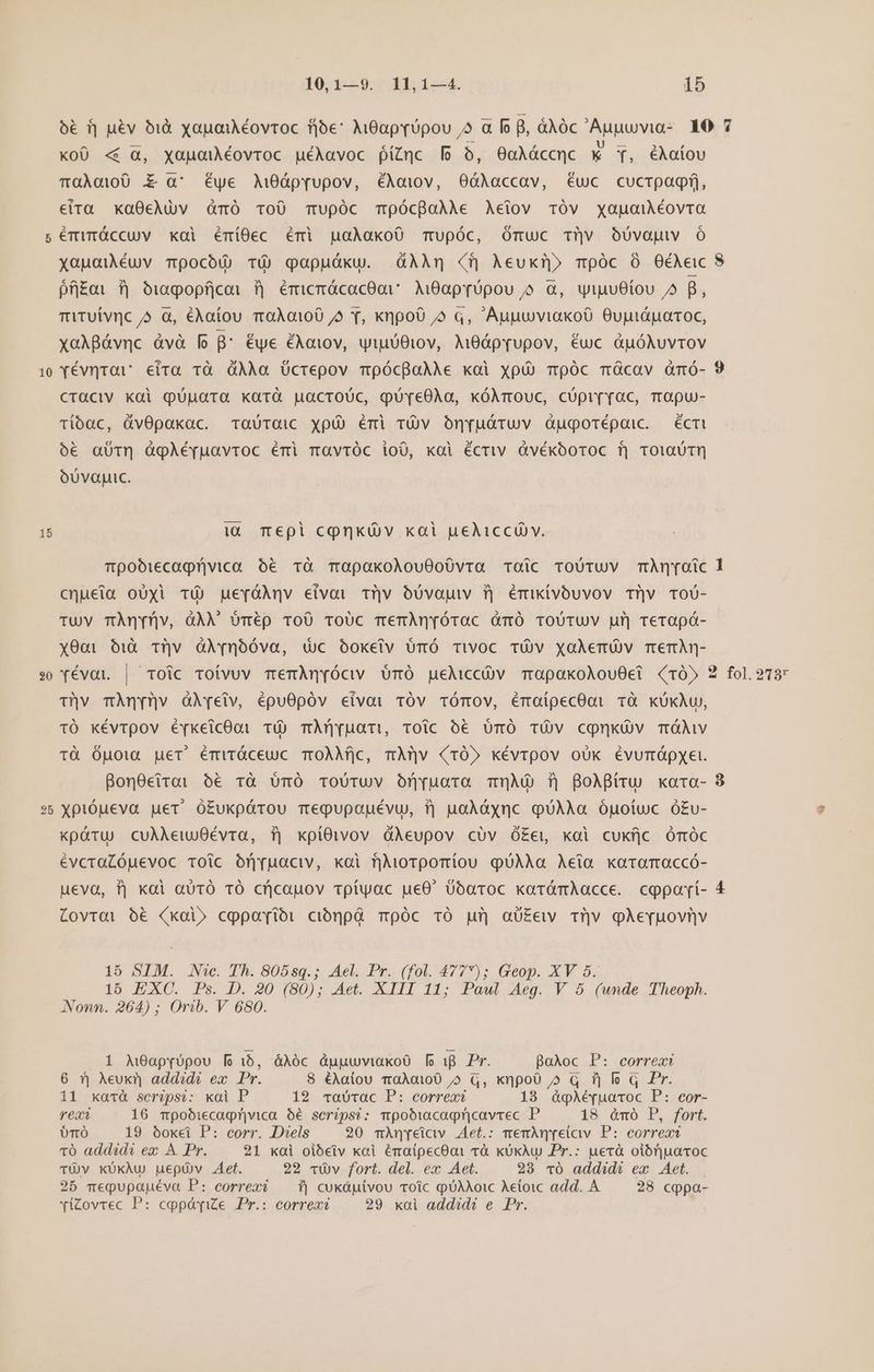 ó€ f] u&amp;v *i&amp; xaguoaiAéovroc fjbe: AiGaprüpou à a [o B, àÀóc Aunuvia- 10 7 x«o0 «&amp; a, xauaiAéovroc uéAavoc pínc [5 5, 0oXáccnc &amp; Y, &amp;Aoíov TaÀoi00 .£ aQ' éye M(0óprupov, éÀoiov, OóÀaccav, €uc cucrpagf, eira. ka0cMuv àmó ToU Tupóc mpócBaAAe Aetov TÓv yxagailéovrao émutáüccuv xoi émíO0ec émi gaAakoÓ0 mupóc, Omuc Tv OUvajuv OÓ xouoiléuv mpocóg TÓ qapuáku. àÀAm 4f Aeuxmn» mpóc 0 0é€Aeic 8 pfi£au f| O1ugopfjcoi ?| émicmóácacOar MO0aprópou ^ a, yiuvOtou ^ 8, mirUívnc ^ a, éAaítou maAo00 ^ Y, xnpoO /» q, AupuviakoO Ouutáparoc, xoABávnc àvà [o B: Éye £Aotov, wiuDOtov, Ai8ápqupov, €uc &amp;uóhuvrov 10 Yévqitavr eira. à. GÀÀa Ücrepov mpócQaAAe kai xpU) moOÓc mücav àmó- 9 craüciv kai QUuaTa karà uacroUc, puYreO0Aa, kóArOoUC, CÜptYYOC, TtOQU- Tioóac, dvOpakac. TaUTüiC XpU éri vOv ónvuóáruv ajqorépaic. — écti oó€ aUT] GgpAé[uavroc émi mavtÓc 100, xai écriv àvékooroc fj rO1QUTH OUVOJIC. [^4] 15 iQ T€pi cpnküv xai pueAiccü v. Tpoó:ecagpr|vica ó&amp; Tà TOpakolouOoÜ0vra Toic TOUTUV mÀnroic 1 cnuetia ooxi TÓ) pevóAnv eivai tiv ouvaguv fj émikívoóuvov ti]v TOU- Tuv mÀn[nv, àÀÀ bmép ToU ToUcC memAÀnróroac àmÓ TOUTUV ul| rerapá- x0mi bià Tv à[nóóvao, dc óoketv oóTvÓ Tivoc TÜV xoAemüÜüv mermn- 0 Tévot. | TOlc TOÍvuv memAn[óciv OmÓ pueMcoóv mapokoÀouOet (105 2 fol. 2737 Tv mÀnynv Greiv, épuOpóv ecivoi TÓv TómOv, émaípecOoi TY KkUÜkAu, 10 kévtpov é[keicOoai T TQ uar, Toic ó6 UmÓ TÜV cqQnküv TÓiwv Tà Ópoia ger émiróceuc TOÀMjc, mÀrv (TÓ» kévtpov oUk évurmópyei. BonO0eita: 5€ rà ümÓ ToUTuv OÓnyuora mA f| BolBiru xora- 38 :5 Xpióueva uer ó£ukpárou megupapévu, 3j uaAaàync QuÀAa Óuoíuc ÓEvu- kpáru cuAAew)0évra, fj xpiOwwov dÀeupov cóv O£e, kai cukfjc Ómóc évcracóuevoc Toic ón[uaciv, koi fuorporiou QUAÀAam Aeta xararaccó- ueva, fj kai aUTÓ TÓ cf|cauov rphwac ue0' 06aroc karámAacce. copaví- 4 Lovroi 6€ (koi» cgpaytó: cibnpG mpóc TO um aie Tv gAeruoviüv 15 SIM. Nie. Th. 8058qg.; Ael. Pr. (fol. 477»); Geop. XV 5. 15 EXC. Ps. D. 20 (80); Aet. XIII 11; Paul Aeg. V 5 (unde Theoph. Nonn. 264) ; Orb. V 680. 1 Ai8apyrópou [o:5, óÀóc GpuuviakoO [eig Pr. paloc P: correa: 6 9| Aeux' addidi ex Pr. 8 éAaiou maAoi00 ^ Q, xnpoü 5 q Tij lo q Pr. i1 xarà scripsi: xai P 12 TaUTaüc P: eorreat 183 àgAé[puaroc P: cor- reat 16 mpobiecagrivica óé seripsé: mpobiacagr|icavrec P 18 ómó P, fort. ÜTÓ 19 óokei P: corr. Diels 20 mAnreicv Aet.: memAn[etav P: correa? 16 addid ex A Pr. 21 kai oióeiv kai émaipecOai Trà küxAu Pr.: uecà oibrjuacoc TÜv KkÜkÀu uepüv Aet. 22 vOv fort. del. ex Aet. 23 c6 addide ex Aet. | 25 mequpauéva P: eorrexi — 1| cukóutvou toic qUAAo1c Actoic add. A 28 coppa- viZovrec P: copóáize. Pr.: correxi 29 xai addidi e Pr.