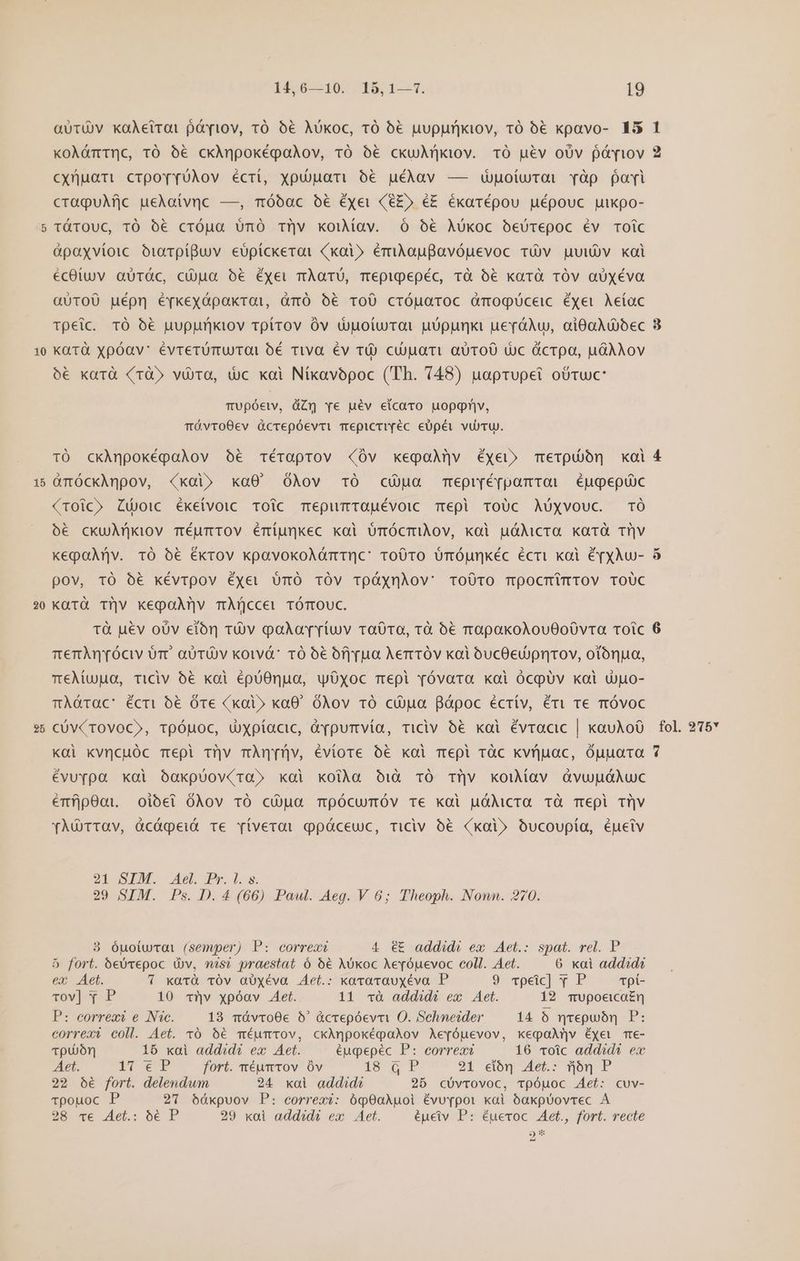 15 20 25 Ído87:107 2251 1-3. 19 cxnuari crpo[(0Àov écri, xpuüüuari o6 uéÀav — (duoíurot Yàp pai craQuM|c ueAaívnc —, móoac bé Éyei (6£» é£ ékarépou uépouc uixpo- tárOUC, TÓ ó€ cróua UümÓ Ti]v kouMav. 0 0óé€ Aükoc óeurepoc Év Toic àpaxvíoic oótxrpíBuv eüptckerat (xoi» émihiauBavóuevoc TUv pguiw)v koi écOtuv aütác, cü)ua oó€ Éxei TÀaTU, mepigepéc, rà 6€ karà TÓv aüxéva Q0TOÜ uépn é[keyópakrai, dmÓ oó&amp;€ TOÜ cróuarOC ümogüceic éxei Aetac Tpeic. TÓ bé uupumkiov rpírov Óv duoiurot uüpunkt ueróáu, aiGaAdbec ó€ xarà (rà»5 vira, wc xai Níkavopoc (Th. (48) uaprupet obüvuc: TUpóetv, dZr Ye uév etcaro uopgnv, TóvroOev ücrepóevai TepicrrYéc eüpéi vulTUJ. 1tÓ ckAnpoképalov 066 Téroprov «Ov xepaM|v éxei merpübn xoi GümóckAinpov, «xdi» xa0 Àov 10 cópa epr[éfpomrai épgepüc (TOlc» Zoic ékeívoic Toic mepumrapuévoic Tepi ToUc AüUxyvouc. TÓ ó€ ckuATQkiov méurTOV Émunkec kai UmÓcTIAOV, kal uóáAicra kara T]v Kepanv. TÓ 6€ éxrov kpavokoAámTQnc: roO0TOo ÜmÓunkéc écri koi é[xyÀu- pov, TÓ ó€ kéÉvrpov Éxyer UmO TÓv TQáynAov: ToÜto mpocmimTOov TOUC Kaürà Til]v kepaArnv mÀüccer TómOUc. T&amp; u€v oUv etór tv qoAavYriuv rato, tà 6€ rapakoAou000vta Toic rerÀn[óciy üT aUTÜYV koivá: TO o€ ofj(ua Aerrróv kai óucOeuprirov, otónuo, T€Aíuguo, riciv 6€ kai épuOnua, uóxoc mepi vóvara xai ócpUv kal Uno- TÀóTac: écri o6 Ore Ckai» ka0' GÀov 1O cü)ua Bápoc écríiv, éri ve móvoc cóv(rovoc», tpónoc, üUxpíacic, &amp;vpumvía, ticiv 6€ koi évracic | kavAo0 kai kvncuóc mepi trü]v mÀmn[nv, évíiore óé koi mepi ràc kvruac, ópuuara évurpa xoi bóakpUuov(ra» xai koiÀa Oià TÓ Tl|v konav àvupguóAuc émfjp0oi. oibei OÀov TÓ ca mpócumóv T€ kai uÓlicra TÀà Tepl TV q(AdTTav, àcóágpeiá Te yíverai qpáceuc, riciv bé koi» óucoupía, épetv OIOSEM. WULOPE doe 29 SIM. Ps. D.4 (66) Paul. Aeg. V 6; Theoph. Nonn. 270. 3 óuoiucoi (semper) P: correct 4 €&amp; addid? ex Aet.: spat. rel. P 5 fort. beüvepoc (v, ns? praestat ó 6€ Xóxoc Ae[óuevoc coll. Aet. 6 xai add?d? ex Aet. 7 xarà vÓv oUxéva Aet.: xovarauyéva P 9 cTpeic] y P Tpi- Tovbeop P 10 Tnv xpóav Aet. 11 cà addidi ex Aet. 12 mupoeica£n P: eorréat e Nic. 18 mávro0e 5' ácrepóevm O. Sehneider 14 6 qrepuón P: correxi coll. Aet. x0 5€ méumTov, cxAmpoképaAov Ae[óuevov, kepaMnQv Ééxe me- T0u01 18 xai addid? ex Aet. éugepéc P: correa 16 roic add?d4 ex Aet. 17 €'P fort. réumtov Óv ISUDUP 21 ción Aet: (bón P 22 60€ fort. delendwm 24 xai addid 25 cüvrovoc, vrpóuoc Aet: cuv- Tpouoc P 2' bóóxpuov P: correxi: óq0a0Àuol évuypot xai óakxpüovrec À 28 T€ .Ael.: 66 P 29 xoi addid? ex Aet. épetv. P: éuevoc. Aet., fort. recte 5x d fol. 915 ri