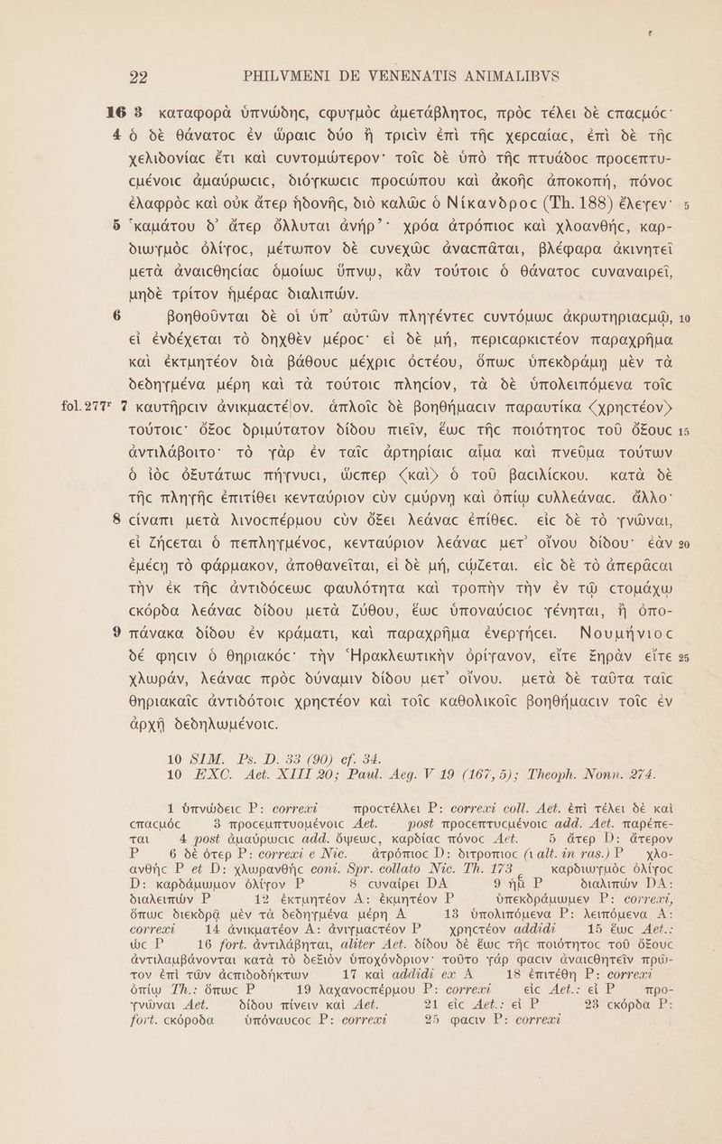 16 3 xoragopà oómvubnc, cpu[uóc GueróáBAnroc, mpóc TÉAei 0€ cmacuóc: 4 ó 5€ O0óvaroc év d)paic ouo f| Tpiciv émi Tíjc xyepcaíac, émi o€ Tf]c xehibovíac éri xai cuvroutUTepov' Toic óé Umó Tfjc rtTUÓDOC TtpocerTU- cuévoic àuaüpuxic, OióTKücic TocUTOU kai dkofjc dmokom?, Tóvoc éAagpóc xai oUk drep fjoovfjc, 910 kaAdc ó Níkavópoc (Th. 188) &amp;vepev:. s 9 'xauóárou O' drep OÀAurO: àvfp'* xpóa arpómioc koi yAoavOrnc, kap- oów)YuÓc ÓMoc, uérumov bé cuveyüc dàvacmároi, BÀépapa Gxivnrei uerà óvoicOncíac ópotuc Urvu, küàv ToUTOIC Ó Oóvaroc cuvavaipei, unoé Toírov fnuépac otaÀuruUv. 6 Bon8oÓóvroi 66€ oi óTm autÜv TÀnrévrec cuvrÓuuc dkpumpiacui, 10 cei évóéyerai 10 Oónx0év uépoc: ei o6 uf mepicopkicréov mapaoyxpfjua Koi ékrunréov óià áO0ouc uéypic Ócréou, Ómuc Umekbpóun uev và oóebmyuéva pépn xoi Trà ToUTOIC TÀncíov, Trà Oé€ Urmoleutóueva Toic fol277' ? kavTfjpciv àvixuacrélov. ómÀoic o€ BonOnuaciv mopauriíka (xpncréov» TOUTOIC' Ó£oc ópiuUrarov óoíbou Tüeiv, éuc Tfjc moi6TQqTOC TOÜ Ó£OUC 15 üvrilóBowo: TÓ Yàp év Toic dprnpíoaic oiuoa xoi TveÜua TOÜTUV ó ióc Ó£utáTuc Tü/jvuci, Ocmep xoi» ó ToÜ0 Bacuíckovu. kxorà oé tfjc mÀmnYfjc érirí0er kevroüpiov civ cuüpvy xoi ómíu cuAAeávac. ÓOÀAo* 8 civarmi uerà Aiwocmépuou cUüv Ó£ei Aeávac émíOec. «eic óé TÓ TvÓvai, €i Zrcerai Ó memAnruévoc, kevraupiov ÀAeávac uer otvou bíóou' éàv so éuécy 10 póppuakov, àmo80aveirat, ei 6€ url, cüZeror. eic ó&amp; TÓ ümepáücoi Tv ék Tfjc àvribóceuc qauAóTQta xai tTpomv Tiv év TÀ crouóxu ckópóa Aeávac oóíóou uerà ZuO00u, €uc ümovaüctoc Yévnroi, f| Omo- 9 nrávakxoa oóíóou év kxpáuar,i kai maopoxpfjua évepprce. Nouunvioc oóé gncv 6ó Onpiakóc: Tüv HpeekAeurikünv óptravov, etre Enpàv cire ss XÀupóv, Aeávac móc oóUvauiv oóióou uer otvou. guerà oóé€ TaÜTQa Tüic OÓnpiakoic avribóToic Xxpncréov koi roic ko800Mikoic BonOüuoaciv TOlc Év üpx6 ocoónAuuévoic. 10 SIM. Ps. D. 33 (90) ef. 34. 10 EXC. Aet. XIII 20; Pawl. Aeg. V 19 (167,5); Theoph. Nonn. 274. 1 Umvueic P: correx? TpocréAAei P: correxi coll. Aet. éri téXev 5€ xai cmacuóc 9 mpoceurTUouévoic. Aet. post mpocemrucuévoic add. Aet. mapéme- TQ 4 post àpuabpucc add. ówewc, xapbtac Tóvoc Aet. 5 dvep D: dcepov P 6 6€ óvrep P: correxi e N?c. — àvpómoc D: óvrpomioc (alt. n ras.) P — xXXo- avOnc P et D: xAvpavOnric com. Spr. collato N?c. Th. 173 xapóuwruóc ÓAMYoc D: xapóduupuov óAMtyvov P 8 cuvaipe DA 9 nü p ówAurnv DA: ó1.1Aeumv P 12 ékxrunréov À: éxuntéov P oórexópóuupev P: correct, ómUc OtckópQ uév và oóeónyuéva uépm A 13 OmoAuróueva P: Aewmóueva A: correa 14 óàvixuaréov À: Óvitruacréov P xpncvéov addidi 15 éuc Aet.: déc P 16 fort. àvauánoi, aliter Aet. ótibou 5€ éuc rTf|c moióTqToc ToO ó£ouc àvviaufóávovrai xarà TÓ Oc£i0v Ümoyóvópiov: roO0TO ydp qactv dàvaoicOnreiv mp0 TOv Éémi TÜ)v Acmibobnnkruv 17 xoi addidi ex A 18 émwéO0n P: correxi óniu Th.: ómuc P 19 Aaxyavocmépuou P: correa eic Aet.: ei P Tpo- Yv&amp; voi Aet. ótbou mívew xai Aet. 21 eic Aet.: &amp; P 23 ckópba P: