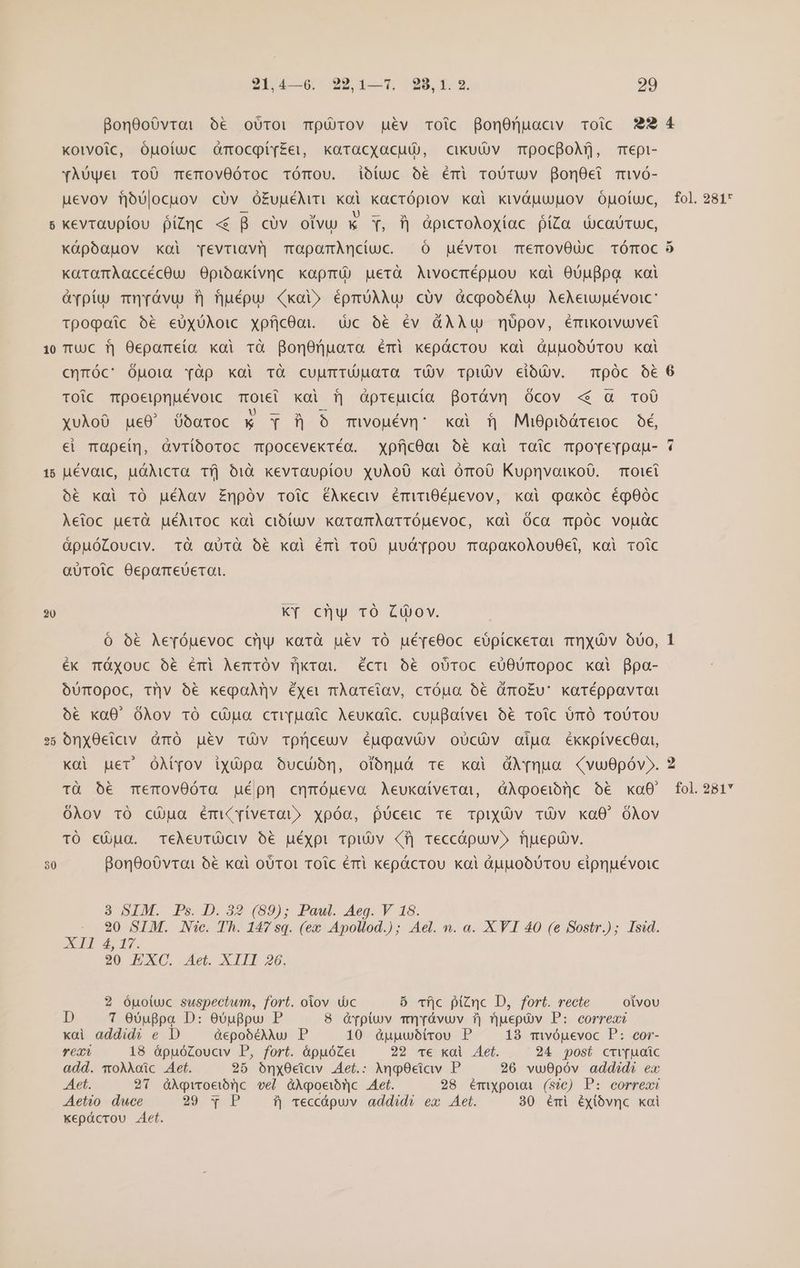 [2] 10 1 ex 20 [2s] ex 21:4—6 281-7 :898, 1: 9. 29 Bon0oÓvrai 06€ oro: moOrov guév Toic fonOnuaciv voic 22 Koivoic, óuoiuc Gmocqpíiy£ei, karacyacud), ciudv TpocBoMj, mepi- yÀUyei ToO Temov0Óroc TÓTOU. ibíiuc óé€ émi roUtuv ponet mivó- uevov fjov|ocuov cov Óó£uuém «ai Kücrópiov koi xivàüuupov Opotuc, Kkevrauptou piZnc «&amp; 8 cüv olvu M y, f] àpicroAoxíac píZa wWcauruc, xóápoóauov xol vevriavn TapomAnciuc. ó uévroi TremovOUc TÓTmOC KaüramAaccécOu Opibakívnc xapmi) uerà Mvocmépuou xoi O0UuBpa xoi &amp;vpíu mmróvu f| fjuépu) (koi» épmUAAu cüv àcqooéAu AeXew)uévoic Tpogpaic o6 eUxyUAoic xpfjcómi. — dic ó&amp; év GÀÀu müópov, émikotvuvei TUC f| Oepameía xoi rà BonOnuara émi kepácrou kai àjjooUrou kai cqpmóc: OÓuoig Yàp xoi TÓà cuumtüuaTa TÜV TQiu)v ciódv. mpóc Oóé€ TOlCc Trpoetpnuévoic noi küi f| dàpreuicia Boráv] ócov «6 a ToO XuÀo0 ge0' 0baroc » T !? 5 mwvouévp: xoi fj Mi6pibóreioc — b, €i Taeij, avriooroc Tocevekréa. xpfjcOot óé kai Toàic mpovye[pagu- uévaic, u&amp;Aicra. Tfj 010. kevraupiou xuÀoO kai óro0 KupnvoikoO. Toiel ó€ kai TÓ uéAlav £npóv toic ÉÀAkeciv émuwri0éuevov, xoi qpakóc ég0óc Àeioc uerà uéAiroc kai cibíuv xaramAarrÓuevoc, kai Óca móc voudc óápuóZouciv. TÓà aUTGà € kai éri ro0 uudypou mapakoÀouOei, kai Toic QUTOic Oeparreueraoi. KY cny TO £ov. Óó 6€ Ae[óuevoc cy xarà uev TO gé[e00c eópíckerai TXOv ouo, €éKk TXouc 6€ émi Aemróv üjkraui écri o6 obToc eü0UT0poc xai ppa- óUmopoc, tv óé€ kepaAnv éxet mAÀareiav, cróua € dmo£u' karéppavrat ó€ xa0' OAov TÓ cia crr[(uatc Aeukaic. cuuBaíver o€ Tolc UrÓ TOÜUTOU oónx0ciciv àámó guév TÜv Tprlceuv éugpavüv oücüv aipgoa éxxpivecOai, Küi puer OMov ixópa Ooucón, olónuá Te koi OXyqua (vu0póv». Tà bé memov0óra guépn cqmóueva Aeukaíverai, àAgoeibc 56€ xa8 0Aov 1OÓ cjua émi(Tíverai» xpóo, püceic Te Tpixyüv TÜUv kaO0' óAov TÓ ca. TeAeurÜciv 5€ puéypi 1tpu)v «f| reccápuv» fuepubv. Bon9oÓvtai 6€ kai oUTO! ToiC érri kepácrou kai àjjiooüUTOu eipnuévoic à SIM. Ps..D. 32 (89); Paw. Aeg. V 18. . 20 SIM. Nic. Th. 147 sq. (ex Apollod.) ; Ael. n. a. XVI 40 (e Sostr.); Isid. UT 17. 20 EXC. Aet. XIII 26. 2 óuotwc suspectum, fort. oiov duc 6 cfjc piZznc D, fort. recte OlvOU D 7 00ufpa D: ObuBpu P 8 [piv mqróávuv 1) rjuepiv P: correxi xai addid? e D &amp;epobéÀAu P 10 óàguuuwóirou P 13 miwópevoc P: cor- reat 18 ópuócoucw P, fort. épuóca 22 «cc kal Aet. 24 posi crv[uoic add. ToXXoíic Aet. 25 óny0cicw Aet.: AngO0eiav P 26 vwOpóv addidi ex Aet. 21 àÀqvroebnc vel àXpoeiórjc Aet. 28 émixpoiu (s?c) P: correxi Aetio. duce 29. qP à veccápuv addidi ex Aet. 30 émi éxióvnc xoi xepácrou Aet. i ex e) 2 fol. 281* fol. 981