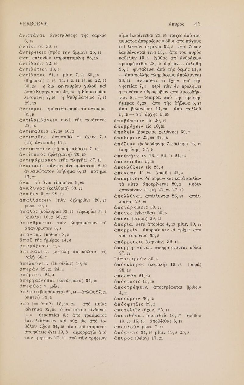 ávicrávat. 6, 15 &amp;voíkeioc 30, 94 ávTépeicic (mpóc Tiv &amp;upov) 25,11 àvTi cmÀnviou émippurrvouévn 23,13 &amp;àvTibocic 22, 99 àvtTibÓTiov 18,6 &amp;vtlàoroc. 21,1 plur. 7,35. 89,15 (0npiakn) 7,96 14,1.3.14.23.26 22,27 30,28 f| àuà kevraupiou XxuAÀoO xai órto0 KupnvaikoO 29, 15. | Cürraropliou Aeyouévn 7,26 *j MiOpibóreioc 1, 21 297 19 ávTikpuc. GubvecOat Tpóc TO üvrikpuc 39, 9 &amp;vtilaufáveiv med. cvfjc motóTqToc 22. 16 &amp;vrwuráOcia 17,20 40,2 üvTwraOrnc GÓvruaO0éc Ti (rà) àvrwraOf] 17,1 üvcimrimTeiv (Tfj mapeicóDcet) 7, 16 &amp;vrirumOc (qAeruovn) 26, 20 &amp;vripápuakov (1fjc mÀnTfjc) 37,13 &amp;vüciuoc. TÓvTUV üvuciuuitaTOC 8, 20 ávuciutrarov BonOnua 6,93 móTnQua 17,37 &amp;vu. TÓ Óvu eipnuéva 9, 95 &amp;vudboóuvoc (xoAXAUpia) 38, 22 ávuOecv 9,22 28,18 üTraÀÀÓdcceiv (rv OÓyAnpüv) 20, 96 pass. 40,1 áTaAÀÓc (koAAlopia) 83,22. (cpoupta) 37, (pUAÀAa) 16,2 36,22 áTdávOpusoc. Tüv ponOnudTwv có d&amp;TávOpumov 6,8 àTavTGv (rá00c) 8,5 üámaE Tf|c rfjuépac 14,6 &amp;rapápacoc 9,5 ümciküZeiv. uv[aM|] damexdáZeroi f) Taf 36, * üTcÀaUbveiv (e£ oixiac) 10, 26 &amp;àTepüv 22,21 24,4 ámépacic 24,4 üámepyráZec8a1 (kavrápvuaoca) 34, 19 üámegO0oc v. uéX ó&amp; TT Ào0c(Bon8ruara) 22,14— &amp;mAO c 21,24 (eimeiv) 33,5 G&amp;1Tó (— bmó?) 15,18. 24 dmó Qgviac Kévrqua 32,24 ó dm aótoO kivóuvoc 1, 8 GOepameidi (d)c ÓTÓ TpaUuaroc €mireAe(cOucav xai oUx dc àmó io- BóÀou Zuou 34,19 óTÓ vo0 cróuacoc ó&amp;TroqQuüceic éyet 19, 8. aluoppar[ía -dmó TU tpüceuv 27,20 àmó Tüv Tpl]ceuv &amp;vactaOelcnc Tfjc capkóc éxyetv. 7,4 aiua éxkptvecOai 29, ?5 cpiyec àmó roO ciüuaroc àroppéouctv 35,6 dmó máyxouc émi Aemtóv uévoc 32,58 àmó Ziwv Aaufávovrai viva 13,4 dm To Tupóc xa0cAdv 15,4 iy00ac Qm &amp;ávOpáxuv Tmpocqpépec0ai: 28,10. àqp^ Uv... éxA]0n 25,9 qu*YaócUei dmOÓ Tf|c Ócuf|c 11,8 — óTÓ TO0ÀM|c mÀnpubceuc dmóAAuvrat 26,24 Ó&amp;vrura0éc Ti Éxyewv. àmó Tf|c vncrelac 7,5 Tepi TÜv Éév mpoAÀnuet Yerovóruv 0o6pogoóBuv ómó Auccoónx- TUv 8,1— tempor. dàmó cí|c mputnc fjuépac 5,23 àmó Tfí|c ón£ewc 5,27 &amp;TÓ poAavetou 14,920 dmÓ T0AAÀo0 5,15 — àm' àpyxfjc 5, 25 àvoBáómreiv eic 20,17 àmoBpéxeiv cic 10,21 àTobeiv (fpaxetac xeAvnc) 39, 1 àámoóoóépeiv 23,22 37, 18 àTmóZeua (pobobáqpvnc ZecOelcnc) 16, 19 (uupcivnc) 37,9 &amp;ToO0vijckeiv 16,6 22,21 24, 25 GT OokeicOat 5,18 QT OKAÀUZeiv eic 25,4 üTmokoT!| 11,24 (àxofjc) 22,4 à okpíiveiv. bi oópuv kal karà koutav Tü QaUrà dGmokpiverai 20,2 — unóév QTokpivuv ei ur 21,24 27, 19 &amp;TO0ÀÀUvat dmÓMAUuvro: 26,23 — ÓümÓA- AucOat 23,21 üámTováàpkucic 39, 2? &amp;To0voc (fivecOai) 20,5 ámot£u (cróua) 29, 23 &amp;Topía. uerà d&amp;moptac 4, 19. plur. 30, 2? àTOoppeiv. dToppéouciv ai vpiyec àmó TOÜ cu)uaroc 35,65 àTmÓóppeucic (capkü)v) 32, 13 QToppnun[rvvóvar Omopprrvuvrat ooAotl 9T, 22 *óüTmoceipoOv 30,4 üTÓckAnpoc (kepoaAn) 19,158 (oUpó) 28, 18 GT OocTmÓv 21,24 dstóOcvüctc: 10,10 &amp;TOocTpéqeiv. Gmocrpégeroi fBpürciw 4, 11 GTocüUpeiv 36, 15 ámócoir[£1ic 29,2 üTOTcAeiv (fiyov) 25,11 &amp;moTi0évat ódmoreOeic 16,17. &amp;móOou 10,923 16,10 dTo00éc001 5, 19 &amp;TOUAÀoÓv pass. 7, 11 áTóqucic 34,16 plur. 19,8 25,8 áTvupoc (0ctov) 17,21