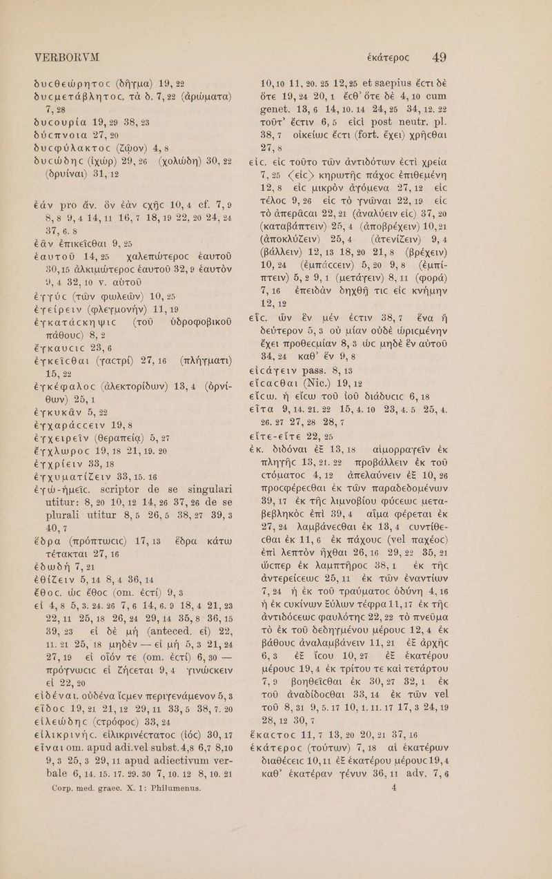 6ucOeupncoc (ófyrua) 19, 22 óucueráfgAncoc, rà 5, 7,22 (àpuouaco) 1, 38 óucoupta 19,29 38, 23 óUcmvota 27,20 óucpuAakroc (Záov) 4,8 oucujónc (ixi) 29,26 (xoAujón) 30, 22 (bpuivat) 31, 12 €àv pro áv. Ov éàv cxfjc 10,4 cf. 7,9 8,89 9,4 14, 11, 16, 7. 18, 19 22, 20 24, 24 34,6.8 €Gv émikeicOoi 9, 25 auToO 14,25 yxoAemurepoc éauTo0 30,15 àAxiuurepoc éaucoo 32,9 éautóv 9,4 32,10 v. abToO v 0c (TUv quAeóOv) 10, 25 €yeípeiv (gAeyuovnv) 11,19 éfkaráckmwyic. (roO 0ópogopikoO TóO0uc) 8,2 éfkaucic 23,6 éyxkeicOa: (yacrpt) 27, 16 15, 22 évkégaAoc (dAexropioóuv) 18,4 (ópvi- 0uv) 25,1 é€(KkUKküàv 5,22 évxapácceiv 19,8 évXeipeiv (O0epareiq) 5, 27 éfxyAupoc 19,18 21, 19. 20 évxpteiv 33, 18 €rxupuariZeiv 38, 15. 16 équU-fueic. scriptor de se singulari utitur: 8,20 10,12 14,26 37,26 de se plurali utitur 8,5 26,5 38,977 89,3 40, 1 éoópa (mpómTUCiC) 17, 13 TéTOkTOi 27, 16 €buón 7,21 €O(Zeiv 5,14 8,4 36,14 é0o0c. (c é0oc (om. écri) 9,3 ei 4,8 5,3.24.36 7,6 14,6. 9 18, 4 21,23 22,11 25,18 206,24 29,14 35,8 30,15 39,23 «i 56 uf (anteced. ei) 22, 11.21 25, 18 unóév — ei ur] 5,3 21,24 27,19 €i oióv vc (om. écri) 6,30 — TpóTvuctc ei Zricerat 9,4. YivüUcketv ei 22, 20 eibévai. ob5éva tcuev meprrevápuevov 5, 3 eiAed bnc (crpógoc) 38, 24 €iAikpivric. eüukpivécravoc (ióc) 30, 17 e€iva10m. apud adi.vel subst. 4,8 6,7 8,10 9,3 25,3 29,11 apud adiectivum ver- bale 6,14.15.17.29.30 7,10.12 8,10.21 Corp. med. graec. X. 1: Philumenus. (TAnvuat) ébpa xdru) 10,10 11,20.25 12,25 et saepius écrit 5€ ve 19,924 20,1 éc0'Óve bé 4,10 cum genet. 13,6 14,10.14 24,25 234, 12,22 TOO0T' écrw 6,5. eici post neutr. pl. 38,7 oiketuc écri (fort. éyev) xpfic0oi 21,8 eic. eic To0vo vtü)v dvribóTUv écri xpeta 1,25 (eic» knpufjc máxoc émi0euévn 12,8 «ic uwxpóv à[óueva 27,12 eic TéÀoc 9,26 «ic TÓ TvUvoi 22,19 eic TÓ &amp;mepücai 22,21 (&amp;vaAUe eic) 37, 20 (xacvafóm rei) 25,4. (àmoppéyew) 10,21 (&amp;roxAUZew) 28,4 — (üreviZew) 9,4 (BáAAew) 12,13 18,20 21,8 (gpéxew) 10,24 (éumáccew) 5,20 9,8 (éumi- mew) 5,9 9,1 (ueráfew) 8,11. (qopd) 7,16 émeirbdv Ony0fj mic eic kvrunv 12, 12 €ic. Uv év uév écnuv 38,7 éÉva |) - óeoTepov 5,3 oU ulav oo6é picuévnv éxet mrpoOecutav 8,3 ud)c unóé év abToÓO 34,94 xa0' év 9,8 eicáTeiv pass. 8, 13 eícac0a1 (Nie.) 19, 12 eícu. 5j ecu To0 io0 Oidóucic 6, 18 citra 9,1491, 22 1554.10 9293,45; 95, 4. 26, 97 241, 928. 28,7 eíice-eíce 22, 925 €k. Oóti00vai é£ 13,18 TÀnyfjc 13,21.22 mpoBOGAAew ék To0 cróuaTOoc 4,12 GÓmeAaüveiw é&amp;£ 10,26 TpocpépecOai éx TÓ)v mapabeoouévuv 39,17 Ék Tí|c Muvofou qceuc uera- BegAnkóc émi 39,4 oiua géperoi éx 27,94 AaufávecOoi éxk 18,4 cuvríiOe- c0aüi éx 11,6. ék mÓyouc (vel maxéoc) émi Aemróv fjy0oi 26,16 29,2» 35,21 (cmep ék AaumTí]poc 38,1 ék Tfjc ávrepeiceuc 25,11. ék TÜ)v Évavriuv 1,94 | ék ToO rpaUparoc óbUvr 4, 16 Y) éx cuktvu)v EUAuv véqppa 11,17 ék Tf|C àvtibóceuc qauAóTnc 22,22 1Ó rveüpa 1O ék ToO oóeón[uévou uépouc 12,4 ék BpáO6ouc àvaAauBávew 11,21 é&amp; àpyxfic 6,3 é&amp;£ icou 10,97 é&amp; éÉkaTépou uépouc 19,4 ék Tpirtou ve kai terápToU 7,9 Bon0eicOoai éx 30,27 82,1 ék TOÜ dvabíóocOai 33,14 ék TÓv vel 28,12 30,1 ÉkxacToC 11,7 183,20 20,21. 84, 16 ékácepoc (roóruv) 7,18 ai ékavépuv ó1a20éceic 10,11 é£ ékorrépou uépouc19,4 ka0' éxarépav vévuv 36,11 adv. 7,6 4 aiuoppaveiv ék