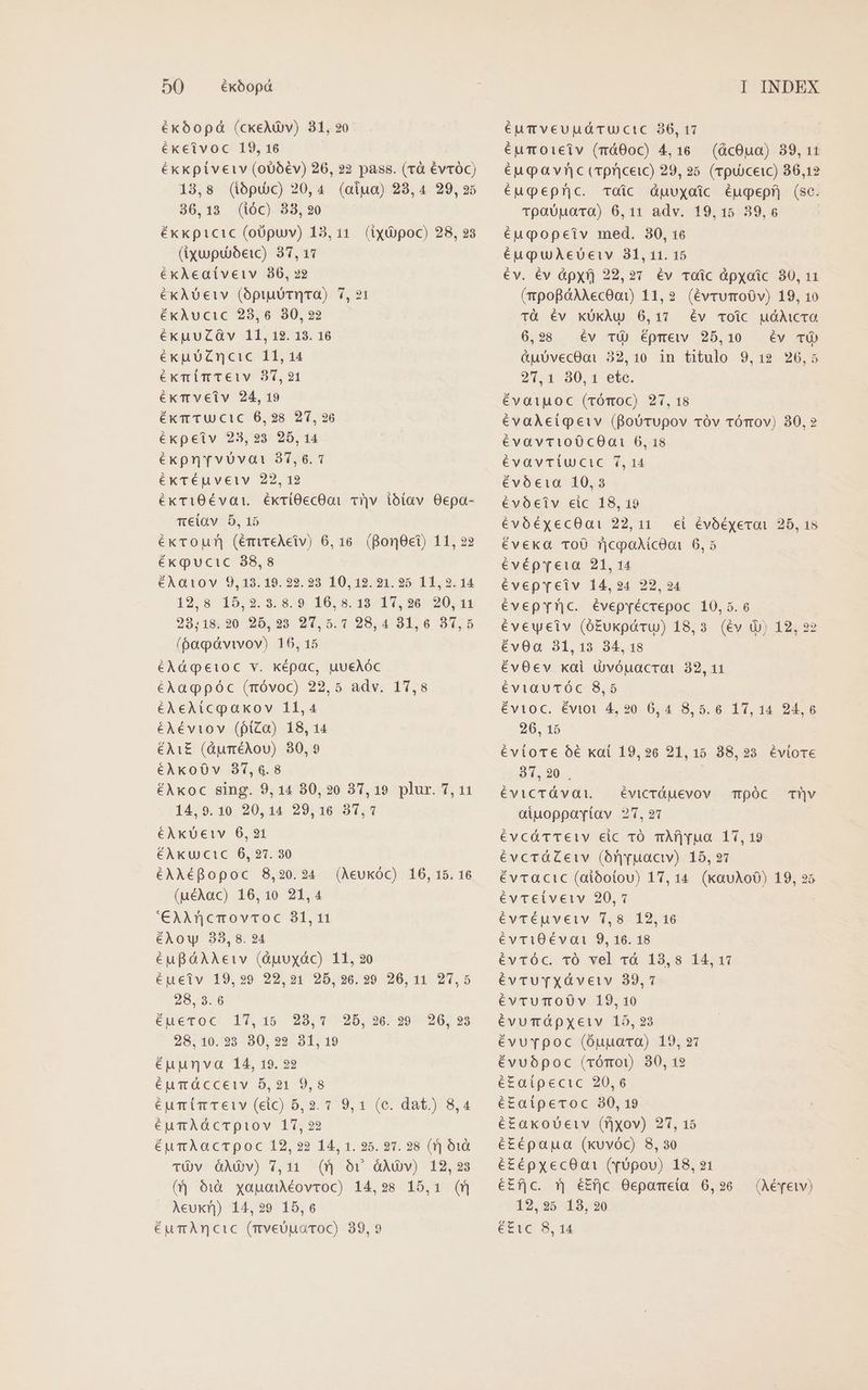 €x60pà (ckeAv) 81, 20 ékeivoc 19, 16 éxkpíiveiv (o00év) 26, 22 pass. (rà €évróc) 13,8 (iópuc) 20,4 (aiua) 23,4 29,235 36,13 (ióc) 33, 20 éxxpicic (oópuv) 13,11. (iyuipoc) 28, 93 (ixupubeic) 37,17 ékAcaíveiv 86, 22 €kAbDeiv (ópiuiTrTa) 7,21 ékAucic 23,6 30,22 €kpuuUCÓv 11, 12. 13. 16 éxuuUZncic 11, 14 ékxmimTeiv 357,21 €ékTrveiv 24, 19 ékTt TU cic 6,28 21, 26 €kxpeiv 23,23 925,14 €kprnTvvovat 37,6. 7 éxTéuveiv 22, 12 éxti0évai.. éxríO0ecOat vi|v ibiav Oepa- m€iav 5,15 €xToguf| (émvreAeiv) 6,16. (Bonet) 11, 22 ékqucic 38,8 éAat10v 9,13.19. 22. 23 10,12. 21. 25. 11,2. 14 12,8 15,9.3.8.9 16,8.48711,96^ 00, 11 28,18.20 25,28 217,5.7 28,4 31,6 87,5 (6aqávivov) 16, 15 éÀáqeioc v. képac, uueAóc €Alagpóc (róvoc) 22, 5 adv. 17,8 éAeAicpaxov 11,4 éAéviov (piZa) 18, 14 €AiE (àpuméAovu) 30,9 €AkoO0v 37,6.8 €Axoc sing. 9,14 80,20 37,19 plur. 7, 11 14,9.10 20,14 29,16 37,7 €Akbeiv 6,21 éAku cic 6, 27. 30 €AAéBopoc 8,20.24 (uéAac) 16,10 21,4 '€AAncmovrcoc 31,11 éAow 338,8.24 €uBóAAeiv (üpuxdc) 11, 20 éuciv 19,99 29,21 25,926.29 26,11 27,5 28, 3.6 éueroc 17,15 28,7 28,10.23 30,22 31,19 éupunva 14, 19. ?2 éumácceiv 5,21 9,8 €um im Teiv (eic) 5,2. 7 9,1 (e. dat.) 8,4 éuTAdcTQiov 17,22 éumAacTpoc 12,22 14, 1. 25. 27. 28 (T] Ó1à TÓv ÓóXGÀv) 7,11 (f ov àAOv) 12,23 ( ó:à xapouéovroc) 14,28 15,1 (f Aeux) 14,29 15,6 éumAÀncic (mveUuaroc) 89,9 (Aeukóc) 16, 15. 16 25,26. 29 20, 23 éuTveuuáTUCctc 36, 17 éuTOoieiv (má00c) 4,16 (GcOua) 89, 1t éu Qa vnic erpnriceic) 29, 25. (mpuiceic) 86,12 éuqepnc. Toic duuyxoic éugepf) (sc. TpaUuara) 6,11 adv. 19,15 39,6 éuqopeiv med. 30, 16 éuquaAecuoeiv 31, 11. 15 €v. év ápyíj 22,21 év Toüc àpyoic 80,11 (mpopáAAecOa:) 11,2 (évrumOo0v) 19, 10 Tà Éév KUÜkÀu 6,17 éÉv Toic uóicra 6,98 | év v() Éépmewv 25,10 év TD &amp;uUvecOai 32,10 in titulo 9,12 26,5 2,1 30,1 etc. évaiuoc (róTOC) 27, 18 €vaAecigeiv (BoUrupov vóv rÓmOv) 30,2 évavtio0cO0a1 6, 18 €vavTiucic 7,14 évócia 10,3 €vóeciv eic 18, 19 évóéxecOai 22, 11. €i évóéyeroi 25, 15 €veka TOÜ TjcpoA(cOooi 6,5 €vépeia 21, 14 évepeiv 14,24 22,24 évepyYnc. évepyécrepoc 10,5.6 €veyeiv (óEukpóru) 18,3 (év (y) 12,22 évOa 31,13 34, 18 évOecv xai dvóuacroi 32, 11 €viauTÓc 8,5 évioc. évioi 4,20 6,4 8,5.6 17,14 94,6 206, 15 €vioTe 6€ kat 19,26 21,15 38,233. évlote 291, 20. . éÉviCcTÓávai. — évicrüjuevov aiuopparíav 2'Y,97 évcáctTeiv eic 1TÓ mAf|vua 17,19 évcrTüZeiv (Oóruacw) 15, 27 évracic (aióotou) 17, 14. (kauAo0) 19, 25 évTeiveiv 20,7 é€vTéuveiv 1,8 12,16 évTiOéÉvat 9, 16. 18 &amp;vTÓc. TÓ vel vá 18,8 14,11 évTU T XG&amp;veiv 39,7 évruTOÜÓ0v 19,10 évumAOpyxeiv 15, 23 évuvTpoc (Oupara) 19, 27 évuópoc (rómo) 30, 12 é£aípecic 20,6 é£aiperoc 80, 19 é£axkouoeiv (fjyov) 21, 15 é£épapua (kuvóc) 8,30 é£épyxecO0a1 (vUpovu) 18,21 €£fjc. v| é£f]c Oepomeia 6, 26 12,25 193,20 €£1c 8, 14 ToÓC Thv (Aévetw)