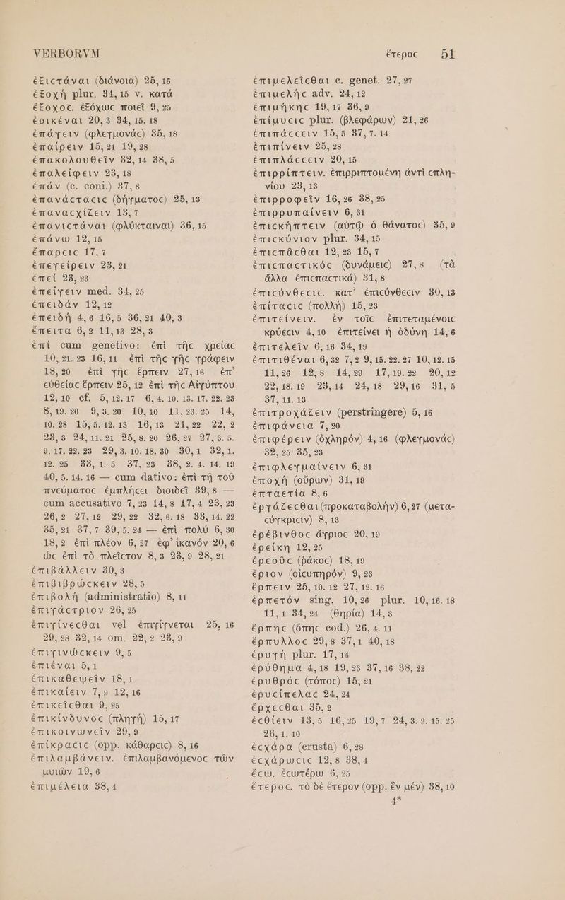 é£icrávai (biávoia) 25, 16 €£oxrj plur. 34,15 v. kará éEoxoc. é£óyuc moii 9, 25 €oikévai 20,3 34, 15. 18 émüTeiv (pÀeryuovác) 35, 18 émaipeiv 15,21 19,28 ércaKkoAÀouOeiv 32,14 38,5 éraAeciqeiv 238, 18 éT v (c. coni.) 37,8 éraváccacic (órruaroc) 25, 13 émavacytZeiv 13,7 érüvicrávai (gÀokroivot) 936, 15 émüvu 12, 15 etupcic 117,1 émeveipeiv 23,21 émet 28,23 émecliTeiv med. 34, 25 éTeibdv 12,12 émet] 4,6 16,5 306,21 40,3 éTeiTra 6,2 11,13 28,3 érí cum genetivo: émi Tf). xpeíiac 10,21.23 16,11 éTi Tfjc f|c [pàqeiv 18,20 émi Yí|c Épmew 27,16 ém c0Oeciac éprreiv 25, 19. émi Tfjc At[Um TOU 12,10 cf. 5,132.17 6,4. 10. 13. 17. 23. 23 $,19530:.-959.29' 10,10 11,925.25 14; 10428 *10,5,7t2. 13. | 16, 19^ 21,22. 22, 2 23,8 24,11.21 25,8.20 26,27 21,3.5. goim us ss. .29,9.10.18: 30. 1390, t 92,1. 19.405 99. 1. 6. 97,95 38, 2. 4. 14, 19 40, 5. 14. 16 — cum dativo: éri ríj ToO TveUuaTOoc éumAnce O:)016€i 39,8 — cum aecusativo 7,23 14,8 17,4 23,23 26,2 21,12 29,229 32,606.18. 83,14. 22 35,21 37,17 39,5.94 — émi TOÀ 6,30 18,2 émi mÀéov 6,27 ég'ixavóv 20,6 Uc éri TO mÀeicrov 8,3 28,9 28,21 émipAAAeiv 30,3 émififpubckeiv 28,5 émiBoAr| (administratio) 8, 11 éTi(fácTQtov 26,25 émi[(íivecOai1 vel émi[t[fverot 29,28 32,14 om. 22,2 23,9 émiYTivückeiv 9,5 émiévai 5,1 émiKkaOeuyeiv 18,1 émiKaieiv 7,9 12, 16 émiKeicOat1 9, 25 érikivoóuvoc (mÀnpn)) 15, 17 émikoivuveiv 29,9 émikpacic (opp. ká0apcc) 8, 16 émilauBáveiv. émiauBavóuevoc Tv uuit(v 19,6 émiuéAeia 88,4 25, 16 émiueAeicOai1 c. genet. 27,27 éTiueAnc adv. 24, 12 émiunknc 19,17 36,9 émí(uucic plur. (BAepápuv) 21, 26 émiTÓcceiv 15,5 37, 71.14 ém iu miveiv 25, 28 émimAdcceiv 20, 15 émippimTeiv. émppurrouévi &amp;vri crÀn- viou 23, 13 émippogeiv 16,26 38,25 émippumaiveiv 6,31 émicknmTeiv (aov Ó O0dvaroc) 35,9 érmickÜüviov plur. 34,15 émicmOcOat 12,23 15,7 émicmaccrikÓóc (buváuew) 27,8 (và ÓAÀa émicmacrikÓd) 31,8 émicUüvOecic. kar émicóvOeciv. 30, 13 éTiracic (ToÀÀAn) 15,23 €miT€clvetv. éÉv TOiC éÉmTitérauévoic xpüectv 4,10 émtiTelvet f| óbovr 14,6 émiTeAeiv 6,16 84, 19 | émiT10évai1 0,32 7,29 9,15. 22. 22 10, 12. 15 11,265.12;9.*14,99/ - 17,419.22 . 20,12 29,18.19 23,14 24,18 29,16 231,5 91, 11. 13 émirpoxáZeiv (perstringere) 5, 16 émipáveta 1, 20 émipépeiv (óyAnpóv) 4,16. (pAepuovác) 392, 5 35,23 émipAeruatveiv 6,231 éroxX| (obpuv) 31, 19 émraecia 8,6 éprácecOa1(mpokarafBoAnv) 6,21 (uecra- cÜYkpiciv) 8, 13 épéBivOoc dypioc 20, 19 épeixn 12,25 épeo0c (pákoc) 18, 19 épiov (oicumnpóv) 9, 23 épTteiv 25,10. 12 27, 12. 16 épTeTÓv sing. 10,26 plur. 10,16. 18 11,1 34,24 (0npía) 14,3 épmnc (ómnc cod.) 26, 4. 11 épmuUAAoc 29,8 37,1 40, 18 epu?) plur. 17, 14 époOnpga 4,18 19,23 937,16 38, 22 épuOpóc (rómOC) 15,21 €pucíimeAac 24,24 épxec8at 35,2 écOlevv 19,5 106,26 19.7 24,9. 9. 15. 29 26, 1. 10 écxàápa (erusta) 6, 28 écxyáàpucic 12,8 38,4 écu). cu réQu) 6, 25 érepoc. TO 6€ €repov (opp. ev uév) 38, 10 A*
