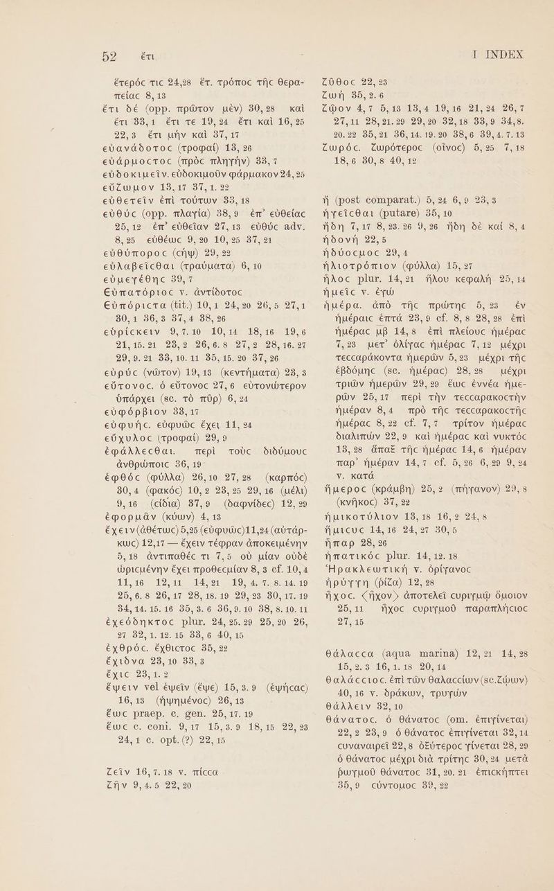 59 él érepóc vic 24,28. ér. rpómoc Tf|c 0epa- T€lac 8, 13 éri 6é (opp. mo rov uév) 30,28 xoi éri 83,1. éri ve 19,24. éri kai 16, 25 29 39 Cm uhv xdi 97,17 euavábocroc (rpopat) 13, 26 euáppuoccoc (mpóc mAnqnv) 33, v euóoxi1igeiv. eüóokiuo0v póáppuaxov 24, 25 cücwpuov 19,17 81, 1. 22 e€UOeceiv éri ToUtuv 83, 18 €uOUc (opp. rAa[ía) 38,9 ér eb0ciac 25,19 ém' eU0ciav 27,13 €000c adv. 8,95 eU00éuc 9,230 10,25 37,21 eo00mopoc (cy) 29, 22 euAaBeicOa: (rpabuata) 6, 10 eUüueréOnc 39,7 €ümaocóptioc v. ávriboroc €ómópicca (tit.) 10,1 24,20. 26; 5 27,1 80,1 36,3 37,4 38,236 €ópickeiv 9,7.10. 10,14. 18,16 19,6 21,15.21 29,2 .2060,6.8 21,9 28,10.97 29,9.21 33, 10. 11 35, 15. 20 31,26 eUpUc (viàrov) 19,13 (kevrr')uara) 23,3 €Uüvovoc. ó eÜürovoc 27,6 cuTOvUTepov omápxet (8c. TO mÓp) 6,2 eugóppiov 38,17 e€Uügunc. eüput)c éxei 11, 34 €üxquAoc (rpogpat) 29,9 épáAAecOat — Tepi. ToUc ÓibUuouc ávOpurmoic. 36, 19- épO0óc (qUAMM)) 26,10 27,28 (kapmóc) 80,4 (paxóc) 10,2 23,25 29,16 (u€X) 9,16 (cióàw) 37,9 (baqvíibec) 12, 29 popu v (kxouv) 4, 13 éxeiv(à0éruC) 5,25 (e0uOuc)11,24 (a0 Td p- KUJC) 12,17 — éxeiv Tégppav dmokeiuévnv 5,18 &amp;vrwtaO0Éc vi 7,5. oU ulav oU00€ dptcuévnv &amp;xet mpoOecuítav 8, 3 cf. 10,4 11,16 12,11 414.21 .19, 4 7, 8.44. 19 25,6,8 20,17 28,18. 19. 29, 929, 390, 17. 49 34,14. 15. 16 35,3. 6 36,9.10 38, 8. 10. 11 éxyeóónkrToc plur. 24,235.29 925,20 906, $7 32,1.12.15 33,6 40,15 éx0póc. éyOicroc 35, 22 éytóva 28,10 838,3 éxp0c 29,1. 2 Ééyeiv. vel éyeiv (éye) 15,3.9 (éyr|cac) 16,13 (ynuévoc) 26, 13 €uc praep. c. gen. 25, 17. 19 Ewc e. eon, 947 15,9.9 198,18 99 98 24,1 €. opt.(?) 22,15 Cciv 106,17.18 v. Tícca I INDEX C000c 22,93 CUT] 95, 2.6 Ci ov 4,7 5,13 19,4 19,16 21,24 26,71 26,11 28,21.29 29,20 32,18 83,9 34,8. 20.92 85,921 36,14.19.20 38,6 39,4.1.13 Cwpóc. Cupórepoc (oivoc) 5,235 7,18 18,6 30,8 40, 1? » (post comparat.) 5,24 6,9 23,3 QveicO0a1 (putare) 35, 10 on 7,11-8,923:26-9,926. 1|51- 6€ xoi 8,4 fóovrn 22,5 nóvocuoc 29,4 fjliiorpóTiov (QUAM) 15,91 fjÀoc plur. 14,21 íjÀov kegaAn. 25, 14 fQueic v. é[uUb uépao. ómó Tf mputTuc 5,203 éÉv fjuépoic émrà 23,9 cf. 8,8 98,28 éÉmi fuépac ug 14,8 émi mAeiouc nuépac 1,23 uer óMyac nuépac 7,12 puéypi Teccapákovra juepü)v 5,23 uéypi Tf|c épóóunc (se. fjuépac) 28,928 . uéypi Tpiwj)v rjuepüUv 29,99 éuc évvéa mnue- pv 25,17 Tepi T!|v Teccapaxkocti|v fuépav 8,4 mpó cf|c veccapaxocrí|c uépac 8,22 cf. 1,7 cpirov uépac ótAumUv 22,9 xai rjépac kai vukcóc 13,28 ümaz Tf|c uépac 14,6 nfuépav Tmap' nuépav 14,7 cf. 5,26 6,929 9,24 V. KQTÓ fuepoc (xpáàugn) 25,2. (rr avov) 29,8 (xvf]koc) 37, 22 fuikoTU0A10v 18,18 16,2 24,8 fiutcuc 14,16 24,27 30,5 fjirap 28,26 f maTrikóc plur. 14, 12. 18 'HpaxkxAeumik?» v. óptyavoc pun (fizo) 12,25 fixoc. (fixov» &amp;morelet cuprrut) óuotov 25,11 fjxyoc cupt(fuo0 TrapomAncioc 21, 15 0ádAacca (aqua marina) 12,?1 14,28 15,9, 39-16, 1. 189. 20. 14 OaAdccioc. érri rüv 0aAacctuv (sc.Zu)Uv) 40,16 v. ópdkuv, vpuYTUv OàAAeiv 32,10 Oávacoc. ó 0óvaroc (om. émi[iverau) 22,2 923,9 ó 0dvaroc émtfivecai 32,14 cuvavaipet 22,8. óE0cepoc vivera 28, 29 ó 0dvaroc uéxpi óià cptrqc 30,24 uerà puruo0 Oávaroc 31,20.21 éÉTiCk]m Tei