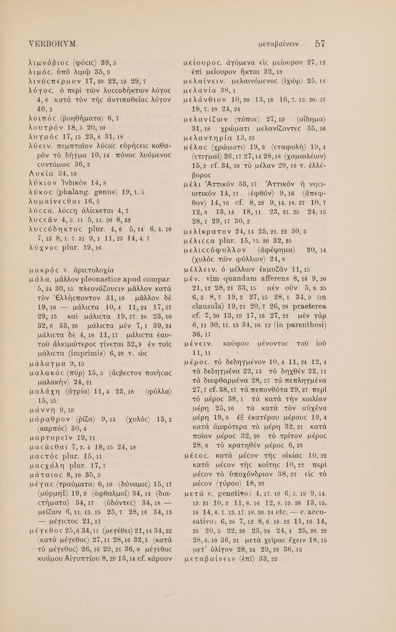 Aiuvófioc (pocic) 89,5 Aiuóc. 0TÓ Aud 85,9 Aivócmepuov 17,20 22,19 29,7 AóYvoc. Ó mepi tüv Auccoórnnkruv AóYToc 4,6 katà TÓv Tí]|c ávruraOciac AóTov 40, 2 Aowróc (BonOnuaca) 6,7 AoucTpóv 18,5 20,10 Auvuóc 17,15 28,8 31,18 Àóeiv. meumToiov Aocac eópnceic ka0a- póv vÓ óf]rua 10,14 Tóvoc Auóuevoc cuvróuuc 36,2 Auxta 34, 10 Aoxiov 'vótkóv 14,8 Aókoc (phalang. genus) 19, 1.5 AuuaivecOa1 16,5 Acca. Aüccy óAMckeroi 4, 7 AuccO v4, 911 D, 14: 20 8; 89 Auccóbnkroc plur. 4,6 5,14 6,4. 10 4149 8 dut si 9. 111,95 P4, £4 Aoxvoc plur. 19, 16 uakpóc v. ápicroAoyxía u &amp;AÀa. uGAXov pleonastice apud compar. 5,24 30,15 mÀeováZouciv uGAAov korá TÓv '€AAncmovrov 81,10 uàAAov ó€ 19,109 — udAicra 10,4 11,234 17,27 29, 15 xai uóàXicra 19,17.98 293,10 32,6 33,26 udMcra uév 7,1 89,234 u&amp;Aicra 66 4,18 11,17 jqóAicra éau- 100 dAkiud)repoc Yiverai 32,9. év roic udAicra (umprimis) 6,98 v. dc udAÀaYvTua 9,15 uaAaxkóc (mÓp) 15,5 (dcBecrov mow|cac uaAaknv) 24,21 uaAdàxm (dypto) 11,4 28,18 15, 95 ud&amp;vvn 9,19 uápaO0pov (pica) 9,13 (kapróc) 80,4 uapTrupeiv 19,11 uacaàcOa: 7,2. 4 18,15 24, 18 uacTóc plur. 15,11 uacxóáAm plur. 17,7 uácaioc 8,10 35,9 uérac (rpaóuara) 6,10. (bóvapuc) 15, 17 (uópun£E) 19,9 (óqO0aAuo0) 34, 14. (biía- cruara) 34,17 (ó60vreC) 84,18 — ueiZu)v 6,11.13.15 25,7 28,16 34,13 — yéricroc 21,17 uévTe00c 25,6 84,11 (ueyé0ev) 21,14 34, 22 (xatà ué[e80oc) 27,11 28,16 32,5 (karvà 10 uéTe0oc) 26,16 29,21 36,8 uéreOoc kxuáuou Atrur tou 8, 29 18,14 ef. kápuov (qu0AAQ) (xuAóc) 18,2 uetoupoc. àvóueva eic uetoupov 27, 12 éri uetoupov f|kroi 32,18 ueceAaíveiv. ueÀatóuevoc (iyup) 25, 14 uceAavia 38,1 uceAávOiov 10,20 193,16 16, 7. 12. 20. 27 18, 7. 18 24,34 uceAaviZuv (rómoc) 27,19 31,18 xpu)uati uceAavainpta 13, 23 uéAac (xpuuav) 19,8 (crapuN) 19,4 (crv(uat) 26,17 27,14 28,18 (yapoiéuv) 15,9 cf. 34, 10 TÓ uéAav 29, 16 v. €AMé- Bopoc uéAi Avrrixóv 38,17. Avmikóv. P) vnct- UTiKÓóv 14,11 (ég0óv) 9,16 (dmeg- Gov) 14,10 -cf. 8,29 29,14.18.27 10, T 19,8 13,14 18,11 23,231.25 24,15 28,1 29,17 30,2 uceAikpacov 24,14 25,21. 22 30,3 uéAicca plur. 15,:35.20 32,235 ueAiccópuAMov (Apéynua) (xuAóc TÓÀv qQUAMUMv) 24,8 uéAAeiv. ó uéÀXÀuv ékpuUCGv 11, 15 uév. vim quandam afferens 8,16 9,20 21,12 28,21 883,15 uév oUv 5,8.95 6,9 8,7. 19,9 27:15 2871 ' 94,9 ün clausula) 19,?1 20,7 26,20 praeterea ef, 7,30 18,19 17,16 21,29 gQéy Tàp 6, 11 30, 11. 15 34, 10. 1? (1n parenthesi) 36, 11 uévetiv. 1i t i uépoc. TO óeórnvuévov 10,4 11,24 12,4 1à oócón[uéva 22,13. 1Óó óny0év 22, 11 1&amp; Oót1epOapuéva 28, ?7 rà memAnruéva 21,1 cf. 38,11 và merovOóca 29,27 mepi 1OÓ uépoc 838,1 Tà karà Tl|v kouiav uépn 25,10 TÀà kKaüaTà TÓV QGÜXÉva uépn 19,8 é&amp;£ ékavépou uépouc 19,4 xarà àpuqpórepa và uépn 32,21 xarà TOiov uépoc 32,90 Ó Tpirov uépoc 28,6 60 kparnOév uépoc 6, 26 uécoc. xarà gécov Tí|c oikxiac 10,22 karà jQécov Tíjc koirQc 10,292 mepi uécov tO ÜOTmoyxóvóptov 38,22 ic TÓ uécov (vUpou) 18,90 uecá c. genetivo: 4,17. 19 6,5. 19 9, 14. 19.21:10,9. 11,6.16 12,85.19./26 12,415 18 14,6. 7. 13. 17. 18. 20. 24 etc. — c. accu- sabivo: 6,98 7,12 8,6.18.99 11,16 14, s5 20,5 22,26 23,94 24,4 2D, 26.29 28,6.10 36,21 uerà yeipac éyei 18, 15 uet. óAtqov 28,24 29,926 80,13 uecapaíiveiv (émi) 38, 22 (otónua) uceAaviZovrec 35,16 20, 14 koUpou uévovroc T00 io0