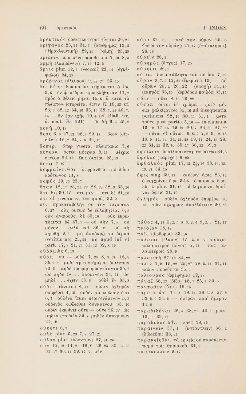 ÓpekTikóc. ópekrikuuTepoc rivecoi 26, 1 ópiravoc 28,21 31,6 (àgpéynpuo) 18,2 CHpakAeurikn). 22,95 (xópm) 25,29 ópiZeiv. dpicuévn TpoO0ecuía 7,10 8,3 ópun (AauBávew) 7,19 12,5 ópvic plur. 12,3. (veoccot) 28, 14. (épé- qQoAÀoi) 24, 929 ópófivoc (dAeupov) 9,22.2v 28,15 óc. óv fjc óokxiuaciac eópickeroi Ó ióc 9,6 év à xéópot mpoepAnncav 11,2 Tpóc O6 OéAeic fijo: 15,6. à xarà TO TÀeicrov icropetrai écriv. €&amp; 18,23. cf. 23,3 32,12 34,16 36,15 38,7.21 40, 1. 14 — Ov éàv cxfjc 10,4 (cf. Bla, Gr. d. neut. Gr. 221) — óc 6n 6,4 25,9 ócpu| 10, 18 0.C0/C 16.352 0.91:298 0997 07 citer) 16,92 94, *.8 29,19 ócmep. ÓOmep wviverai TÀeicrÓkic 7,6 ócTéov. Ócréaà puócxyeia 9,17 — uéypic ócréou 22,12 uc ócréou 25,19 OCTICOLOT ócppaivecOatr. kpóruvoc 11,8 ocque 19 25 29,4 Órav 12,17 29,91. 22.28.99. 32,,.9/.99. 20 ótc 61 80,15. óv€ uév — ócé 6€ 21, 20 óT1 cf. vwwüückeiv; (— quod) 32,9 oU. mpokarapoM]v o0 Tv «uyxoÜcav 6,27 oU obUTtuc óé eUAaQncéov 6,9 oUk GvoipoOct 56 35,16 — oUk ékpa- Ynceroai 6€ 87,7 — oU uv 7,5 o0 uóvov — QàÀAà xai 36,19 . oU ur Àno0f, 9,2 un &amp;moóapíj vÓó óÓépua (veritus ne) 23,22 qr apud inf. et part. 17,8 21,24 31,12 32,8.19 o060p 0c 6, 13 oUbé. oU — oUu0é 7,93 8,3.21 16,8 35,1.22 unóé rpirov rjuépac oiu4AumUv ócov (eir- ócppav0cic ToO ibtou 22,9 unóé vpogfic oppovricavra 35, 2 dc unóé év... UTmouéveiv 34, 94. Uc unóé...éxeav 35,6 o06€6 év 35,8 o0becíc (óvncic) 8,11. ob6év óyAnpóv émipépet 4, 15. o00€v TO KUJÀAOÓv écri 6,71 ov06éva icuev mepr[eváuevov 5,3 oUóevóc cuZcec0ai Ouvauévou 35, 10 oU6€v ékkpivet oUTe — ome 26,22. (uc unóév ó&amp;moóeiv 39,7 unóév àmokpivuv 21, 19 oUKéÉTi 6,3 GUATS plur. 6,.29..0, 7:91, 21 o0Ao0v plur. (06óvrvuv) 21, 24. 26 o0v 12,12.14,91 16,06 26,93 30,14. 30 31,17 30, 11:499. 17 09, 5 MV oUpáà 82,20 xarà Tv oUpàv 25,8 (Trepi t']v oópáv» 21,17 (&amp;rróckAnpoc) 28, 18 oUpeciv 28,2 oopnpóc (drroc) 17, 95 oÜ0pncic 26,2 oUcía. OóucueráfAncra coíic oUcioic 7, ?9 o0pov 9,7.9 12,21 (Ékkpicic) 18,131. ov oüpuv 20,1 26,22 (émoyn) 31,19 (campóc) 33,15. (&amp;qOó6pov mo166c) 38,15 oUTc — oüre 8,26 26,22 oóToc. ovo: óé xpuami oi» uév eicit xoAkiZovrec 35, 16 ad insequentia pertinens 22,15 30,11. 81,1. uer TOoÜ0TOo post partic. 5,16 — in clausula 19,10 14,16 19,91 20.7 326,20. 244 29 — oUru et oUcuc 6,8.9 7,9 9,12. 16 10,9 11,14 14,21.?8 19,11 24,19 28, 22.-91,22 32,10 .935,1*7 56,22. 39,3 ÓóqeíAetv. ógelAouctv 0eparreuecOat 34,5 óqecAoc (mrapéxeuU 6, 20 ópO0oaXuóc plur. 17,12. 25, 16 33, 13. 15. 19. 31 34, 15 óqic sing. 380,11 xaócuv Óóqic 26,15 ó kepxpivnc ógic 32,5 . ó mrápuoc ógic 35,15 plur. 81,16 oi Ae[óuevoi opvt- vài Ógetc 31, 10 óxÀnpóc. oo0év óyAnpóv émipépei 4, 15 TÓv OÓyAÀnpüv GmaAAdccew 20, 96 1000€.4,19 D, 9:00.88. 9.6.09. s S21 DT TO1ib1ov 18, 12 T aic (dqO0opoc) 33, 16 vTGÀGiÓC (ÉAodiov) 15,3.8 v. TÓfiXoC TOÀodiÓTepoc (oivoc) 5,24 . Toic ma- Aaiotépoic 28,9 moXAeverna 97V.19 94. 32 vTOÀÀiv 7,9 15,922 25,97 28,5.24 34,11 TOàMv TOpeUerai 35,1 T OÀtoupoc (&amp;péynua) 12,928 t ávatE 38,19 (fiZa) 18,7 25,1 30,5 TÀvroOev (Nie) 19, 13 dro pd scc dab» 14. 4 519992596..6-8 294.9 33,2.9 84,92 — Tuépav map' nuépav 14, 8 Tapabióóvai 26,5 38,9297 40,7 pass. 13,11 39,17 mapábóotoc adv. (moii) 18, 12 mTOGpaiveiv 37,4 (koravtAeiv) 36, 4 (bíbocOo1) 38, 21 TapaxeicOar vÓ cruceia oU rrapákerrat TOpà Toic Onpiakoic 34,2. TO 0OKoAAXQv 9,17