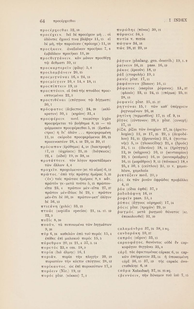 mpocépyxecOatr 32, 10 mpocéxeiv. ei 5é mpocéyew ur .. ol ób6óvrec Éyouci vwa pAdgnv 11,15 i 6€ uj, tT]v rapoücav (mpóceye» 11, 18 Tpocrhkeiv. óva£alvew Tpochket 7, 8 éupGAAewv mpocnhket 11, 20 mpocOi(fáveiv. küv uóvov mpocOtrn TÓÀ ücOuami 39, 12 mpockaprepeiv (iw) 5,6 mpocAaufáveiv 20,5 rTpocuifvóvati 16,8 24,13 Tpocuicreiv 10,8 14,8 18,11 mpocrmimTeiv 19, 19 TpocrtTUeiv. ol Um Tf|c rTuÓOOC Trpoc- entucuévoi 22,3 mpocriOÉvai (cmóp[ouc Ti) Ónjuam) 30,1 mTpócqpacoc (ácBecroc) 24, 20 xpacvov) 30,3. (xnpiov) 31,4 mTpocgpépeiv. med. «vocaótqv icxUv mpocpépevai TO BonOnua 8,923 — cÓ qàpuakov mpocpépec0ai 5, 26. (ÉumrAa- crpoCc) 5j óv ÓAUv ... mpocpepouévn 12,24 ckópoóa mpocoepóuevoi 38, 25 Tpocevekréov 28,4.10 29,14 89,17 mpócursov (époO0nua) 4, 18 (ó1acrpoqn) 17,12 (diypiacac) 21,25 — (O16 Kw cc) 22,4 (oibei) 19,28 38, 16 TpoTtáTTciv. TÓV ÀóTov mpoerá£auev TÓVv dAAUv 4,06 T poxeiv. mpoxeóuevov (sc. vó aiua) 6, 12 T pU Toc.'ódmó Tfjc mouiTI]C ')uépac 5, 23 (év5 cvoíc mpurraic rjuépaic 8,8. adv. T0ÓTÓv Te-uerà ToÜ0TOo 5,15 mpürov- eia. 23, 4. mpüvrov uév-eivra 27,21 mpüTov uév-ioiuc 56€ 29,1 mp Tov uév-ért 66 30,28 mpü)rov-uer' ÓMYov oó€ 30, 13 mTiCÓvr (xoAóc) 38, ?3 TTUÓc (aspidis species) 21, 14. 17. 19 (ueM- 29.9 Tm UEic 8,30 TUOÓÜv, TÀÓ TmeTmUUJUÉva TUV OrnfudtUV Ora6 TÜp 6,924 xaO0cAuv àmó ToO muUpóÓc 15,4 émíiOec éri uoAako0 mupóc 15,5 TUpec0pov 20,24 21,4 31,3. 14 vTuperóc 283,8 om. 18,9 mupía (bà. dAunc) 16,1 TUfpiQv. mupia Tv mAÀnynv 20, 18 TUpiQaTÉéOv Tl]v kücriv cmÓYTYoic 28, 12 TUpikauToc. tc éri mupikaUTUV 17,9 mUpóeiv (Nic.) 19, 12 TUpóc plur. (kóxkot) 7,2 mUpuonc (móvoc) 30,21 TUpucic 34,5 TUTÍQO V. TTUO TU Yu v 34, 16 Tr100.:28,:99 09. 10 péTtov (phalang. gen. describ.) 19, 1.2 paíveiv 16,21 pass. 16,19 páàxoc (épeoOv) 18, 19 pà£ (craqpuM|c) 19,3 povic plur. 17,11 poaqpávivov (éAatov) 16,15 pópavoc (saepius fégavoc) 18,29: (qAoióc) 23, 15. 24, 15 (cmépua) 25,21 28, 13 peqpavíic plur. 25,25. 21 pnrvvuvat 15,7. vÓv xa0' bmépyuciv ónrvuuévuv 20, 26 pnrivn (repuwwOivn) 17,21 cf. 9, 14 firoc (cóvrovov) 20,9 plur. (cuvexfi) 11548 piZa. piZoi vv Óvuxiuv 27,24 (dpicro- Aoxyiac) 12,28 17,25 29,5 (àcqoóé- Aou) 31,25 (Bpuuviac) 21,4 (Yevtia- vfjc) 5,18 (YvAukuctiónc) 21,4 (bpuóc) 31, 1. 11. (éAeviou) 18, 14. (pU nC) 12,38 (kàypuoc) 10,19 (xevraupiou) 29, 5 (xuduou) 16,20 (kuvokpdupnc) 16, 11 (uapáOpou) 9, 13 (rávakoc) 18,8 25,2 30, 5 (ceUTAou) 23, 19 v. xauoi- Aéuv, xaueAata purráZeiv med. 20,9 pic. ék TUv pw v &amp;qopibec mpoBáAAei 4, 12 $póo (cióta ép0d) 31,9 pobóbobdàgvr 16, 18 poqeciv pass. 13,3 puTmoc (dyrouc oópnpoO) 17, 24 fUcic plur. (rpixibv) 29,28 puYTuóc puerà puvruoO Oóvacoc (se. érakoAouOet) 31, 20 caAaudávópa 37,24 38,3 sq. cavóapáxn 10,27 campóc (oOpov) 33, 15 capkodgdYoc. 0avóvroc o06€ Év cap- koqpávou Orprávei 35,8 c&amp;áp£. rTüc &amp;qicrauévac cápkac 6,14. cap- Kó)v &amp;mÓppeuciv 32,14. 1] Ümoxeiuévn cápE 36,15 37,19 Tfjc capkóc dva- craOeicnc 6, 16 coó0pa XoXbikr] 97, 24. 25 Sq. CcBevvoeiv, cv óovautv. ToO ioO 7, 15