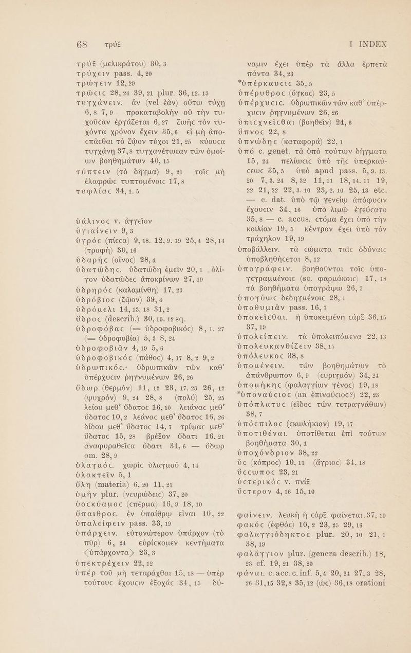 TQUE (uelixpárov) 30,3 TpÜxXeciv pass. 4, 20 1puYTeiv 12,29 TU ctc 28,24 39,21 plur. 36, 12. 13 TUTXÓveiv. Qv (vel éàv) oUvu cÓyQ 6,8 7,9. mpokaraBoM]v oo Tv TvU- xoOcav épráZevoai 6,97. Cuf|c TÓv cv- xóvra xpóvov éxew 35,6 ei uT] dmo- crmücOat TÓ ZU/ov TUXot 21,25. kÜouca TUTXÓÀvr) 37,8 tTuTXavéruxcav TÜv Óuol- uv Bon80nudáruv 40, 15 TUTTeiv (vÓ óÓfjruo) 9,21 élagppuüxc rum TOUÉVOIC 17,8 Tu QAtac 84,1.5 TOlCc um c f 0ÓAivoc v. &amp;YvY[eiov Oviaiveiv 9,3 Üvpoc (micco)- 9,18. 19,949 25,4 28, q4 (rpoqn) 80, 16 $5apnc (oivoc) 28,4 $6oacTu bnc. Oboruón éuciv 20,1 . 0M- Yov o6oTÓ)Oec dmokpivuv 27, 19 $6pnpóc (xoaAautvOn) 17, ?3 $6póftioc (Záàov) 39,4 $opóueAi 14,13. 18 31,2 Ó5poc (deserib.) 30, 10. 12 sq. $06popógBac (— v6pogofikóc) 8,1. 27 (— vo6pogofía) 5,3 8,24 $oópogoptiàv 4,19 5,6 $o6pogopixóc (má800c) 4,17 8,2 9,2 0ópuTikÓc. OópumiKÜv TÜv ko0' omépyuciv pnrvuuévuv 26, 26 Üóup (Oepuóv) 11,12 23,17.23 26, 19? (yuxpóv) 9,924 28,8 (moAo) 265, 925 Aetou ue0' O6aroc 16, 10 06aroc 10,9 Aeóávac ue0' 6oacoc 16, 96 oótóou ue0' 6óaroc 14,7 cplyac uc0' Oooaroc 15,98 ppétov oam 16,21 àvaqpupaOeica 06acvi 31,6 — Übup om. 28,9 ÜXaYTuóc. xupic OAÀaYuoD 4, 14 OAlakTeiv 5,1 ÜAn (materia) 6,920 11,21 Üurv plur. (veupubóew) 37, 20 bockvauoc (cruépua) 16,9 18, 10 ÜTai10poc. év Umai0pu civoi ÜTaAÀciqeiv pass. 33, 19 ÜTÓGpxetv. eUrovuTepov Umapyxov (TO T0p) 6,24 «eüOpíckouev xevriuara (oónápyovra» 23,3 UTmekTpéxeiv 22, 12 UTép ToO ur) rerapáy0oi 15, 18 — Omép TOUTOUC ÉXyouciv é£oxyóc 34,15 —O0- 10, 22 vQutv Ééxet TóvtO 94,23 oT épkaucic 35,5 óTmépuOpoc (ÓTfkoc) 23,5 Umépxucic. Obpumiküv vv xaO' ormép- yuciv Prrvuuévuv 26, 96 óTmicxveic8ai1 (BonOciv) 24,6 ÜTvoc 22,8 ümvuonc (xaragpopá) 22,1 UT Ó c. genet. rà óróÓ ToUTUv OÓf]Tuoro 15,234 meAiucac bmó Tfjc bmepkaU- ceUc 35,5 ómóÓ apud pass. 5, 9.13. 90 .4,8.24- 8,99. 11.1t 918, 94 100 190 s9 91,92 :92,3.10' 2352.10. 95.15 C6b6: — c. dat. ómó TÓ) veveiu imóqucv éyouciv. 34,16 — UTÓ uu é[eÓcovo 35,8 — c. accus. crÓóua éxei OmÓ Tv kouMav 19,5 xévrpov Éxyei UrÓ TOv T1pàxnÀov 19, 19 UTOoBÓAAew. cà cuarta cOic ÓbÓÜDvaic oTropAn8nceroi 8, 12 OóvmorTvpóágopeiv. Bon9oó0vroi Tolc Ümo- Yerpoauuévoic (sc. papudókoic) 17, 18 tà BonO0nuara Oómoypówu 20,: bTo[Uuc ócón[uévotc 28,1 UTroO0uuiGv pass. 16,7 Umép cTà dÀAa épmerà UTrOokeicOat — | omokeutévn cáp£ 36,15 9119 UTmOAÀecimeiv. rà ÜmoAeuróueva 22,13 ÜmoAecukavOitZeiv 38, 15 omÓAecuxkoc 38,8 ÜTOUÉVEIY. TÜv BonOnudtuv TO &amp;TàvOpumov 6,9 (cupt(uóv) 34, 21 bTourknc (goAarpriuwv Tévoc) 19, 18 *oTOovaüUcioc (an émvaücioc?) 22, 93 üTÓTÀOTUC (ciboc TOv TerpováOuv) 38,1 UT ÓcT1AÀOC (ckuAnjxiov) 19, 17 OmvoTi0évat.. OmociOecai émi TOUTUYV BonOnuara 30,1 UTOoxóvóptov 38, 22 0c (kómpoc) 10,11. (drpioc) 34, 18 Üccumoc 23,21 ÜcTepikóc v. mviE Ücrepov 4,16 15,10 Qaivetv. Aeukxn f| càpE gaíiverai. 31, 19 Qaxóc (ép0óc) 10,2 28,25 29, 16 qaAXaryióbnkToc. plur. 20,10 21,1 38, 19 qaAdrr10v plur. (genera describ.) 18, y9 ef. 19 91 88,20 Qva: c. acc. c, inf. 5,4 20,24 27,3 98, 26 31,15 32,8 35,19 (i)c) 36,18 orationi